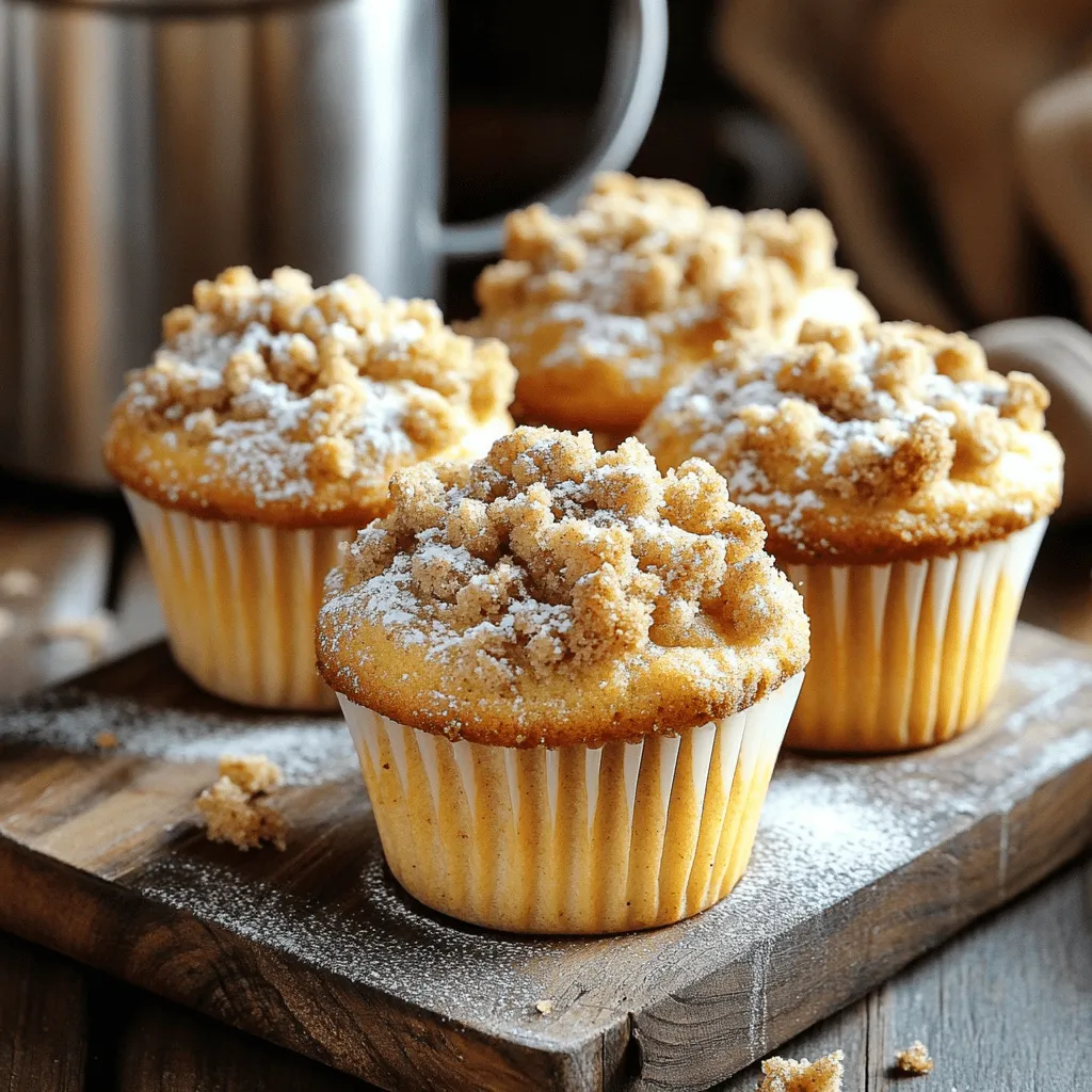 - 2 cups all-purpose flour - 1 cup granulated sugar - 1 tablespoon baking powder - ½ teaspoon baking soda - ½ teaspoon salt - ½ cup unsalted butter, softened to room temperature - 1 cup buttermilk (or milk with 1 tablespoon lemon juice mixed in) - 2 large eggs, at room temperature - 2 teaspoons vanilla extract - 1 tablespoon instant coffee granules, dissolved in 1 tablespoon hot water For the Crumb Topping: - ½ cup all-purpose flour - ¼ cup brown sugar, packed firmly - ½ teaspoon ground cinnamon - 3 tablespoons unsalted butter, melted - 1 cup = 240 ml - 1 tablespoon = 15 ml - ½ teaspoon = 2.5 ml - ½ cup = 120 ml - ¼ cup = 60 ml Knowing these conversions helps you adjust recipes easily. - Use fresh ingredients. Fresh baking powder and butter yield the best muffins. - For fluffier muffins, let eggs and buttermilk sit at room temperature. - Dissolving coffee granules in hot water enhances the coffee flavor. - The crumb topping should feel like wet sand. It adds texture and flavor. These tips make your Coffee Crumb Cake Muffins more tasty. Enjoy every bite! You can find the Full Recipe to get started. Set your oven to 350°F (175°C). This temperature helps the muffins rise well. Prepare a muffin tin by lining it with paper liners or greasing each cup with butter or spray. In a large bowl, whisk together the dry ingredients. You will need 2 cups of flour, 1 cup of sugar, 1 tablespoon of baking powder, ½ teaspoon of baking soda, and ½ teaspoon of salt. Mix them well until they are all combined. In a medium bowl, cream ½ cup of softened butter until light. This should take around 2-3 minutes. Then, add 1 cup of buttermilk, 2 large eggs, 2 teaspoons of vanilla extract, and the hot water with 1 tablespoon of dissolved coffee granules. Mix until smooth and fully blended. Slowly pour the wet mixture into the dry ingredients. Stir gently with a spatula until just combined. A few lumps are okay; avoid overmixing. Spoon the batter into the muffin cups, filling each about two-thirds full. Top them with the crumb mixture. Place the muffin tin in the oven and bake for 18-20 minutes. Check doneness with a toothpick; it should come out clean or with a few crumbs. Once baked, let them cool in the pan for 5 minutes, then transfer them to a wire rack to cool completely. For the full recipe, you can refer to the recipe section. To get an amazing crumb topping, use cold butter. Cut it into small pieces. Mix it with flour and sugar until it looks like sand. This helps create a nice crunch. Don’t skip the cinnamon; it adds a warm flavor. Make sure to sprinkle the crumbs evenly on the muffins. This way, each bite is delicious. One common mistake is overmixing the batter. Mix just until the dry and wet ingredients blend. This keeps your muffins light and fluffy. Another mistake is not checking the oven temperature. An oven that is too hot can burn the muffins. Always use an oven thermometer for accuracy. Lastly, let the muffins cool before serving. This helps the flavors develop and makes them easier to eat. For a lovely display, use a wooden board. Place the muffins in a circle or line. Dust them with powdered sugar for a nice touch. You can also add fresh berries or sprigs of mint for color. Serve the muffins with coffee or tea. This creates a perfect breakfast or snack time moment. If you want, pair them with a small bowl of whipped cream for extra fun. {{image_4}} You can enhance your muffins by adding nuts or chocolate chips. Walnuts or pecans add a nice crunch. Just mix in about ½ cup of chopped nuts when you combine the wet and dry ingredients. For a sweet twist, add ½ cup of chocolate chips. They melt slightly and create a rich flavor. You can make these muffins even more special with spices or citrus zests. Consider adding a teaspoon of nutmeg or cardamom for warmth. A tablespoon of lemon or orange zest brightens the taste. These flavors blend well with coffee and make each bite exciting. If you need gluten-free muffins, you can use gluten-free flour. Replace the all-purpose flour with a 1:1 gluten-free blend. Make sure the blend contains xanthan gum for better texture. The muffins will still be soft and delicious, perfect for all to enjoy. To keep your Coffee Crumb Cake Muffins fresh, store them in an airtight container. This helps lock in moisture and flavor. Place a paper towel at the bottom of the container to absorb any excess moisture. You can keep them at room temperature for up to three days. For longer storage, consider the next steps. Freezing muffins is a great way to save them for later. First, let the muffins cool completely. Wrap each muffin tightly in plastic wrap or aluminum foil. Then, place them in a freezer-safe bag or container. They can last for up to three months in the freezer. When you’re ready to enjoy, simply thaw them at room temperature. Reheating your Coffee Crumb Cake Muffins is easy. If they are at room temperature, place them in a preheated oven at 350°F (175°C) for about 5-10 minutes. This warms them and keeps the crumb topping crunchy. You can also microwave them for 15-20 seconds if you’re short on time, but the oven method gives better results. Coffee Crumb Cake Muffins are special because they mix cake and muffin traits. The crumb topping adds a crunchy texture. The coffee flavor gives it a rich taste. These muffins are perfect for breakfast or snacks. They are soft inside and have a sweet, crumbly top. Yes, you can swap some ingredients if needed. Use whole wheat flour for a healthier option. Almond milk works well if you don’t have buttermilk. You can try coconut butter instead of regular butter. Just keep in mind, these changes may alter the taste or texture a bit. These muffins can stay fresh for about 3 days at room temperature. Store them in an airtight container to keep them moist. If you want to keep them longer, freeze them. They can last up to 3 months in the freezer. Just make sure to wrap them well. These muffins pair well with fresh fruit or yogurt. A cup of coffee or tea enhances the flavor. You can also serve them with a dollop of whipped cream for a treat. They make a great addition to brunch spreads too. You can find the full recipe for Coffee Crumb Cake Muffins in the recipe section above. This will give you all the details you need for making these delightful muffins. You learned about the key ingredients and tips for perfect Coffee Crumb Cake Muffins. I shared how to mix, bake, and store them to keep them fresh. Remember, small changes can make a big difference. Enjoy experimenting with flavors and presentation. Make these muffins yours and watch them disappear! With the right techniques, your baking can impress anyone. Keep practicing, and you'll master these muffins in no time!