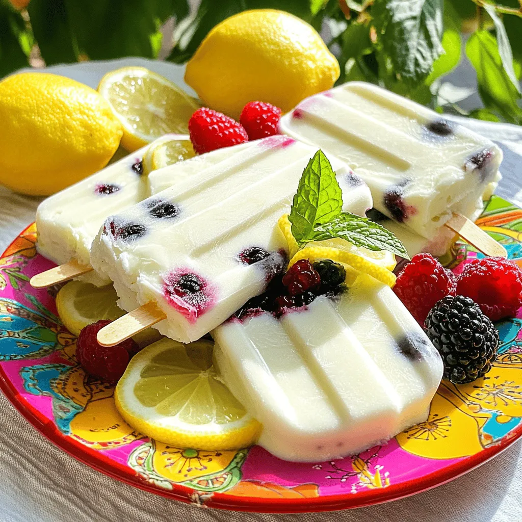 - 2 cups plain Greek yogurt - 1 cup freshly squeezed lemon juice - 1/2 cup honey or agave syrup - 1 teaspoon finely grated lemon zest - A pinch of salt Greek yogurt lemon popsicles need simple and fresh ingredients. The main base is Greek yogurt. It gives a creamy texture and adds protein. I love using freshly squeezed lemon juice for the best flavor. It makes the popsicles bright and tangy. Honey or agave syrup adds sweetness. You can adjust the amount to your taste. Don’t forget the lemon zest! It gives a nice punch of flavor. A pinch of salt enhances all the tastes. - Fresh berries (strawberries, blueberries, raspberries) - Mint for garnish Adding fresh berries is a fun twist. They add color and extra flavor. You can use strawberries, blueberries, or raspberries. Just chop them small and fold them into the yogurt mix. Mint makes a lovely garnish. It looks nice and adds a fresh taste. These options make your popsicles even more exciting! For the full recipe, you can check the details above. - Step 1: In a large bowl, mix the Greek yogurt, lemon juice, honey or agave syrup, lemon zest, and a pinch of salt. Use a whisk or spatula. Make sure to mix until it is smooth and creamy. This helps all the flavors blend well. - Step 2: Taste the mixture. If you want it sweeter, add more honey or agave syrup. Mix well after each addition. This way, you can get the flavor just right for your taste. - Step 3: If you like berries, chop them into small pieces. Fold them gently into the yogurt mixture. Be careful not to break them apart too much. This adds a nice burst of flavor and color. - Step 4: Carefully pour the yogurt mixture into your popsicle molds. Fill them almost to the top, but leave some space. This space allows the mixture to expand as it freezes. - Step 5: Insert the popsicle sticks into the center of each mold. Make sure they stand upright and are centered. This keeps the popsicles easy to hold. - Step 6: Place the molds in the freezer. Let them freeze for 4-6 hours or until they are completely firm. This is key for the perfect popsicle texture. You can find the full recipe for these delightful treats in the earlier section. Enjoy making your Greek yogurt lemon popsicles! To make your Greek yogurt lemon popsicles truly shine, focus on sweetness first. Start with the honey or agave syrup. Add it a little at a time. This way, you can taste as you go. You want just the right balance. Fresh lemons are key too. They give a zesty punch that bottled juice can't match. Use ripe, juicy lemons for the best flavor. Zest them finely for an extra burst. Presentation matters, even for popsicles! Serve your popsicles on a bright, colorful plate. This makes them pop visually and adds joy to the treat. You can also garnish them with fresh mint leaves. A mint sprig adds a nice touch. Thin lemon slices are another great option. They look pretty and add more flavor. Enjoy serving these vibrant popsicles at your summer gatherings! {{image_4}} You can easily change the flavor of your Greek yogurt lemon popsicles. One quick way is to add a splash of vanilla extract. This will give your popsicles a warm, sweet note. You can also try different fruit purees. Berry purees, like raspberry or strawberry, add depth. Mango puree offers a tropical twist that complements the lemon well. Just blend the fruit with a bit of yogurt before mixing it into your popsicle base. If you want a dairy-free option, you can swap Greek yogurt for a dairy-free yogurt. Coconut or almond yogurt works great. They add a nice creaminess without dairy. You can also try flavored yogurts. Using strawberry or peach yogurt can add a unique taste to your popsicles. This opens up a world of flavor combinations that everyone can enjoy. These variations give you room to explore and make your popsicles even more fun. Feel free to mix and match flavors to suit your taste! For the full recipe, check the main section. To keep your Greek yogurt lemon popsicles fresh, store them in the freezer. They taste best when eaten within 2-3 weeks. After this time, they may lose some flavor. When it’s time to enjoy your popsicles, use the warm water method. Simply run warm water over the outside of the molds for a few seconds. This helps the popsicles slide out easily. No need to struggle with the molds! Enjoy your refreshing treat without the fuss. For the full recipe, check out the guide above. To make Greek yogurt lemon popsicles, follow these steps: 1. In a bowl, mix 2 cups of plain Greek yogurt with 1 cup of freshly squeezed lemon juice. 2. Add 1/2 cup of honey or agave syrup, 1 teaspoon of lemon zest, and a pinch of salt. 3. Whisk until smooth and creamy. Taste it; add more honey if needed. 4. If you want berries, chop them and fold them into the mix. 5. Pour the mixture into popsicle molds. Leave a little space for freezing. 6. Insert popsicle sticks and freeze for 4-6 hours until solid. 7. To release, run warm water over the molds for a few seconds. For the full recipe, check the guide. Yes, you can use different sweeteners! You might like maple syrup or agave syrup. These sweeteners work well and give a unique taste. Just remember to taste as you go. Adjust the sweetness to your liking. You want it to be just right! You can use various yogurts for this recipe. If you need a dairy-free option, try coconut or almond yogurt. Flavored yogurts also work great, but they will change the popsicle's taste. Just keep in mind that plain yogurt gives the best lemon flavor. Have fun with your choices! You can make tasty Greek yogurt lemon popsicles using just a few simple steps. We covered the main and optional ingredients, preparation, freezing, and serving tips. Try adding different fruits or yogurt for new flavors. Remember to store these popsicles right, and enjoy them within a few weeks for the best taste. With this guide, you’re ready to create your own cool treats. Have fun experimenting and enjoy the bright flavors of lemon!