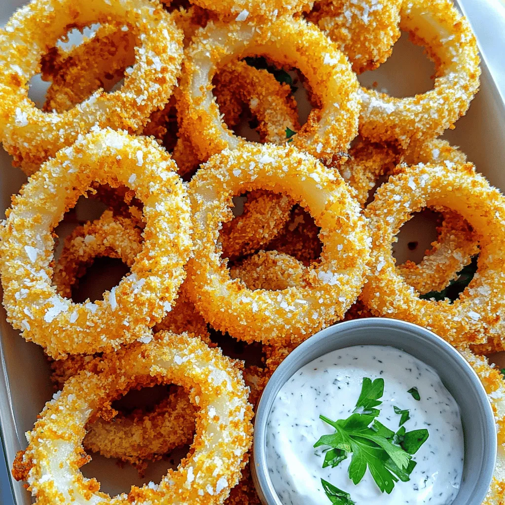 - 2 large onions (sweet or yellow) - 1 cup buttermilk (or substitute) - 1 cup all-purpose flour - 1 cup panko breadcrumbs - 1 teaspoon garlic powder - 1 teaspoon smoked paprika - ½ teaspoon cayenne pepper - Salt and black pepper - Cooking spray - For buttermilk, mix 1 cup of milk with 1 tablespoon of lemon juice. - You can use gluten-free flour, like almond or coconut flour. - Try crushed cornflakes or regular breadcrumbs instead of panko. - You will need an air fryer for this recipe. - Shallow dishes help with coating the onion rings. - A whisk and measuring cups are key for mixing ingredients. With these ingredients and tools, you’re ready to make the best crispy onion rings. The mix of spices adds flavor, while the panko gives that perfect crunch. Adjust the cayenne for more heat or swap in different breadcrumbs for a unique twist. - Soaking the onion rings Soak the onion rings in buttermilk for at least 30 minutes. This step makes the onions soft and tasty. Buttermilk also helps the coating stick better. You can mix milk with lemon juice if you don’t have buttermilk. - Preparing the flour coating In a shallow dish, mix the all-purpose flour, garlic powder, smoked paprika, cayenne pepper, salt, and black pepper. Whisk it all together until it is well combined. This mix will give the onion rings a lovely flavor and nice crunch. - Dipping in buttermilk After soaking, take each onion ring out. Dip it back into the buttermilk for a quick dunk. This helps the flour and breadcrumbs stick well. Let any extra buttermilk drip off before moving on. - Applying the breadcrumb layer Now, it's time for the panko breadcrumbs. Place the buttermilk-coated onion rings into the dish with breadcrumbs. Press down gently to make sure the breadcrumbs stick. The more, the merrier when it comes to crunch! - Preheating the air fryer to the right temperature Set your air fryer to preheat at 375°F (190°C). This step is key to getting that golden-brown color and crisp finish you want. - Arranging onion rings in the basket Place the breaded onion rings in a single layer in the air fryer basket. Be sure not to overcrowd them; they need space to cook evenly. Lightly spray the tops with cooking spray for extra crunch. - Cooking time and monitoring for crispiness Air fry the onion rings for 10-12 minutes. Flip them halfway through to ensure they cook evenly. Keep an eye on them; they should be golden brown and crispy. If necessary, add a couple more minutes for that perfect crunch. To get the best crunch from your onion rings, start by drying them well. After soaking them in buttermilk, pat them with a clean towel. This step helps remove extra moisture. Next, adjust the amount of cooking spray. A light spray on the tops before cooking helps them crisp up nicely. Remember to flip the onion rings halfway through the cooking time. This will ensure both sides turn golden brown and crispy. You can easily change the spice levels in your onion rings. If you like heat, add more cayenne pepper. Start with the ½ teaspoon in the recipe, then taste and adjust. You can also experiment with other spices. Try adding onion powder or black pepper for extra flavor. Mixing in some grated cheese with the breadcrumbs can also enhance the taste. Pair your crispy onion rings with great dipping sauces. Ranch dressing and aioli are classic choices. You can also try spicy ketchup or honey mustard for a fun twist. For plating, arrange the onion rings on a nice platter. You can add a sprinkle of fresh herbs on top for color. This makes your dish look even more appealing. Enjoy your crunchy treat! {{image_4}} You can spice up your onion rings in many ways. Want heat? Try adding cayenne pepper. Use 1 teaspoon or more if you love spice. For a cheesy twist, you can make cheese-filled onion rings. Just place cheese in the middle of each ring before you coat them. This gives a delicious surprise in every bite. You can bake onion rings if you don’t have an air fryer. Preheat your oven to 425°F (220°C). Place the coated rings on a baking sheet and spray them lightly with cooking spray. Bake for about 20-25 minutes. Flip halfway for even crispiness. Some people love traditional deep frying. Heat oil in a pan to 350°F (175°C). Fry the rings for about 3-4 minutes until golden brown. This method gives a classic taste but is less healthy. You can add seasonal flavors by mixing in herbs like thyme or rosemary. These give a fresh taste. For a sweet option, try caramelized onions. Cut onions, sauté them until brown, then use them in your rings. This adds a sweet and rich flavor that everyone will enjoy. To store leftover onion rings, place them in an airtight container. Keep them in the fridge. They stay fresh for about 3 days. If you want them to stay crisp, don’t stack them. To reheat and keep them crispy, use your air fryer. Set it to 350°F (175°C) for about 5 minutes. This method brings back the crunch. Avoid the microwave; it makes them soggy. To freeze onion rings, first, cool them completely. Then, spread them on a baking sheet. Freeze until solid, about 1 hour. Transfer to a freezer bag and remove as much air as you can. To thaw, leave them in the fridge overnight. For best results, reheat from frozen in the air fryer. This keeps them crunchy. You should soak the onion rings for at least 30 minutes. Soaking in buttermilk helps the onion rings soak up flavor. This process makes them tender and adds a nice taste. Yes, you can use frozen onion rings, but they will differ in cooking. Frozen onion rings might need more time in the air fryer. Check the package for cooking times. Fresh onion rings will have a better texture and flavor. Onion rings go well with many dishes. You can serve them with burgers or sandwiches. They also pair nicely with salads. For drinks, try a cold soda or a light beer. Dipping sauces like ranch or aioli enhance the flavor too. This blog post covered a simple yet tasty way to make onion rings. We looked at the ingredients, tools, and step-by-step instructions. I shared tips for crispiness and flavor, along with variations for fun twists. Remember, you can adjust spice levels or even explore baking or frying methods. Don’t forget to store and reheat leftovers properly. Enjoy your delicious onion rings any way you choose! You now have the knowledge to create something great for yourself or share with others.