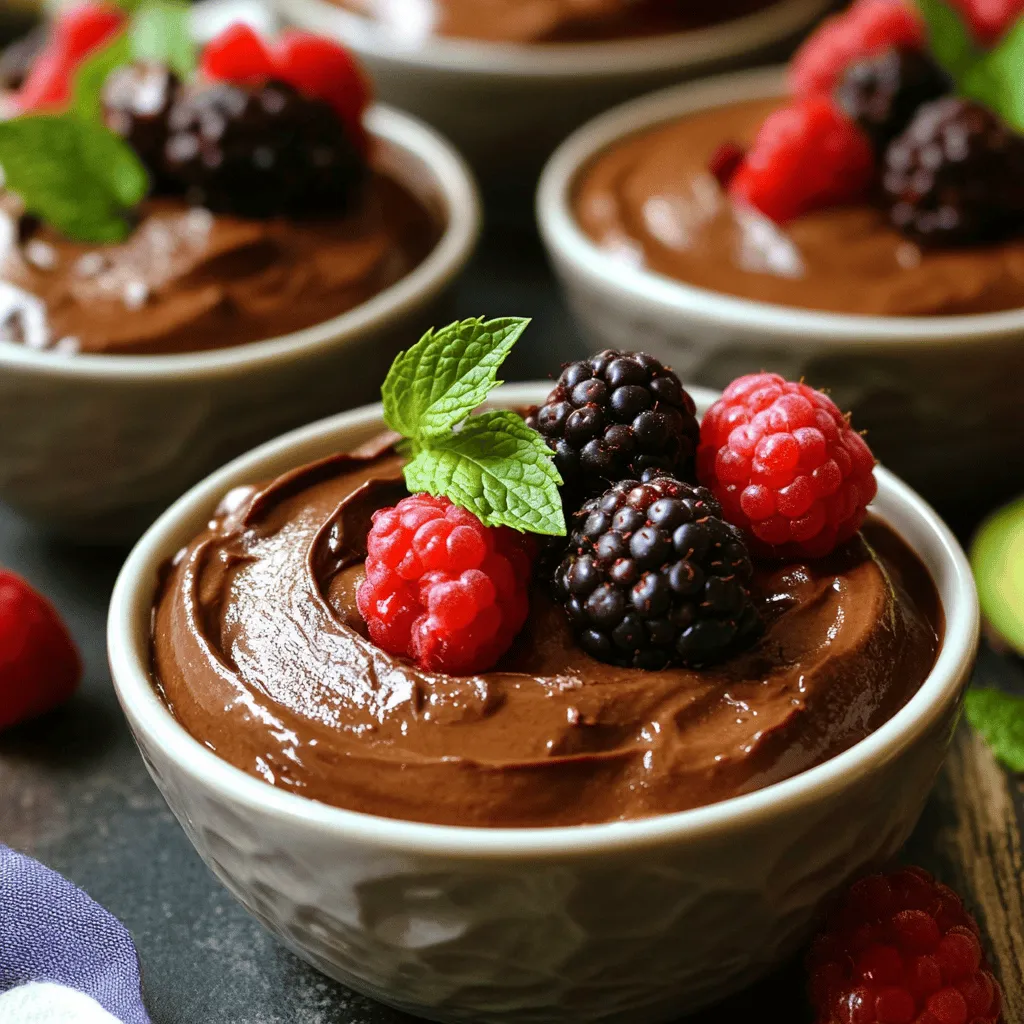 - 2 ripe avocados, peeled and pitted - ½ cup unsweetened cocoa powder - ¼ cup maple syrup - ¼ cup almond milk (or any non-dairy milk of your choice) - 1 teaspoon pure vanilla extract - A pinch of fine sea salt - Fresh berries (such as raspberries or strawberries) and fresh mint leaves for garnish (optional) - Avocados: They are rich in healthy fats. They help keep your heart strong. They also have fiber, which aids digestion. - Cocoa powder: It is full of antioxidants. These help fight free radicals in your body. Cocoa can also boost your mood. - Maple syrup: This natural sweetener has vitamins and minerals. It provides a healthier option than refined sugar. - Almond milk: It is low in calories and dairy-free. It is good for those who are lactose intolerant. - Vanilla extract: It adds flavor and has calming effects. It can also improve your mood. - Sea salt: Just a pinch enhances the flavor. It helps balance out sweetness in the mousse. - Fresh berries and mint: They add vitamins and a pop of color. Berries are full of antioxidants, while mint adds a fresh taste. - Avocados: If you cannot find avocados, use silken tofu for a creamy texture. - Cocoa powder: You can use carob powder if you prefer a caffeine-free option. - Maple syrup: Honey or agave syrup can work as sweeteners too. - Almond milk: Use soy, oat, or coconut milk based on your preference. - Vanilla extract: You can skip it, but it adds a lovely flavor. - Sea salt: Regular table salt can be used as a substitute. - Berries and mint: Any fruit or herb can fit your taste for garnish. Start by taking two ripe avocados. Cut them open, and remove the pits. Use a spoon to scoop the green flesh into a bowl or food processor. Make sure to get all of it! The avocados give this mousse its creamy texture. Their natural fats help make it rich and smooth. Now, add the following to the food processor: - ½ cup unsweetened cocoa powder - ¼ cup maple syrup - ¼ cup almond milk (or any non-dairy milk of your choice) - 1 teaspoon pure vanilla extract - A pinch of fine sea salt Secure the lid tightly. Blend the mixture on high speed. Keep blending until everything is silky smooth. This usually takes around 2-3 minutes. Don’t forget to stop and scrape the sides of the bowl. This helps mix all the flavors well. After blending, taste the mousse. If you want it sweeter, add more maple syrup. Blend again for a few seconds to mix it in. Next, spoon the mousse into individual serving dishes. Fill them to your liking. For the best taste and texture, place the mousse in the refrigerator. Let it chill for at least 30 minutes. This step helps the mousse firm up and lets the flavors blend nicely. When you’re ready to serve, take it out and garnish with fresh berries and mint leaves for a colorful touch! To get the best texture, use ripe avocados. They should feel soft when you gently squeeze them. Cut them in half, remove the pit, and scoop the flesh into a blender. Blend the avocados with cocoa powder and almond milk until smooth. This step usually takes 2-3 minutes. If the mousse is still chunky, blend a bit longer. Scraping the sides of the blender helps mix everything evenly. After blending, taste your mousse. If it needs more sweetness, add more maple syrup. Blend again to mix in the extra syrup. You can also try adding a touch of instant coffee. This enhances the chocolate flavor and adds depth. A pinch of sea salt can also boost the flavor. Serve your mousse in small bowls or glasses. Decorate each serving with fresh berries like raspberries or strawberries. A sprig of mint adds a nice touch, too. For a fun twist, add a dollop of whipped coconut cream on top. Chill the mousse for about 30 minutes before serving for the best taste. {{image_4}} You can easily make this mousse vegan. The basic recipe is already dairy-free. Just use plant-based milk like almond, oat, or coconut milk. This gives you that creamy texture without any animal products. It tastes just as rich and delicious! Want to switch it up? Try adding nut butters like almond or peanut butter. This adds a nutty flavor that pairs well with chocolate. You can also mix in flavored extracts, like hazelnut or mint. Start with a teaspoon and taste as you go. This will enhance the mousse and make it even more special. Garnishes can really make your mousse shine. Fresh berries like raspberries or strawberries add color and freshness. Mint leaves bring a nice touch of brightness. You can also sprinkle some chopped nuts or seeds on top. This adds crunch and makes each bite fun. Get creative with what you have at home! To keep your chocolate avocado mousse fresh, store it in an airtight container. This helps avoid any unwanted odors from your fridge. If you do not have a lid, cover it tightly with plastic wrap. Press the wrap directly onto the mousse surface to limit air exposure. When stored properly in the fridge, your mousse lasts about three days. If you notice any changes in smell or texture, discard it. Avoid leaving the mousse at room temperature for more than two hours. This prevents bacteria growth and keeps the mousse safe. You can freeze chocolate avocado mousse if you want to enjoy it later. Place it in a freezer-safe container and cover it tightly. It can last up to three months in the freezer. When ready to eat, thaw it overnight in the fridge. Give it a quick stir before serving to revive its creamy texture. Yes, chocolate avocado mousse is healthy! It has good fats from avocados. These fats help your heart and keep you full. The cocoa powder adds antioxidants, which are great for your body. Maple syrup is a natural sweetener, offering some vitamins and minerals. This mousse is a tasty treat that won’t make you feel guilty. Absolutely! You can use honey, agave syrup, or even stevia. Each sweetener changes the taste a bit. If you want to try something new, use coconut sugar. It adds a nice caramel flavor. Just remember to adjust the amount to fit your taste. The mousse can last about three days in the fridge. Make sure to cover it well. This keeps it fresh and tasty. If you see any darkening on top, don’t worry. Just stir it before serving, and it will taste great! Yes, you can make this mousse a day ahead. It actually tastes better after chilling overnight. Just store it in a covered bowl in the fridge. When you’re ready to serve, add your favorite berries and mint for a fresh look. Enjoy your delicious treat! This blog post shared a simple recipe for chocolate avocado mousse. We explored ingredients and their health benefits. I provided steps to prepare and chill the mousse. You learned tips for the best texture and flavor adjustments. We covered fun variations and storage options to keep your mousse fresh. Remember, this treat is not only tasty but also good for you. Enjoy your creamy dessert without guilt!