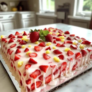 - 2 cups all-purpose flour - 1 ½ cups granulated sugar - 1 tablespoon baking powder - ½ teaspoon salt - ½ cup unsalted butter, softened - 1 cup buttermilk, at room temperature - 4 large eggs - Zest from 2 lemons - 1/3 cup fresh lemon juice - 1 teaspoon vanilla extract - 1 cup fresh strawberries, diced - 1 ½ cups powdered sugar - 2-3 tablespoons fresh lemon juice - 1 tablespoon lemon zest (optional) - Additional diced strawberries for garnish Let’s talk about the ingredients. First, I use dry ingredients like flour, sugar, baking powder, and salt. These form the base of the cake. The flour gives the cake structure. The sugar adds sweetness. Baking powder helps it rise, while salt balances the flavors. Next, I mix in the wet ingredients. Softened butter makes the cake rich and moist. Buttermilk adds a tangy flavor and keeps the cake tender. The eggs bind everything together. Adding lemon zest and juice brightens the flavor. Lastly, diced strawberries bring a fresh taste and texture. For the lemonade glaze, I combine powdered sugar and lemon juice. This mix gives a sweet and tangy finish. I may add lemon zest for extra zing. Don’t forget to garnish with more strawberries! They make the cake look stunning. Use fresh, ripe strawberries for the best flavor. - Set oven to 350°F (175°C) - Prepare the cake pan for baking Start by preheating your oven. Setting it to 350°F (175°C) warms it up for baking. Next, grab a 13x18-inch sheet cake pan. Grease it with butter. Lightly dust it with flour. This step helps the cake slide out easily after baking. - Combine flour, sugar, baking powder, and salt In a large bowl, mix the dry ingredients. Combine 2 cups of all-purpose flour with 1 ½ cups of granulated sugar. Add 1 tablespoon of baking powder and ½ teaspoon of salt. Whisk them together well. This helps to evenly distribute the baking powder. - Beat softened butter until fluffy - Gradually incorporate granulated sugar In another bowl, take ½ cup of softened butter. Beat it with an electric mixer until it’s fluffy. This should take a few minutes. Next, slowly add granulated sugar while mixing. Continue to beat until the mixture is light and airy. - Mix buttermilk, eggs, lemon zest, lemon juice, and vanilla Now, in the bowl with your butter mixture, add the wet ingredients. Pour in 1 cup of buttermilk, 4 large eggs, zest from 2 lemons, and 1/3 cup of fresh lemon juice. Add 1 teaspoon of vanilla extract too. Beat everything together until it mixes smoothly. - Gently mix wet and dry ingredients - Fold in diced strawberries Next, slowly combine the wet and dry mixes. Use a spatula to fold them together gently. Be careful not to overmix. Once just combined, fold in 1 cup of diced strawberries. This adds delicious fruit flavor to your cake. - Pour batter into prepared pan - Bake for 25-30 minutes - Cool in the pan before transferring to a wire rack Pour the batter into your prepared cake pan. Use a spatula to spread it evenly. Bake in your preheated oven for 25 to 30 minutes. To check if it’s done, insert a toothpick in the center; it should come out clean. After baking, let the cake cool in the pan for about 10 minutes. Then, gently move it to a wire rack to cool fully. - Use room temperature ingredients for better mixing. - Avoid overmixing to keep the cake tender. Baking a great cake starts with your ingredients. When everything is at room temperature, it blends easily. This helps create a light and airy texture. If you mix too much, you risk making the cake tough. So, stir just until combined. - Make sure the cake is fully cooled before glazing. - Adjust glaze thickness to your liking. Let your cake cool completely to set the glaze well. A warm cake can make the glaze runny. If your glaze feels too thick, add a bit of lemon juice. This way, you can control how it pours. - Enhance with garnishes like mint leaves. - Pair with chilled strawberry lemonade drinks. Serve each slice with fresh mint leaves for a pop of color. This adds a nice touch and a hint of fresh flavor. Pair the cake with chilled strawberry lemonade for a refreshing treat on a hot day. Enjoy the sweet and tangy combo! {{image_4}} You can easily change the fruit in this cake. Blueberries or raspberries work well. They add a new taste and color. You can also mix different berries for a fun fruit medley. Each berry gives a unique flavor, making the cake even more special. Want to try something different? You can add almond extract to the cake mix. This gives it a nice nutty flavor. If you want a tropical vibe, use coconut milk instead of buttermilk. The coconut adds a rich, creamy taste that pairs well with the lemon. If you need a gluten-free cake, this recipe can adapt easily. Just swap all-purpose flour for a gluten-free flour blend. Make sure to choose a blend that works for baking. This way, everyone can enjoy a slice without worry. You can store the cake at room temperature. Just cover it to keep it fresh. It will stay good for up to 3 days. This works well if you plan to serve it quickly. If you want it to last longer, refrigerate the cake. This helps keep it fresh for up to a week. Just make sure to cover it well to avoid drying out. For long-term storage, wrap the cake tightly and freeze it. You can freeze it for up to 3 months. When you are ready to eat it, thaw the cake in the refrigerator. This keeps it moist and tasty before serving. To check if the cake is done, insert a toothpick in the center. If it comes out clean, your cake is ready. This simple test ensures your cake is baked perfectly. Remember, overbaking can lead to a dry cake. Yes, you can bake and glaze the cake a day in advance. This gives the flavors time to blend. Store it in the fridge, covered with plastic wrap. Just make sure to let it return to room temperature before serving. If you don't have buttermilk, use regular milk. Add a splash of vinegar or lemon juice to it. Let it sit for about five minutes. This will mimic the acidity of buttermilk and work just fine in your cake. This blog post covered how to make a fresh lemon-strawberry cake. You learned the right dry and wet ingredients to use, along with easy steps for baking. Important tips can help you get the best cake texture and glaze. Baking is fun, and you can try different fruits. Storing leftovers is easy, too. Now you can impress friends and family with your tasty cake! Happy baking!