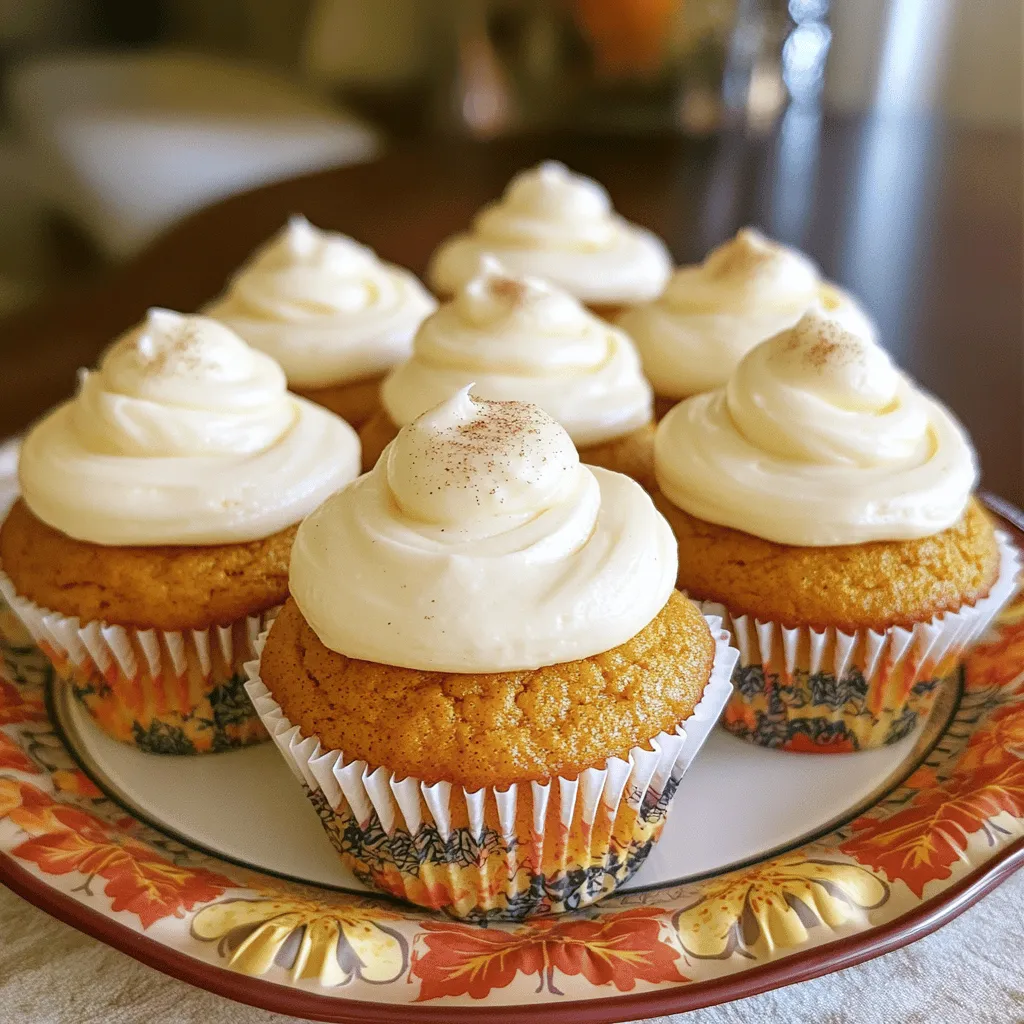 - 1 cup all-purpose flour - ½ teaspoon baking powder - ½ teaspoon baking soda - ½ teaspoon ground cinnamon - ½ teaspoon ground nutmeg - ¼ teaspoon ground ginger - ¼ teaspoon salt - 1 cup canned pumpkin puree (make sure it’s pure, not pie filling) - ½ cup granulated sugar - ¼ cup brown sugar, tightly packed - ½ cup vegetable oil - 2 large eggs (room temperature) - 1 teaspoon pure vanilla extract - 8 oz cream cheese (softened at room temperature) - ¼ cup unsalted butter (softened) - 2 cups powdered sugar - 1 teaspoon pure vanilla extract - 1 tablespoon milk (optional for adjusting consistency) These ingredients create a warm and inviting flavor in the cupcakes. The spices give a cozy touch, perfect for fall. The cream cheese frosting adds a rich, tangy sweetness that pairs wonderfully. I recommend using pure pumpkin puree for the best taste and texture. Start by preheating your oven to 350°F (175°C). This helps the cupcakes bake evenly. Line a muffin tin with cupcake liners. This keeps the cupcakes from sticking and makes them easy to serve. In a medium bowl, mix the dry ingredients. Combine 1 cup of all-purpose flour, ½ teaspoon baking powder, ½ teaspoon baking soda, ½ teaspoon ground cinnamon, ½ teaspoon ground nutmeg, ¼ teaspoon ground ginger, and ¼ teaspoon salt. Whisk until well blended. This step ensures that the leavening agents and spices are evenly spread. In a large bowl, combine the wet ingredients. Mix 1 cup of canned pumpkin puree, ½ cup granulated sugar, ¼ cup brown sugar, ½ cup vegetable oil, 2 large eggs, and 1 teaspoon pure vanilla extract. Whisk or use an electric mixer to make the mixture smooth. Gradually add the dry mixture to the wet mixture. Stir gently with a spatula or wooden spoon. Mix until just combined. It’s okay if you see some small lumps. Overmixing can make the cupcakes tough. Fill each cupcake liner about two-thirds full with batter. Place the muffin tin in the oven. Bake for 18-20 minutes. Use a toothpick to check for doneness. The toothpick should come out clean when they are done. While the cupcakes cool, make the frosting. In a medium bowl, beat together 8 ounces of softened cream cheese and ¼ cup of softened unsalted butter. Use an electric mixer to beat until creamy and smooth. Once the cupcakes are cool, it’s time to frost them. Gradually add 2 cups of powdered sugar to the cream cheese mixture. Mix until fluffy and smooth. Stir in 1 teaspoon of vanilla extract. If too thick, add 1 tablespoon of milk to reach your desired consistency. Generously frost each cupcake using a spatula or a piping bag. For a special touch, sprinkle a bit of cinnamon on top or add a small piece of caramel or pecan. This adds flavor and a nice visual appeal. To make moist cupcakes, use room temperature eggs. Cold eggs can make the batter thick. Adding pumpkin puree keeps the cupcakes soft and adds flavor. Don’t overmix the batter; some lumps are okay. Filling the liners two-thirds full allows the cupcakes to rise without spilling over. One common mistake is opening the oven too soon. This can cause the cupcakes to sink. Always check for doneness with a toothpick. If it comes out clean, your cupcakes are done. Ensure your oven is preheated to 350°F before putting the cupcakes in. Also, use fresh ingredients for the best results. For smooth frosting, cream the butter and cheese until fluffy. Add powdered sugar slowly to avoid a sugar cloud. If your frosting is thick, add a splash of milk. Make sure the cupcakes cool completely before frosting. This prevents the frosting from melting and sliding off. For a fun touch, sprinkle cinnamon on top before serving. {{image_4}} You can switch up the frosting for your pumpkin cream cheese cupcakes. Try chocolate ganache for a rich touch. A maple frosting adds a sweet, autumn flavor. You can even use whipped cream for a lighter option. Each choice gives a unique taste to your cupcakes. Want to change the flavor? Add more spices like allspice or cardamom. These spices enhance the pumpkin's taste. You can also mix in some orange zest for a citrus kick. For a sweeter twist, try adding vanilla or almond extract. If you want to experiment, swap pumpkin with other purees. Sweet potato or butternut squash works well. These options keep the cupcakes moist and flavorful. They offer a different taste while still being delicious. To keep your cupcakes fresh, store them in an airtight container. This helps keep them moist. Place the container in a cool, dry spot. If you want to keep them for more than a few days, the fridge is a great option. Just remember to let them come to room temperature before serving. You can freeze these cupcakes for later. First, let them cool completely. Wrap each cupcake tightly in plastic wrap. Then, place them in a freezer-safe bag or container. They can last up to three months in the freezer. When you're ready to enjoy, simply thaw them in the fridge overnight. To enjoy your cupcakes warm, preheat your oven to 350°F (175°C). Place the cupcakes on a baking sheet. Heat them for about 10 minutes. If you prefer, you can microwave them for 15-20 seconds. Just be careful not to overheat, as this can make them dry. Yes, you can use fresh pumpkin. Start by roasting or steaming it until soft. Then, mash it until smooth. This gives you a rich flavor. Just make sure to measure it out to get one cup. To cut the sweetness, you can add more cream cheese or butter. This balances the sugar. You can also use less powdered sugar. A pinch of salt can help too! You can bake the cupcakes a day early. Just store them in an airtight container. Frost them on the day you want to serve them for best taste and look. You can use unsweetened applesauce as a substitute. Use ¼ cup for each egg. Mashed bananas work too. They add flavor and moisture! These cupcakes stay fresh for about 3 days at room temperature. If you refrigerate them, they last about a week. Just keep them covered to avoid drying out. In this post, we explored key ingredients and steps to make tasty cupcakes. You learned how to mix dry and wet ingredients, bake to perfection, and make cream cheese frosting. We covered tips to keep your cupcakes moist, common mistakes to avoid, and exciting variations. Finally, we discussed storage and answered your important questions. With these tips, you can bake delicious cupcakes with ease and confidence. Enjoy your baking journey!