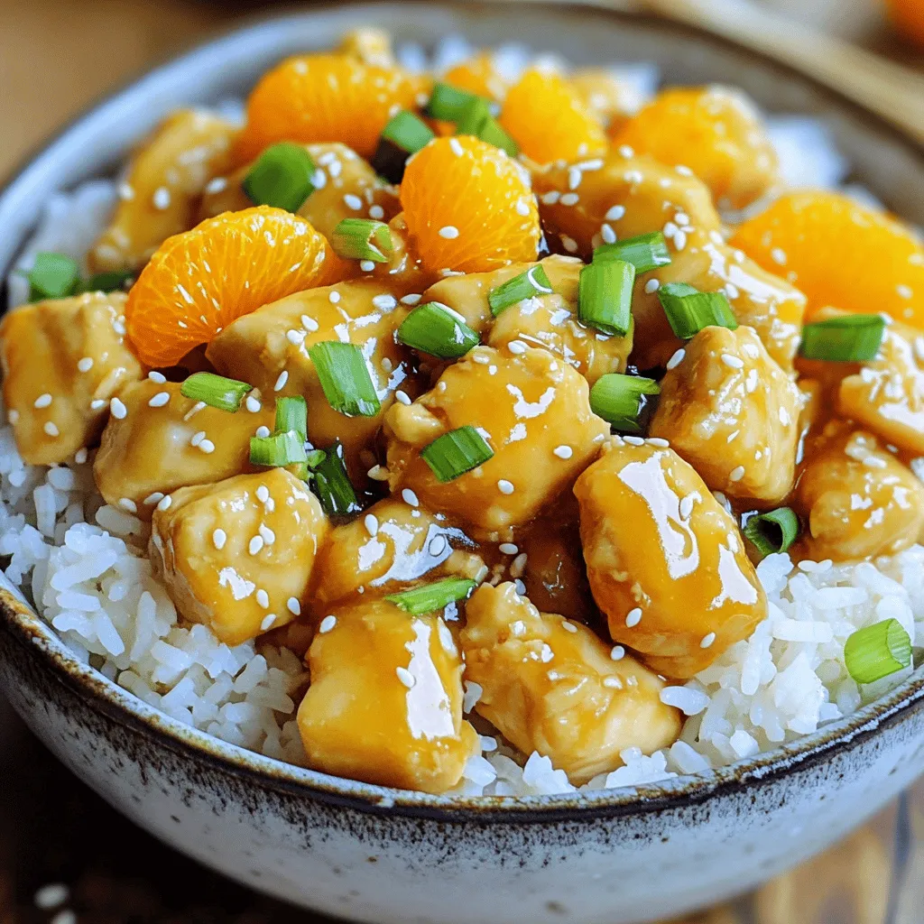 - 2 boneless, skinless chicken breasts, cut into bite-sized cubes - 1 cup mandarin orange segments, drained (juice reserved for sauce) - 1 cup jasmine rice - 2 cups chicken broth (low sodium preferred) - 1 tablespoon soy sauce (preferably low sodium) - 1 tablespoon honey (or maple syrup for a vegan option) - 1 teaspoon fresh ginger, finely grated - 2 cloves garlic, minced - 2 green onions, thinly sliced - Toasted sesame seeds for garnish - Salt and pepper, to taste Gather these ingredients to make your Mandarin orange chicken rice bowls. You will enjoy a fresh mix of flavors. The chicken gives protein, while the rice adds heartiness. The mandarin oranges bring a sweet touch. Soy sauce adds depth, and ginger and garlic provide warmth. Green onions and sesame seeds add crunch. Each ingredient plays a part in creating a tasty meal. You can change some items based on what you have on hand. That way, you'll always have a great dish ready to serve. Start by rinsing the jasmine rice under cold water. Keep rinsing until the water runs clear. This step removes excess starch and helps the rice cook evenly. In a medium saucepan, combine the rinsed rice and chicken broth. Bring it to a boil over medium-high heat. Once boiling, reduce the heat to low. Cover the pot and let it simmer for 15 minutes. This will make the rice tender. Afterward, remove it from heat and let it sit covered for 5 minutes. Fluff the rice gently with a fork to separate the grains. While the rice cooks, heat a large skillet over medium heat. Add a little cooking oil or use a non-stick spray to coat the pan. Place the cubed chicken in the skillet. Season it well with salt and pepper. Sauté the chicken for about 5 to 7 minutes. Stir occasionally. You want the pieces to turn golden brown and be fully cooked. When the chicken is cooked, add minced garlic and grated ginger to the skillet. Stir and sauté for about 1 minute until you smell the wonderful aroma. Now, pour in soy sauce, honey, and the reserved mandarin orange juice. Add the mandarin segments too. Stir everything well and let it simmer for 2 to 3 minutes. This helps the flavors combine nicely. After simmering, add the cornstarch slurry to the pan. This is just cornstarch mixed with water. Stir continuously for about 1 to 2 minutes. Watch as the sauce begins to thicken. If the sauce gets too thick, add a splash of water to loosen it up a bit. Now it's time to put everything together! Fluff the cooked jasmine rice with a fork. Divide the rice evenly among your serving bowls. Generously spoon the mandarin orange chicken mixture over the rice in each bowl. Make sure everyone gets a good mix of chicken and sauce. Finish off your bowls by garnishing with sliced green onions. Sprinkle toasted sesame seeds on top for a delightful crunch. These small touches add flavor and make the dish look even better! - Importance of rinsing: Rinsing jasmine rice is key. It washes away extra starch. This step helps keep the rice fluffy and light. Always rinse until the water runs clear. - Simmering techniques: Use chicken broth for flavor. Bring it to a boil, then lower the heat. Cover the pot and let it simmer for 15 minutes. This method makes sure the rice cooks evenly. - Avoiding overcooking: Cook the chicken just right. It should be golden brown and no longer pink inside. This takes about 5-7 minutes on medium heat. - Using non-stick cookware: A non-stick pan helps prevent sticking. You can use less oil and keep the chicken from burning. This keeps the meal healthy and easy to clean. - Adjusting sweetness and saltiness: Taste the sauce before serving. Add more honey for sweetness or soy sauce for saltiness. This helps you get the flavor just right. - Enhancing flavor with spices: Try adding a pinch of red pepper flakes or black pepper. This gives your dish a nice kick. You can also add a dash of sesame oil for extra depth. {{image_4}} If you want a vegetarian dish, you can skip the chicken. Tofu or tempeh makes great substitutes. These protein-rich options soak up flavors well. - Tofu: Use firm or extra-firm tofu for the best texture. Press it before cooking to remove excess water. Cube it and sauté until crispy. - Tempeh: Tempeh has a nutty flavor. Slice it thin and cook it in the same way. Add it to your sauce for flavor. You can change up the flavors easily. Try using different citrus fruits for a fun twist. - Citrus Options: Use oranges, lemons, or limes for a new taste. Each fruit brings a unique zing. - Extra Veggies and Nuts: Add bell peppers, broccoli, or snap peas for crunch. Toss in some cashews or peanuts for added texture. You don't have to stick with bowls. You can get creative with how you serve this dish. - Wraps or Salads: Use large lettuce leaves to make wraps. Or, serve the chicken and rice on a bed of greens for a salad. - Side Dishes: Pair the rice bowls with steamed veggies or a light soup. This adds balance to your meal. To keep your Mandarin Orange Chicken Rice Bowls fresh, store leftovers in airtight containers. Make sure to let the dish cool before sealing. You can keep it in the fridge for up to three days. For best results, separate the rice from the chicken mixture. This helps keep both parts fresh and tasty. When you're ready to enjoy leftovers, use the microwave or a skillet. If using a microwave, heat in short bursts to avoid overcooking. If you choose a skillet, add a splash of water to keep moisture. This helps maintain the dish's texture. Stir often to heat evenly. Aim for a warm and inviting meal! To freeze your bowls, pack them in airtight containers. Make sure to leave some space for expansion. You can freeze them for up to three months. When you want to eat them, move the bowls to the fridge overnight to thaw. Reheat as mentioned before, and enjoy a delicious meal again! It takes about 30 minutes to prepare these rice bowls. You spend 10 minutes prepping and 20 minutes cooking. The jasmine rice cooks in 15 minutes. Meanwhile, you can sauté the chicken and make the sauce. Yes, you can use other types of rice. Brown rice adds more fiber but takes longer to cook. You can also try basmati or even quinoa for a twist. Just remember to adjust the cooking time as needed. Store leftover rice bowls in airtight containers. Keep the rice and chicken separate if you can. This helps maintain texture. They can last in the fridge for up to three days. When ready, just reheat and enjoy. To make this recipe gluten-free, use tamari instead of soy sauce. Tamari is a great gluten-free option. Be sure the chicken broth is also gluten-free. With these swaps, you can still enjoy great flavors. Absolutely! Fresh mandarin oranges are a great choice. Just peel and segment them. Use their juice to make the sauce. This adds a fresh taste that enhances the dish. Enjoy the bright flavor they bring! You can make delicious Mandarin Orange Chicken Rice Bowls with ease. We covered key ingredients, sauces, and tips for cooking. Follow the steps for tasty rice and chicken. Don’t forget the garnishes for extra flavor. You can even adjust the recipe for different diets or preferences, making it versatile. If you store and reheat properly, these bowls remain just as good. Enjoy your cooking adventure and share it with friends!