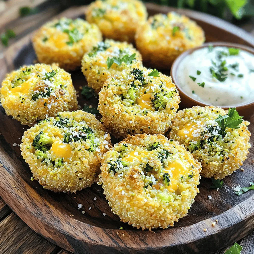 To make these tasty broccoli cheddar quinoa bites, you'll need fresh ingredients and some pantry staples. This recipe makes about 4 to 6 servings. The prep time is just 15 minutes, and then you bake for 20 to 25 minutes. Here's what you need for the base of the recipe: - 1 cup quinoa, rinsed and drained - 2 cups vegetable broth - 1 cup broccoli florets, finely chopped - 1 cup sharp cheddar cheese, shredded - 1/4 cup grated Parmesan cheese - 1/2 cup breadcrumbs (or almond flour for a gluten-free option) - 2 large eggs - 1 teaspoon garlic powder - 1/2 teaspoon onion powder - Salt and pepper to taste - Olive oil (for greasing the baking sheet) These ingredients work together to create a delicious and filling bite. The quinoa gives a great texture, while the broccoli and cheese add flavor and nutrients. Feel free to get creative! Here are some fun ideas: - Add cooked chicken or turkey for more protein. - Swap out the cheeses for your favorite types. Try mozzarella or feta! - Mix in chopped herbs like parsley or basil for extra flavor. - Use different veggies like spinach or bell peppers for added nutrition. These add-ins can make the bites unique and suited to your taste. Don't hesitate to experiment! Start by preheating your oven to 375°F (190°C). Lightly grease a baking sheet with olive oil. In a medium saucepan, bring 2 cups of vegetable broth to a boil. Rinse 1 cup of quinoa, then add it to the boiling broth. Reduce the heat to low, cover, and let it simmer for 15-20 minutes. Once the liquid is absorbed, fluff the quinoa with a fork. Allow it to cool for a few minutes. In a large mixing bowl, combine the cooled quinoa with the following: - 1 cup finely chopped broccoli florets - 1 cup shredded sharp cheddar cheese - 1/4 cup grated Parmesan cheese - 1/2 cup breadcrumbs (or almond flour if gluten-free) - 2 large eggs - 1 teaspoon garlic powder - 1/2 teaspoon onion powder - Salt and pepper to taste Stir everything well until you mix all the ingredients evenly. Using your hands or a spoon, form the mixture into small bites about 1-2 inches wide. Place them on the greased baking sheet with space in between. Bake for 20-25 minutes until they turn golden brown. Flip the bites halfway through for even cooking. Let them cool for a few minutes after baking before serving. Enjoy these bites warm or at room temperature! To get the best texture for your quinoa bites, cook the quinoa well. Use vegetable broth for added flavor. After cooking, let it cool before mixing. This helps keep the bites firm. When you combine the ingredients, don’t overmix. This keeps your bites tender inside. Aim for a patty size of 1-2 inches for even cooking. Flipping your bites halfway through baking is key. This ensures an even, golden crust. Use a spatula to gently lift them. Avoid pressing down too hard, or they may break apart. Bake at 375°F (190°C) for 20-25 minutes. Watch closely as they start to brown. The perfect color shows they are ready to come out. These bites shine when served warm or at room temperature. Arrange them on a platter for a nice touch. Pair with a creamy dip like ranch or yogurt. This adds a burst of flavor. For a pop of color, sprinkle fresh parsley or extra cheese on top. Your guests will love the look and taste! {{image_4}} You can easily make this recipe vegetarian or vegan. To keep it vegetarian, just use more cheese or add a variety of vegetables. If you want to go vegan, replace the eggs with flaxseed meal. Mix one tablespoon of flaxseed meal with three tablespoons of water. Let it sit for a few minutes, and it becomes a great egg substitute. You can also swap out the cheese for a vegan cheese option. This keeps the bites creamy and tasty. For a gluten-free version, simply use almond flour instead of breadcrumbs. Almond flour gives the bites a nice texture. You also want to check that your cheese is gluten-free. Most cheeses are, but it’s always good to double-check. This allows everyone to enjoy the bites without worry. Want to switch up the flavors? Try different cheeses like mozzarella or pepper jack. Pepper jack adds a fun kick! You can also mix in spices like smoked paprika or cayenne pepper for extra warmth. Fresh herbs, like parsley or dill, can lift the flavors even more. Feel free to get creative and customize these bites to your taste. To store leftover broccoli cheddar quinoa bites, let them cool first. Place them in an airtight container. You can keep them in the fridge for up to three days. Make sure to layer them carefully to avoid squishing. If you want, you can also use parchment paper between layers. When you are ready to enjoy your leftovers, preheat your oven to 350°F (175°C). Place the quinoa bites on a baking sheet. Heat them for about 10-15 minutes or until they are warm. This method keeps them crispy. You can also use the microwave for a quick option. Heat them for 30 seconds to 1 minute, but they may get soft. To freeze quinoa bites, let them cool completely. Arrange them in a single layer on a baking sheet. Freeze them for 1-2 hours until firm. After that, transfer them to a freezer-safe bag. Remove as much air as you can. They can last up to three months in the freezer. When you want to eat them, bake straight from the freezer. Add a few extra minutes to the baking time. Yes, you can use frozen broccoli. It saves time and is easy to find. Just thaw the broccoli first. Chop it finely before mixing it into your quinoa. This keeps the texture nice and even. Add some heat to your bites with red pepper flakes or cayenne pepper. Start with a small pinch and mix it in. You can also use spicy cheese, like pepper jack, for more flavor. Adjust the spice level to match your taste. These bites pair well with dips like ranch or yogurt. You can also serve them with a side salad or fresh veggies. For a heartier meal, add some grilled chicken or a warm soup. This makes a great snack or a light meal. This blog post covered how to make Broccoli Cheddar Quinoa Bites. We reviewed the key ingredients and their roles. You learned how to mix, bake, and serve these tasty treats. Remember, there are many ways to customize them. You can add flavors or adjust textures to suit your taste. Proper storage keeps them fresh for longer. Follow these tips, and you’ll have a healthy snack ready anytime. Enjoy making your own delicious bites!