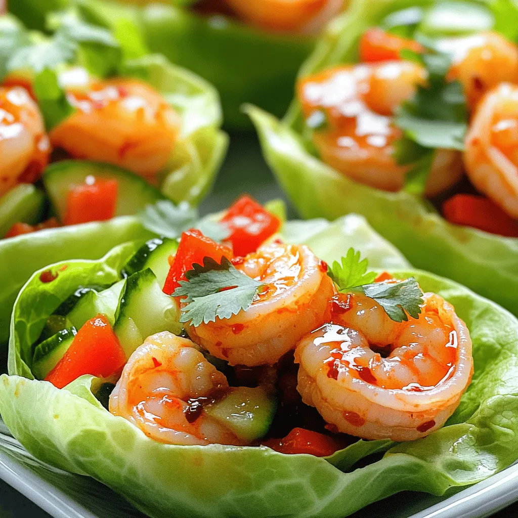 - 1 pound shrimp, peeled and deveined - 2 tablespoons sweet chili sauce - 2 cloves garlic, minced - 1 tablespoon soy sauce - 1 tablespoon fresh lime juice - 1 teaspoon fresh ginger, grated - 1 tablespoon vegetable oil - 1 head of butter lettuce or iceberg lettuce, leaves gently separated - Fresh cilantro leaves - Sliced scallions - Additional veggies (e.g., diced red bell pepper, cucumber) When making Sweet Chili Garlic Shrimp Lettuce Cups, each ingredient plays a key role. The shrimp, fresh and tender, takes center stage. I love using peeled and deveined shrimp for ease. The sweet chili sauce adds a burst of flavor. It balances heat and sweetness perfectly. Minced garlic brings a strong aroma to the dish. Fresh lime juice adds a zesty kick, while grated ginger provides warmth. Soy sauce gives depth and umami to the shrimp. Choosing the right lettuce is crucial. I prefer butter lettuce for its soft leaves. They cradle the shrimp well. Iceberg lettuce is also a great choice for a crispy bite. Optional garnishes, like cilantro and scallions, make the dish pop. Diced red bell pepper and julienned cucumber add crunch and color. Each ingredient adds layers of taste and texture. Feel free to mix and match to make it your own! - Rinse and dry shrimp - Prepare marinade ingredients Rinse the shrimp under cold water. This helps remove any unwanted bits. After rinsing, pat the shrimp dry with a paper towel. This step helps the marinade stick better. Next, gather your marinade ingredients. You need sweet chili sauce, minced garlic, soy sauce, fresh lime juice, and grated ginger. Measure out each ingredient to make mixing easier. - Marinate the shrimp - Cook shrimp in skillet In a mixing bowl, combine the sweet chili sauce, minced garlic, soy sauce, lime juice, and ginger. Whisk these together until smooth. Then, add the shrimp to the bowl. Make sure each shrimp is coated well in the marinade. Cover the bowl with plastic wrap and let it sit for 15 minutes. This allows the shrimp to soak up all the flavors. Now, heat vegetable oil in a skillet over medium-high heat. Once hot, add the marinated shrimp in a single layer. Cook the shrimp for about 2-3 minutes per side. You want them to turn vibrant pink and opaque. This means they are fully cooked and ready to eat. - Prepare lettuce cups - Fill and garnish the cups While the shrimp cooks, rinse the lettuce leaves under cold water. Gently dry them with a towel. Arrange the leaves on a serving platter to create a beautiful base. After the shrimp is done cooking, remove it from heat. Now comes the fun part! Fill each lettuce leaf with a generous amount of shrimp. Top the shrimp with diced red bell pepper and julienned cucumber. These add crunch and color. Finally, garnish with fresh cilantro leaves and sliced scallions. This adds freshness and makes the dish look vibrant. Serve immediately for a tasty treat! To cook shrimp well, use a skillet. A non-stick skillet is best. Heat the skillet over medium-high heat. Add vegetable oil once it's hot. This method gives great flavor and texture. You can also grill shrimp for a smoky taste. Just be careful not to overcook them. They only need 2 to 3 minutes per side. For marinating, mix sweet chili sauce, garlic, soy sauce, lime juice, and ginger. This blend adds depth to the shrimp. Marinate for 15 minutes at room temperature. This short time makes a big difference in flavor. Pair your shrimp lettuce cups with tasty dipping sauces. A soy sauce or extra sweet chili sauce works well. You can also try a lime vinaigrette for a zesty kick. For side dishes, consider a refreshing salad. A cucumber or carrot salad adds crunch. You might also enjoy rice or quinoa for more substance. These sides complement the shrimp nicely. You need a few essential tools for this recipe. A large non-stick skillet is key for cooking shrimp evenly. A mixing bowl helps in blending the marinade. Use a whisk for quick mixing. When using a non-stick skillet, heat it before adding oil. This prevents sticking. If you notice the shrimp sticking, turn the heat down a bit. This simple tip will help you cook shrimp to perfection every time. {{image_4}} You can change the shrimp to make this dish your own. Try using chicken or tofu. Both options offer a great taste. Chicken cooks well and is filling. Tofu can soak up flavors nicely. For a vegan twist, swap the shrimp for veggies. Think about using mushrooms or chickpeas. These options keep the meal light and tasty while catering to plant-based diets. Want more heat? Add chili flakes or sriracha to the marinade. Adjust the amount to fit your spice level. If you like it mild, skip the heat altogether. You can also mix in fresh herbs. Try basil or mint for a different flavor. These herbs brighten up the dish, making it even more refreshing. Serving these cups at a gathering? Arrange the lettuce cups on a big platter. This makes it easy for guests to grab their own. You can even create themes. Host a taco night with these cups. They fit right in, adding a fun twist to the evening. Use colorful toppings to make them pop. To keep your shrimp and lettuce cups fresh, store them right. Place leftover shrimp in an airtight container. Make sure to cool them down first. You can store shrimp in the fridge for up to two days. For the lettuce cups, wrap them in a damp paper towel. This will help keep the leaves crisp. Store them in a separate container in the fridge. When reheating cooked shrimp, use a skillet. Heat it over medium-low heat. Add a splash of water or broth to keep them moist. Stir often to ensure even heating. Avoid using the microwave, as it can make shrimp rubbery. For the lettuce cups, do not reheat them. They should stay cold and crisp for the best taste. You can freeze cooked shrimp, but not the lettuce. To freeze shrimp, place them in a freezer-safe bag. Remove as much air as possible before sealing. They can last up to three months in the freezer. When ready to eat, thaw shrimp in the fridge overnight. Avoid thawing shrimp in warm water, as it can affect the texture. Always cook them before serving, ensuring they are hot throughout. To make Sweet Chili Garlic Shrimp Lettuce Cups, you start by rinsing and drying 1 pound of shrimp. Then, mix 2 tablespoons of sweet chili sauce, 2 minced cloves of garlic, 1 tablespoon of soy sauce, 1 tablespoon of fresh lime juice, and 1 teaspoon of grated ginger in a bowl. Marinate the shrimp in this mixture for 15 minutes. Next, heat 1 tablespoon of vegetable oil in a skillet. Cook the shrimp for 2-3 minutes on each side until pink. Prepare the lettuce leaves and assemble by adding shrimp, diced red bell pepper, and cucumber. Garnish with cilantro and scallions. Sweet Chili Garlic Shrimp Lettuce Cups are perfect for light meals or appetizers. They offer a fun way to enjoy shrimp without heavy carbs. The lettuce provides a crisp texture and fresh taste. These cups are also low in carbs, which makes them great for those watching their intake. You can serve them at parties or family gatherings for a delightful bite that impresses guests. Yes, you can prep Sweet Chili Garlic Shrimp Lettuce Cups ahead of time. Marinate the shrimp a few hours before cooking for deeper flavor. However, cook the shrimp close to serving time for the best taste. Prepare the lettuce leaves and veggies in advance, but keep them separate until you are ready to serve. This keeps the lettuce crisp and fresh. This blog post shared how to create tasty Sweet Chili Garlic Shrimp Lettuce Cups. You learned about key ingredients like shrimp, chili sauce, and lime juice. I offered simple steps for cooking and assembling your dish. We also covered tips for perfecting flavor and suggested helpful variations. These cups are great for light meals or fun gatherings. You can make them ahead and enjoy their fresh taste later. Try this recipe and impress your family or friends with your cooking skills!