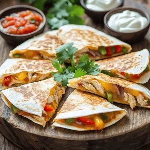 - Chicken and Seasoning - 2 boneless chicken breasts, diced into bite-sized pieces - 1 tablespoon extra virgin olive oil - 1 teaspoon garlic powder - 1 teaspoon ground cumin - 1 teaspoon smoked paprika - Salt and black pepper, to taste - Cheese and Tortillas - 1 cup pepper jack cheese, finely shredded - 4 large flour tortillas (preferably whole wheat for extra flavor) - Vegetables - ½ cup assorted bell peppers, thinly sliced (use red, yellow, and green for a colorful mix) - ½ cup red onion, thinly sliced - Garnishes and Optional Sides - ¼ cup fresh cilantro, roughly chopped (for garnish) - Salsa and sour cream (for serving, optional but recommended) Gathering these simple ingredients is the first step to a tasty meal. The chicken provides protein, while the spices add flavor. Pepper jack cheese gives a nice kick. Fresh veggies add crunch and color. Don’t forget the cilantro for garnish and salsa for dipping! Each ingredient brings a special touch to your quesadillas, making them fun and delicious. Cooking the Chicken with Spices Start by heating 1 tablespoon of olive oil in a large skillet. Let it warm for about 1 minute. Next, add 2 diced chicken breasts. Season it with 1 teaspoon of garlic powder, 1 teaspoon of ground cumin, 1 teaspoon of smoked paprika, and salt and pepper to taste. Cook it for 7-10 minutes. Stir the chicken often. Make sure it is cooked all the way through, with no pink left. Sautéing the Vegetables Once the chicken is done, remove it from the skillet. Place it on a plate to keep warm. In the same skillet, add ½ cup of sliced bell peppers and ½ cup of sliced red onion. Sauté them for 3-4 minutes. You want them soft but still a bit crunchy. Combining Chicken and Vegetables Return the cooked chicken to the skillet. Mix it with the sautéed peppers and onions. Cook everything together for another 2-3 minutes. This helps all the flavors blend. Layering Ingredients on Tortillas Preheat a non-stick skillet over medium heat. Take one large tortilla and place it on the skillet. On one half, sprinkle a layer of pepper jack cheese. Use about ½ cup of cheese. Add a portion of the chicken and vegetable mix on top. Finish with another layer of cheese before folding the tortilla in half. Cooking Method for Perfect Quesadillas Cook the folded quesadilla for 3-4 minutes until the bottom is golden brown. The cheese should start melting. Carefully flip the quesadilla. Cook the other side for 2-3 minutes until it is golden brown too. Repeat this process for the rest of the tortillas. Cutting and Serving Once all the quesadillas are cooked, take them off the skillet. Cut each one into wedges. Presentation Suggestions Serve the quesadillas on a large platter. Arrange them in a fan shape for a fun look. Sprinkle extra cilantro on top for color. Add small bowls of salsa and sour cream on the side for dipping. - Importance of Seasoning Seasoning is key to great flavor. Use garlic powder, cumin, and smoked paprika. These spices add depth to your chicken. Sprinkle salt and black pepper to taste. Don’t be shy with the seasoning; it makes a big difference! - Ensuring Proper Cooking Temperature Cook your chicken over medium heat. This helps it cook evenly and stay juicy. If the heat is too high, the outside cooks too fast. You want the chicken cooked through without burning. - How to Store Leftover Quesadillas Store leftover quesadillas in an airtight container. Place parchment paper between each quesadilla to keep them from sticking. They last about 2-3 days in the fridge. - Reheating Methods To reheat, use a skillet for crispy quesadillas. Heat over medium-low heat for best results. You can also use a microwave, but this can make them soft. - Freezing for Future Meals Quesadillas freeze well! Wrap each one in plastic wrap, then place in a freezer bag. They can last up to 3 months. Thaw in the fridge before reheating. - Recommendations for Extra Spice Want more heat? Add jalapeños or a dash of hot sauce. You can mix these into the chicken while cooking. Adjust spice to your liking for a kick! - Substituting Ingredients for Dietary Needs Don't have chicken? Try black beans or tofu instead! You can also use dairy-free cheese for a vegan option. Whole wheat tortillas are a great choice for added fiber. {{image_4}} You can make cheese-only quesadillas by skipping the chicken. Just use more cheese. I like pepper jack for its nice kick. You can also add beans or other veggies. Black beans, corn, or spinach work great. They add fiber and flavor. Want to mix it up? Use different cheeses! Cheddar or mozzarella can change the taste. You can also try adding special sauces. A drizzle of chipotle sauce gives a smoky flavor. Salsa verde can add a fresh twist. If you're watching carbs, choose alternative tortillas. Look for cauliflower or almond flour tortillas. They are great for a healthier bite. Adjusting ingredients for a keto diet helps too. Use more cheese and less chicken. You can still enjoy this dish while keeping carbs low. - Calories per Serving: Each quesadilla has about 400 calories. - Protein, Fat, and Carbohydrate Content: You get around 25 grams of protein, 18 grams of fat, and 40 grams of carbs. - Benefits of Pepper Jack Cheese: This cheese adds a spicy kick. It also has calcium and protein. These help build strong bones and muscles. - Nutritional Value of Bell Peppers and Chicken: Bell peppers are rich in vitamins A and C. They support your immune system. Chicken is lean protein. It helps with muscle growth and repair. - Pairing with Salads or Sides: A fresh salad with greens and tomatoes works well. This adds fiber and nutrients. - Incorporating Healthy Salsas: Try fresh salsa with tomatoes, onions, and cilantro. It adds flavor and freshness to your meal. Can I make these quesadillas ahead of time? Yes, you can prepare the filling early. Cook the chicken and veggies, then store them in the fridge. When ready to eat, assemble and cook the quesadillas. What can I use instead of pepper jack cheese? You can use cheddar cheese for a milder taste. Monterey Jack is another great choice. Both melt well and taste delicious. How do I make quesadillas less greasy? Use less oil when cooking the chicken. Drain any excess oil after cooking. You can also use low-fat cheese for a lighter option. What's the best way to keep quesadillas crispy? Cook them on medium heat. This helps the cheese melt without burning the tortilla. Avoid overloading with fillings, as this can make them soggy. How do I know when my quesadilla is fully cooked? Check the color of the tortilla. It should be golden brown. You can also peek inside to see if the cheese has melted completely. Can I use whole wheat tortillas instead of flour? Yes, whole wheat tortillas work great. They add a nutty flavor and more fiber. Just ensure they are fresh for the best taste. What are some good chicken alternatives for this recipe? You can use cooked shredded chicken or even tofu for a vegetarian twist. Grilled shrimp or beans are also tasty options. You now know how to make tasty Pepper Jack chicken quesadillas. Start with fresh ingredients and follow simple steps for great flavor. Remember to store leftovers properly and explore fun variations. Each twist can make your meal exciting and healthy. Enjoy your cooking journey as you create delicious quesadillas suited to your taste. Let your kitchen be a place of fun and flavor!