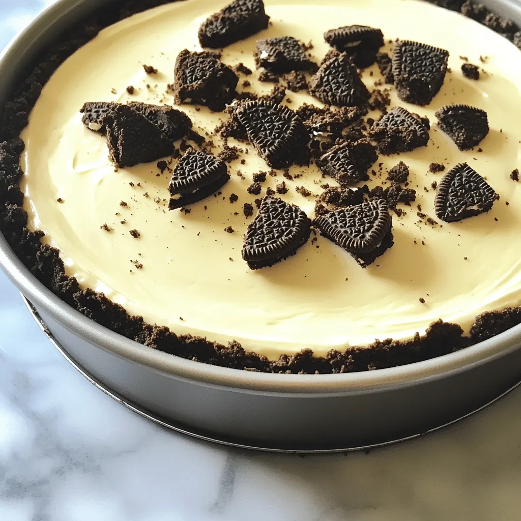 - 24 Oreo cookies, finely crushed - 4 tablespoons unsalted butter, melted - 16 oz cream cheese, softened to room temperature - 1 cup powdered sugar - 1 teaspoon vanilla extract - 1 cup heavy whipping cream, chilled - 12 Oreo cookies, coarsely chopped for filling - 6 Oreo cookies, crushed for topping The main ingredients for your no bake Oreo cheesecake are simple but essential. The Oreo cookies form the base and filling, giving it that delicious chocolate flavor. The cream cheese adds creaminess and tang, while the heavy cream gives it a light texture. And, the unsalted butter helps bind the cookie crumbs together for a sturdy crust. - Chocolate shavings - Vanilla extract You can enhance your cheesecake with chocolate shavings for a fancy touch. A bit of vanilla extract adds more flavor, but it’s optional since the Oreos are rich enough. - Alternative cookie options: You can use any chocolate sandwich cookie if you prefer. - Dairy-free cream cheese alternatives: Look for brands like Tofutti or Kite Hill for a dairy-free option. These tips on measurements and substitutions help you customize your cheesecake. Don’t hesitate to try new flavors or find what works for you. Enjoy the process! - Start with 24 Oreo cookies. Place them in a bag and crush them finely. You can use a rolling pin or your hands. - Next, melt 4 tablespoons of unsalted butter in a bowl. Combine the crushed cookies with the melted butter. Mix until it looks like wet sand. - Take a 9-inch springform pan. Firmly press the Oreo mixture into the bottom. Use the back of a measuring cup to make it even. Place it in the fridge while you work on the filling. - Grab a large mixing bowl and add 16 oz of softened cream cheese. Beat it on medium speed until it is smooth and creamy. - Slowly add 1 cup of powdered sugar and 1 teaspoon of vanilla extract. Keep mixing until everything is fluffy and well combined. - In another bowl, whip 1 cup of chilled heavy cream on high speed. Beat it until stiff peaks form. This makes the filling light and airy. - Gently fold the whipped cream into the cream cheese mixture. Use a spatula to keep it light. - Add 12 coarsely chopped Oreo cookies to the filling. Stir gently to mix them in evenly. - Pour this creamy filling over the chilled crust. Spread it out evenly. Tap the pan on the counter to remove air bubbles. - Sprinkle 6 crushed Oreo cookies on top for decoration. You can also add chocolate shavings if you like. - Cover the cheesecake with plastic wrap and refrigerate for at least 4 hours. For best flavor, let it chill overnight. To get the best texture in your no bake Oreo cheesecake, use room temperature cream cheese. Cold cream cheese is hard to mix and can leave lumps. Soft cream cheese blends smoothly, giving you that creamy filling you want. When folding in the whipped cream, use a spatula and a gentle hand. Start by adding a bit of whipped cream to the cream cheese mix. This makes it lighter. Then, fold the rest in slowly. This keeps the air in the whipped cream, making your cheesecake fluffy. If your cheesecake is too dense, it might be from overmixing the cream cheese. Mix only until smooth. If it’s still thick, try adding a splash of milk for a lighter texture. If you notice separation in the filling, it might be from not folding the whipped cream properly. Next time, fold gently and ensure the whipped cream is very cold. This helps keep everything together. For decorative toppings, think of crushed Oreos, chocolate shavings, or whipped cream. You can also try fresh fruit like raspberries or strawberries for a pop of color. For serving, slice the cheesecake into small pieces. Serve it on dessert plates with a side of whipped cream. A sprinkle of crushed Oreos on top makes it look fancy. Enjoy! {{image_4}} You can change the flavor of your no bake Oreo cheesecake easily. Try adding peanut butter for a nutty twist. Just mix in half a cup of peanut butter when you blend the cream cheese. You can also add melted chocolate. Use about half a cup, and mix it in with the cream cheese and sugar. For seasonal fun, consider pumpkin spice. Just add a cup of pumpkin puree and some pumpkin spice during mixing. This gives the cheesecake a warm, cozy taste. If you need a gluten-free option, use gluten-free cookies. They work just like regular Oreos. You can also switch up the cookies you use. Try using chocolate sandwich cookies or even graham crackers for a different flavor. Each type of cookie adds its unique touch to the crust. You can make themed cheesecakes for holidays. For Halloween, add orange food coloring to the filling and top it with candy corn. For Christmas, use peppermint extract and sprinkle crushed candy canes on top. You can also create layered cheesecakes. Make a chocolate layer and then add a vanilla layer on top. This gives a beautiful look and taste. To store leftovers, cover the cheesecake with plastic wrap or foil. This keeps it fresh and prevents odors from the fridge. I recommend using a springform pan for easy removal and serving. If you have extra cheesecake, slice it into pieces before storing. This way, you can grab a slice whenever you want a treat. To freeze the cheesecake, let it cool completely first. Wrap it tightly in plastic wrap, then cover it with foil. This prevents freezer burn and keeps it tasty. When you are ready to enjoy it, move the cheesecake to the fridge to thaw overnight. This way, it keeps its creamy texture. For best results, do not refreeze it once thawed. In the fridge, the cheesecake lasts about 5 days. If you want to keep it longer, freezing is best. Look for signs that it has gone bad. If you see mold or if it smells off, it’s time to toss it. Always trust your senses; they will guide you well. Yes, you can use low-fat cream cheese. However, it may change the taste and texture. Low-fat cream cheese is less creamy. Your cheesecake might be less rich and dense. If you want a lighter cheesecake, this is a good option. Just know it may not taste as full. For the best results, chill the cheesecake for at least four hours. I prefer to leave it overnight. This helps the flavors blend well. It also makes the cheesecake firmer. If you cut it too soon, it might not hold together well. Absolutely! You can make this cheesecake a day or two ahead. Just store it in the fridge. Cover it tightly with plastic wrap. This keeps it fresh and tasty. Making it in advance saves time on special days. It lets you enjoy more time with your guests. You learned how to make a delicious cheesecake using simple ingredients. We covered everything from preparing the crust to assembling the filling. I shared tips for perfect texture and solutions for common problems. You can explore different flavors and variations, plus storage tips to keep it fresh. Making cheesecake can be fun and rewarding. Now, you can impress friends and family with your tasty creation. Enjoy every bite and happy baking!