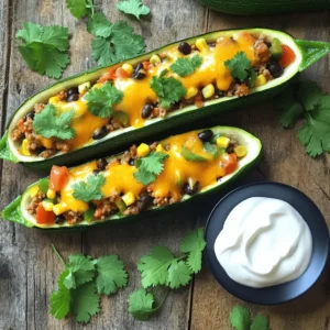 To make Taco Stuffed Zucchini Boats, you need these key ingredients: - 4 medium zucchinis - 1 pound ground turkey or beef - 1 small onion, diced - 2 cloves garlic, minced - 1 cup black beans, rinsed and drained - 1 cup corn (fresh or frozen) - 1 cup diced tomatoes (canned or fresh) - 2 tablespoons taco seasoning - 1 cup shredded cheddar cheese - 1 tablespoon olive oil - Salt and pepper to taste These ingredients create a tasty filling for the zucchini boats. The ground meat adds protein, while beans and corn boost nutrition. Zucchini serves as a great low-carb base. You can add some fun toppings and extras to your dish: - Fresh cilantro, chopped, for garnish - Sour cream or Greek yogurt, for serving (optional) Cilantro adds a fresh flavor. Sour cream or yogurt gives a creamy touch. Feel free to mix in your favorite toppings to make it your own! This dish is not just delicious; it’s also healthy. Each serving provides a balanced meal. Here’s a rough idea of the nutrition per serving: - Calories: About 350 - Protein: 25g - Carbohydrates: 30g - Fat: 15g These boats are rich in protein and fiber. They fit well into various diets, making them a smart choice for any weeknight meal. Enjoying a wholesome meal has never been easier! To start, preheat your oven to 375°F (190°C). This sets the stage for baking. Next, take four medium zucchinis and cut them in half lengthwise. Use a spoon to scoop out the seeds and a bit of flesh. This creates a boat shape. Place the hollowed zucchinis cut-side up on a baking sheet lined with parchment paper. This step makes cleanup easy. In a large skillet, heat one tablespoon of olive oil over medium heat. Once hot, add one small diced onion. Cook it until it turns soft and clear, which takes about 3-4 minutes. Then, add two minced garlic cloves and stir for about one minute. This enhances the aroma. Next, add one pound of ground turkey or beef. Break up the meat as it cooks until it turns brown. Season with salt, pepper, and two tablespoons of taco seasoning. This adds bold flavor. Now, mix in one cup of rinsed black beans, one cup of corn, and one cup of diced tomatoes. Cook this mixture for another 3-4 minutes. This helps the flavors blend. Once the filling is ready, take the skillet off the heat. Now, generously fill each zucchini boat with the taco mixture. Press down gently to pack them well. Next, sprinkle one cup of shredded cheddar cheese on top. This adds a rich, melty layer. Place the baking sheet in the preheated oven. Bake for 25-30 minutes. The zucchinis should be tender, and the cheese should be bubbly and golden. After baking, let them cool a bit. Garnish with fresh chopped cilantro for a pop of color. Serve these warm, and offer sour cream or Greek yogurt on the side for extra creaminess. To make the best taco stuffed zucchini boats, choose medium zucchinis. They hold up well and provide a nice size for stuffing. Cut the zucchinis in half lengthwise. Use a spoon to scoop out the seeds and some flesh. This step makes room for the tasty filling. Bake the zucchini boats at 375°F for 25-30 minutes. You want them tender but not mushy. Seasoning is key for great flavor. Use taco seasoning for a classic taste. If you want more heat, add some chili powder or cayenne pepper. Fresh garlic and onions also boost the flavor. Always taste your filling before stuffing. Adjust salt and pepper to suit your taste. Fresh cilantro adds a bright note when you garnish the boats. Serve your stuffed zucchini boats on a platter. Add fresh lime wedges for a zesty kick. A dollop of sour cream or Greek yogurt makes a creamy contrast. Pair with a simple salad for a balanced meal. You can also serve them with rice or quinoa for extra heartiness. Enjoy these boats warm and fresh for the best taste! {{image_4}} To make a vegetarian version, swap the meat for more beans or lentils. Use two cups of black beans and add a cup of quinoa for protein. You can also mix in chopped bell peppers and mushrooms for added taste and texture. This version is just as filling and packed with flavor. Top with cheese or leave it off for a vegan dish. If you want lower carbs, skip the beans and corn. Instead, use extra diced tomatoes and zucchini flesh. You can add chopped spinach or kale for nutrients. Use ground turkey or beef as your protein source. This keeps the meal light but still tasty. Serve these boats with a side salad for a complete meal. For a spicy kick, add diced jalapeños or a dash of hot sauce to the filling. You can also mix in some chipotle powder for a smoky flavor. Top the finished boats with spicy salsa or a sprinkle of cayenne. This adds heat without losing the tasty taco flavor. Adjust the spice to fit your taste. To keep your taco stuffed zucchini boats fresh, store them in the fridge. Let them cool completely before placing them in an airtight container. They last up to three days. If you want to keep the taste and texture, do not add toppings like cheese or sour cream until serving. You can freeze these zucchini boats for later meals. After baking, allow them to cool. Wrap each boat tightly in plastic wrap. Then, place them in a freezer-safe bag or container. They can stay in the freezer for up to three months. When you're ready to eat, thaw them in the fridge overnight. To reheat, preheat your oven to 350°F (175°C). Place the zucchini boats on a baking sheet. Cover them with foil to prevent drying out. Heat for about 15-20 minutes, or until warmed through. You can also reheat in the microwave for a quicker option, but the texture may change. Enjoy your tasty meal! You should bake taco stuffed zucchini boats for 25 to 30 minutes. This time allows the zucchini to soften and the cheese to melt. Keep an eye on them to avoid overcooking. You want the zucchini tender but not mushy. They should still hold their shape as boats. Yes, you can use other meats. Ground chicken or pork work well too. If you want a vegetarian option, try lentils or quinoa. These options add protein and flavor. Just make sure to cook the meat fully before stuffing the zucchini. You can make your own taco seasoning easily. Combine chili powder, cumin, garlic powder, and onion powder. This adds a fresh taste to your filling. You can adjust the spices to fit your taste. Taco stuffed zucchini boats offer a tasty and healthy twist on a classic dish. You learned about key ingredients and how to prepare them step-by-step. Tips for perfecting your boats will help you enhance flavor and pair them well. You can also explore variations to suit different diets. Don’t forget the best ways to store and reheat. Enjoy this fun meal today; it’s both simple and satisfying. Your cooking will impress family and friends. Dive in and get creative with your taco zucchini boats!