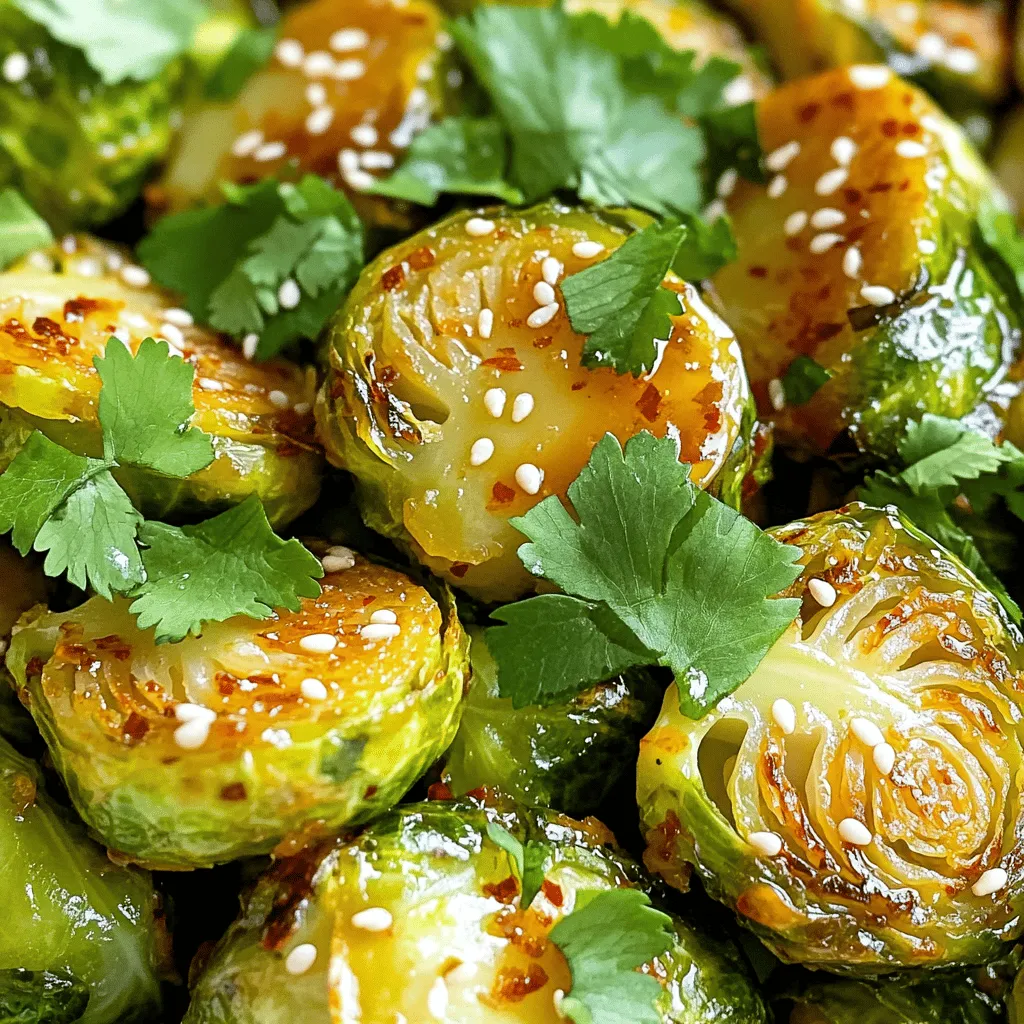 - 1 lb Brussels sprouts, carefully trimmed and halved - 3 tablespoons extra virgin olive oil - 4 cloves garlic, finely minced - 2 tablespoons sweet chili sauce - 1 tablespoon low-sodium soy sauce - 1 teaspoon honey (or maple syrup for a delightful vegan twist) - Sea salt and freshly cracked black pepper, to taste These ingredients create a tasty blend of flavors. The Brussels sprouts give a nice crunch. The garlic adds a strong, savory note. Sweet chili sauce provides heat and sweetness. Soy sauce gives depth and umami. Honey or maple syrup brings a hint of natural sweetness. - 1 tablespoon toasted sesame seeds - Fresh cilantro or parsley, roughly chopped, for garnish Garnishes are key to making this dish pop. Toasted sesame seeds add a nutty flavor and crunch. Fresh herbs like cilantro or parsley add color and freshness. They also brighten the taste of the dish. Roasting is the best method for this recipe. It makes the sprouts crispy and caramelized. Preheat your oven to 400°F (200°C) to get the right heat. Spread the sprouts in a single layer on your baking sheet. This helps them cook evenly. Toss them halfway through to ensure all sides get crispy. You can also experiment with grilling, which adds a smoky flavor. Just keep an eye on them to avoid burning. Start by rinsing the Brussels sprouts under cool water. Trim off the tough ends. Then, carefully slice each sprout in half. This helps them cook evenly and soak up the glaze. In a large bowl, combine the halved sprouts with olive oil, minced garlic, sweet chili sauce, soy sauce, honey, salt, and pepper. Use your hands or a spatula to mix well. Make sure each sprout gets a good coat of the glaze. This step is key for great flavor. Preheat your oven to 400°F (200°C). Line a baking sheet with parchment paper. Spread the coated Brussels sprouts in a single layer on the sheet. Roast them for 20 to 25 minutes. Remember to toss them halfway through cooking. This helps them brown and crisp nicely. When they are golden brown and tender, take them out. Right away, sprinkle toasted sesame seeds on top. Toss gently to mix. Serve warm, garnished with chopped cilantro or parsley for added flair. To get crispy Brussels sprouts, start by drying them well. Moisture makes them soggy. After washing, pat them dry with a towel. Use enough olive oil to coat each sprout. This helps them crisp up in the oven. Spread them out on the baking sheet. Give them space to breathe. If they are too close, they will steam instead of roast. Toss them halfway through cooking. This helps them get golden all over. Roast your Brussels sprouts at 400°F (200°C). This high heat makes them crispy outside and tender inside. Cook for 20-25 minutes. Check them at the 15-minute mark to see how they look. If they need more time, let them roast a bit longer. Toss them again to ensure even cooking. You want them golden brown and crispy. For more flavor, try adding a splash of lime juice or some red pepper flakes. Lime juice gives a fresh, zesty touch. Red pepper flakes add heat if you like spice. You can also mix in nuts like almonds for crunch. They add texture and a nutty flavor. Fresh herbs like basil or mint can brighten the dish. Experiment and find your favorite flavors! {{image_4}} To make this dish vegan, swap honey for maple syrup. Maple syrup provides great sweetness. It blends well with the other flavors. Use the same amount as honey, one tablespoon. This simple change keeps the taste amazing while being plant-based. You can add more veggies to your Brussels sprouts. Carrots, bell peppers, or sweet potatoes work great. Just cut them into similar sizes. Toss them in the same glaze. This adds color and taste to your dish. It also makes it more filling and fun. If you like heat, try adding red pepper flakes. Start with a pinch and taste. If you want more, add it gradually. Another option is to use spicy sweet chili sauce. This will give your dish a nice kick. Adjust the spice to match your taste. Enjoy experimenting with flavors! After enjoying your Sweet Chili Garlic Brussels Sprouts, cool them down. Use an airtight container to store the leftovers. Place a paper towel inside to soak up moisture. This helps keep the sprouts crisp. Store them in the fridge for up to four days. If you notice any strong odors, it’s best to toss them. To reheat the Brussels sprouts, use an oven or an air fryer. Preheat your oven to 350°F (175°C). Spread the sprouts on a baking sheet. Heat them for about 10-15 minutes. This method keeps them crispy. You can also use a microwave, but the sprouts may get soggy. If using the microwave, only heat them for a minute or two. You can freeze these sprouts if you want to save them for later. First, let them cool completely. Spread them out on a baking sheet in a single layer. Freeze for about one hour. Once frozen, transfer them to a freezer bag. Remove as much air as possible. They can last for up to three months in the freezer. To cook from frozen, roast them at 425°F (220°C) for about 25-30 minutes. Yes, you can use frozen Brussels sprouts. However, fresh ones taste better. Frozen sprouts may have more water, which can make them soggy. If you use frozen, thaw and drain them well. Roast them at a higher heat to help crisp them up. To add more spice, try using extra sweet chili sauce. You can also mix in red pepper flakes or sriracha. For a zesty kick, add fresh chopped chili peppers. Start with a little, then taste and add more until it’s just right for you. Sweet Chili Garlic Brussels Sprouts pair well with many dishes. They taste great with grilled chicken or fish. You can also serve them with rice or quinoa for a hearty meal. Try them as a side to any Asian-inspired dish, and enjoy the blend of flavors! Sweet Chili Garlic Brussels Sprouts are easy and fun to make. We covered the key ingredients, techniques, and tips needed to get them just right. Remember, you can add your twist with other veggies or spices. Whether storing leftovers or serving them fresh, these sprouts can please anyone. Try out this recipe and enjoy a tasty dish that brings joy to the table. Cooking is all about fun and flavor, so experiment and make it yours!
