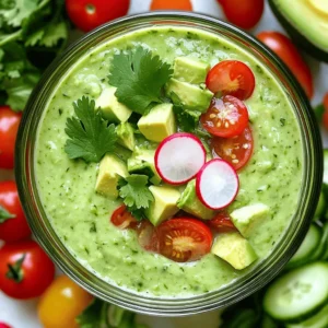 For this refreshing gazpacho, you will need: - 2 large cucumbers, peeled and chopped into chunks - 2 ripe avocados, diced into cubes - 1 cup cherry tomatoes, ripe and halved - 1 small red onion, finely chopped - 2 cloves garlic, minced - 2 cups chilled vegetable broth - 2 tablespoons freshly squeezed lime juice - 1 tablespoon extra virgin olive oil - Salt and freshly ground black pepper, to taste These ingredients create a smooth and creamy base. The cucumbers and avocados add a cool touch, while the tomatoes and onion give flavor. The garlic and lime juice make it bright and zesty. You can enhance your gazpacho with: - Fresh cilantro or parsley, for garnishing - Thinly sliced radishes, for garnishing These garnishes not only add color but also boost the taste. You can also add a few whole cherry tomatoes on top for extra flair. A slice of lime can make it look even better. This gazpacho is not just tasty; it’s also healthy. Cucumbers are low in calories and high in water. Avocados provide healthy fats and fiber. Tomatoes are rich in vitamins C and K. This soup is full of nutrients, which makes it a great choice for a light meal or snack. Enjoy this fresh dish, knowing it supports your health! Start by washing your vegetables. This step ensures they are clean and safe to eat. Peel the cucumbers, then chop them into chunks. You will need two large cucumbers for this recipe. Next, take the ripe avocados and dice them into cubes. Use two avocados to add creaminess. Halve the cherry tomatoes and chop the red onion. Use one small red onion for flavor. Lastly, mince two cloves of garlic. This mix of fresh veggies will make your gazpacho tasty. Now, it’s time to blend! Add all your prepared veggies into a high-speed blender. Pour in two cups of chilled vegetable broth. This broth adds depth to your gazpacho. Next, squeeze in two tablespoons of fresh lime juice and one tablespoon of extra virgin olive oil. These ingredients enhance the flavor. Blend everything on high speed until it’s smooth and creamy. If the mixture is too thick, add more broth until it’s just right. Season with salt and black pepper to taste. Blend briefly to mix the seasoning well. Once blended, transfer the gazpacho to a large bowl or pitcher. Cover it and place it in the fridge to chill for at least 30 minutes. This chilling time helps the flavors meld together. When ready to serve, stir the gazpacho to mix any settled ingredients. Ladle it into serving bowls and garnish with fresh cilantro or parsley. Add a few thinly sliced radishes for a pop of color and taste. For a fun touch, serve with whole cherry tomatoes and a slice of lime on top. Enjoy this refreshing and vibrant dish! When making cucumber avocado gazpacho, avoid using overripe avocados. They can make your soup taste off. Also, don’t skip chilling the soup. A cold gazpacho is refreshing and tasty. Finally, blend until smooth. Chunky pieces can ruin the texture. To boost the flavor, add extra lime juice. It brings a nice zing. You can also mix in a pinch of cumin or smoked paprika. These spices add warmth and depth. Fresh herbs like mint or dill can also make a big difference. They add freshness and a lovely aroma. For a lower-sodium option, use homemade vegetable broth. This way, you control the salt. If you’re vegan, this recipe is already perfect as is! You can also swap the olive oil for avocado oil. It adds a nice flavor and keeps things healthy. For a nut-free version, skip any nut-based garnishes. {{image_4}} You can kick up the heat by adding jalapeño to your gazpacho. Start with half a pepper, removing the seeds for less heat. Blend it in with the other ingredients. This small change can make a big difference. You can also try other peppers like serrano or poblano for a unique twist. If you want a creamier taste, consider adding coconut milk. This adds a rich flavor and keeps it dairy-free. Blend in about half a cup of unsweetened coconut milk. This twist gives your gazpacho a nice, tropical feel. It pairs well with the coolness of cucumber and avocado. Change up your gazpacho based on the season. In summer, add fresh corn or bell peppers. In fall, try roasted butternut squash for a warm flavor. Using local produce adds freshness and keeps your dish exciting. This way, you can enjoy new tastes all year round. You can store leftover gazpacho in an airtight container. Keep it in the fridge for up to three days. Make sure to stir it well before serving. The flavors will blend even more over time. If you want to freeze your gazpacho, pour it into freezer-safe bags. Leave some space in the bags for expansion. It can last in the freezer for up to three months. When you're ready to eat it, thaw it overnight in the fridge. Blend it again for a smooth texture. You can use leftover gazpacho in many ways. Drizzle it over grilled fish or chicken for a fresh touch. You can also mix it with pasta or quinoa for a cool salad. Use it as a base for a refreshing soup or as a sauce for tacos. Get creative and enjoy the flavors! Cucumber Avocado Gazpacho lasts about 3 to 4 days in the fridge. Make sure to store it in an airtight container. After a day or two, the flavors will blend even more. You might notice some separation, so just stir it well before serving. Yes, you can make gazpacho ahead of time. In fact, it tastes better after a few hours or overnight. The chilling time helps the flavors mix and develop. Just cover it tightly and keep it in the fridge until you are ready to serve. Cucumber Avocado Gazpacho is packed with healthy ingredients. Here are some benefits: - Cucumbers: Hydrating and low in calories. - Avocados: Full of good fats and vitamins. - Tomatoes: Rich in antioxidants and vitamins. - Garlic: Great for your immune system. - Lime Juice: Adds vitamin C and helps digestion. This soup is refreshing and supports hydration, making it perfect for warm days. Gazpacho is always served cold. It is a chilled soup, perfect for hot weather. Serving it cold enhances its fresh flavors and makes it very refreshing. Enjoy it straight from the fridge for the best taste. Cucumber avocado gazpacho is a refreshing dish made with simple, healthy ingredients. We explored the main components, preparation steps, and tips to enhance your flavors. Remember to avoid common mistakes and consider variations to match your taste. Don't forget how to store leftovers for later enjoyment. Gazpacho is best served cold, and it’s packed with nutrients. Enjoy crafting this easy, nutritious dish that brightens up any meal!