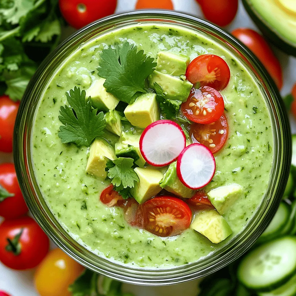 For this refreshing gazpacho, you will need: - 2 large cucumbers, peeled and chopped into chunks - 2 ripe avocados, diced into cubes - 1 cup cherry tomatoes, ripe and halved - 1 small red onion, finely chopped - 2 cloves garlic, minced - 2 cups chilled vegetable broth - 2 tablespoons freshly squeezed lime juice - 1 tablespoon extra virgin olive oil - Salt and freshly ground black pepper, to taste These ingredients create a smooth and creamy base. The cucumbers and avocados add a cool touch, while the tomatoes and onion give flavor. The garlic and lime juice make it bright and zesty. You can enhance your gazpacho with: - Fresh cilantro or parsley, for garnishing - Thinly sliced radishes, for garnishing These garnishes not only add color but also boost the taste. You can also add a few whole cherry tomatoes on top for extra flair. A slice of lime can make it look even better. This gazpacho is not just tasty; it’s also healthy. Cucumbers are low in calories and high in water. Avocados provide healthy fats and fiber. Tomatoes are rich in vitamins C and K. This soup is full of nutrients, which makes it a great choice for a light meal or snack. Enjoy this fresh dish, knowing it supports your health! Start by washing your vegetables. This step ensures they are clean and safe to eat. Peel the cucumbers, then chop them into chunks. You will need two large cucumbers for this recipe. Next, take the ripe avocados and dice them into cubes. Use two avocados to add creaminess. Halve the cherry tomatoes and chop the red onion. Use one small red onion for flavor. Lastly, mince two cloves of garlic. This mix of fresh veggies will make your gazpacho tasty. Now, it’s time to blend! Add all your prepared veggies into a high-speed blender. Pour in two cups of chilled vegetable broth. This broth adds depth to your gazpacho. Next, squeeze in two tablespoons of fresh lime juice and one tablespoon of extra virgin olive oil. These ingredients enhance the flavor. Blend everything on high speed until it’s smooth and creamy. If the mixture is too thick, add more broth until it’s just right. Season with salt and black pepper to taste. Blend briefly to mix the seasoning well. Once blended, transfer the gazpacho to a large bowl or pitcher. Cover it and place it in the fridge to chill for at least 30 minutes. This chilling time helps the flavors meld together. When ready to serve, stir the gazpacho to mix any settled ingredients. Ladle it into serving bowls and garnish with fresh cilantro or parsley. Add a few thinly sliced radishes for a pop of color and taste. For a fun touch, serve with whole cherry tomatoes and a slice of lime on top. Enjoy this refreshing and vibrant dish! When making cucumber avocado gazpacho, avoid using overripe avocados. They can make your soup taste off. Also, don’t skip chilling the soup. A cold gazpacho is refreshing and tasty. Finally, blend until smooth. Chunky pieces can ruin the texture. To boost the flavor, add extra lime juice. It brings a nice zing. You can also mix in a pinch of cumin or smoked paprika. These spices add warmth and depth. Fresh herbs like mint or dill can also make a big difference. They add freshness and a lovely aroma. For a lower-sodium option, use homemade vegetable broth. This way, you control the salt. If you’re vegan, this recipe is already perfect as is! You can also swap the olive oil for avocado oil. It adds a nice flavor and keeps things healthy. For a nut-free version, skip any nut-based garnishes. {{image_4}} You can kick up the heat by adding jalapeño to your gazpacho. Start with half a pepper, removing the seeds for less heat. Blend it in with the other ingredients. This small change can make a big difference. You can also try other peppers like serrano or poblano for a unique twist. If you want a creamier taste, consider adding coconut milk. This adds a rich flavor and keeps it dairy-free. Blend in about half a cup of unsweetened coconut milk. This twist gives your gazpacho a nice, tropical feel. It pairs well with the coolness of cucumber and avocado. Change up your gazpacho based on the season. In summer, add fresh corn or bell peppers. In fall, try roasted butternut squash for a warm flavor. Using local produce adds freshness and keeps your dish exciting. This way, you can enjoy new tastes all year round. You can store leftover gazpacho in an airtight container. Keep it in the fridge for up to three days. Make sure to stir it well before serving. The flavors will blend even more over time. If you want to freeze your gazpacho, pour it into freezer-safe bags. Leave some space in the bags for expansion. It can last in the freezer for up to three months. When you're ready to eat it, thaw it overnight in the fridge. Blend it again for a smooth texture. You can use leftover gazpacho in many ways. Drizzle it over grilled fish or chicken for a fresh touch. You can also mix it with pasta or quinoa for a cool salad. Use it as a base for a refreshing soup or as a sauce for tacos. Get creative and enjoy the flavors! Cucumber Avocado Gazpacho lasts about 3 to 4 days in the fridge. Make sure to store it in an airtight container. After a day or two, the flavors will blend even more. You might notice some separation, so just stir it well before serving. Yes, you can make gazpacho ahead of time. In fact, it tastes better after a few hours or overnight. The chilling time helps the flavors mix and develop. Just cover it tightly and keep it in the fridge until you are ready to serve. Cucumber Avocado Gazpacho is packed with healthy ingredients. Here are some benefits: - Cucumbers: Hydrating and low in calories. - Avocados: Full of good fats and vitamins. - Tomatoes: Rich in antioxidants and vitamins. - Garlic: Great for your immune system. - Lime Juice: Adds vitamin C and helps digestion. This soup is refreshing and supports hydration, making it perfect for warm days. Gazpacho is always served cold. It is a chilled soup, perfect for hot weather. Serving it cold enhances its fresh flavors and makes it very refreshing. Enjoy it straight from the fridge for the best taste. Cucumber avocado gazpacho is a refreshing dish made with simple, healthy ingredients. We explored the main components, preparation steps, and tips to enhance your flavors. Remember to avoid common mistakes and consider variations to match your taste. Don't forget how to store leftovers for later enjoyment. Gazpacho is best served cold, and it’s packed with nutrients. Enjoy crafting this easy, nutritious dish that brightens up any meal!