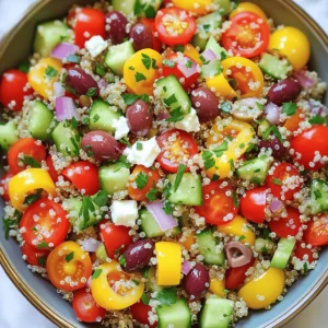 The Mediterranean Quinoa Salad is fresh and full of flavor. Here are the main ingredients you will need: - 1 cup quinoa, thoroughly rinsed - 2 cups water or vegetable broth - 1 cup cherry tomatoes, halved - 1 medium cucumber, finely diced - 1 bell pepper (red or yellow), diced - ½ medium red onion, finely chopped - ½ cup kalamata olives, pitted and sliced - ½ cup feta cheese, crumbled - ¼ cup fresh parsley, finely chopped - ¼ cup extra virgin olive oil - 3 tablespoons freshly squeezed lemon juice - 1 teaspoon dried oregano - Salt and freshly ground black pepper, to taste These ingredients create a bright and tasty salad. The quinoa gives it a nice texture. Fresh vegetables add crunch and color. You can add more fun to your salad with these optional extras: - Avocado, diced - Chickpeas, canned and rinsed - Roasted red peppers, diced - Artichoke hearts, chopped - Fresh basil or mint, chopped These add-ins boost the flavor and nutrition. You can mix and match based on what you like. If you have special diet needs, here are some easy swaps: - Use brown rice or couscous instead of quinoa for a different grain. - Swap feta cheese for nutritional yeast for a vegan option. - If you are dairy-free, leave out cheese or use a plant-based cheese. - For low-sodium options, use low-sodium olives and broth. These substitutions keep the salad tasty while meeting dietary needs. Enjoy making your own version! Start by rinsing 1 cup of quinoa under cold water. This helps remove any bitter taste. Next, put the rinsed quinoa in a medium pot. Add 2 cups of water or vegetable broth for extra flavor. Bring it to a boil over high heat. When it boils, turn the heat down to low. Cover the pot and let it simmer for 15 minutes. After that, the liquid should be gone. Take the pot off the heat, but keep it covered for 5 more minutes. This steams the quinoa. Finally, fluff it with a fork and spread it on a plate to cool. While the quinoa cools, wash and chop your veggies. Halve 1 cup of cherry tomatoes. Dice 1 medium cucumber into small pieces. Chop 1 bell pepper, either red or yellow, into small bits. For some crunch and flavor, finely chop ½ medium red onion. Slice ½ cup of kalamata olives, pitted. Lastly, chop ¼ cup of fresh parsley. Mix all these fresh veggies in a large bowl. This adds color and taste to your salad. In a small bowl, whisk together ¼ cup of extra virgin olive oil and 3 tablespoons of freshly squeezed lemon juice. Add 1 teaspoon of dried oregano. Season with a pinch of salt and freshly ground black pepper. Mix until smooth. Pour this dressing over your bowl of cooled quinoa and veggies. Toss gently with a spatula or salad tongs. Taste your salad and add more salt or pepper if needed. Cover it and chill in the fridge for at least 30 minutes. This helps the flavors blend well. Enjoy your healthy Mediterranean quinoa salad! To cook quinoa just right, rinse it well. This step removes bitterness and helps the grains taste great. Use a pot with a lid and the right water ratio. I recommend two cups of water for one cup of quinoa. Bring it to a boil, then lower the heat. Cover the pot and let it simmer for 15 minutes. After cooking, let it sit for five minutes with the lid on. Fluff it with a fork to keep the grains separate. Want to kick up the flavor? First, use vegetable broth instead of water. This adds depth. Fresh herbs like basil or mint can also brighten the dish. Try adding some lemon zest for a zesty touch. If you love spice, consider a pinch of red pepper flakes. You can also mix in roasted garlic for a rich flavor. To make your salad look amazing, serve it in a large bowl. A colorful bowl adds to the visual appeal. Garnish with fresh parsley and some whole olives on top. This adds a nice contrast. Just before serving, drizzle a little extra olive oil for shine. It makes the salad look fresh and inviting! {{image_4}} You can add chickpeas to the salad for extra protein. Chickpeas bring a creamy texture and a nutty flavor. To do this, use one can of chickpeas, drained and rinsed. Mix them with the other ingredients after cooking the quinoa. This addition makes the salad more filling and hearty. To make a vegan version, simply omit the feta cheese. You can replace it with avocado for creaminess or use vegan feta if you prefer. The rest of the salad stays the same. This version is bright, fresh, and totally delicious without dairy. This salad is already gluten-free thanks to quinoa. However, if you want to add more crunch, try adding nuts like almonds or walnuts. These not only add texture but also healthy fats. Just chop them up and mix them in with the other ingredients. To keep your Mediterranean quinoa salad fresh, store it in an airtight container. Make sure to refrigerate it right after serving. This way, you help keep the flavors intact. If you have extra dressing, store it separately. This keeps the salad from getting soggy. This salad is best served cold or at room temperature. If you prefer, you can gently reheat the quinoa in the microwave. Do this in short bursts to avoid overcooking. Add a splash of olive oil if it feels dry. Before serving, give it a good toss to mix the flavors again. Your quinoa salad can last in the fridge for 3 to 5 days. After that, the ingredients may lose their crispness. It’s not recommended to freeze this salad. Freezing changes the texture of the veggies and feta cheese. For the best taste, enjoy your leftovers within a week. Yes, you can make this salad ahead of time. I often prepare it a day before. The flavors mix better when they sit together. Just keep it in the fridge. Cover it well with plastic wrap or a lid. This salad stays fresh for up to three days. If you need a feta substitute, try goat cheese or ricotta. Both add creaminess. You can also skip cheese for a dairy-free option. A sprinkle of nutritional yeast gives a cheesy taste. To add heat, include diced jalapeños or red pepper flakes. You can mix in a splash of hot sauce too. If you like a kick, try adding black pepper or cayenne. Adjust the spice to fit your taste. This blog post covered how to make a Mediterranean quinoa salad. We explored key ingredients, optional add-ins, and substitutions for different diets. I provided clear steps for cooking and assembling the salad. Tips helped ensure the quinoa was perfect and the presentation was appealing. I discussed tasty variations and how to store leftovers. In closing, this salad is flexible and easy to make. Try out different flavors and enjoy!