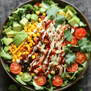 This salad needs a few key items to shine. You will need: - 2 cups shredded cooked chicken (rotisserie chicken works well) - 1 cup BBQ sauce (choose your favorite brand or make your own) - 4 cups mixed greens (a blend of romaine, arugula, and spinach) - 1 cup cherry tomatoes, halved for sweetness - 1 cup corn, cooked (fresh or canned) - ½ cup black beans, drained and rinsed - ½ red onion, thinly sliced - 1 ripe avocado, diced - 1 cup shredded cheese (sharp cheddar or Mexican blend) - ½ cup ranch dressing (homemade or store-bought) - Salt and pepper to taste - Fresh cilantro, chopped (optional but recommended) These ingredients combine to create a colorful and tasty salad that everyone will love. You can add extra touches to your salad to make it even better. Consider these options: - Jalapeños for heat - Sliced bell peppers for crunch - Fresh lime juice for a zesty kick - Croutons for extra texture These extras can elevate your salad and suit your taste. Choosing the right sauces can make a big difference in flavor. I recommend these brands: - BBQ Sauce: Sweet Baby Ray's, Stubb's, or homemade - Ranch Dressing: Hidden Valley, Ken's, or your own recipe These brands are popular for their great taste and quality. Start by taking a medium bowl. Add 2 cups of shredded cooked chicken. I often use rotisserie chicken because it saves time. Pour in 1 cup of your favorite BBQ sauce. Mix with a fork until each piece of chicken is coated. This ensures every bite is packed with flavor. Next, grab a large salad bowl. Layer in 4 cups of mixed greens. I like a mix of romaine, arugula, and spinach. This gives the salad great texture and color. Make sure the greens cover the bottom well. This will support all the yummy toppings. Now, spread the BBQ chicken mixture evenly over the greens. It should cover them completely. Then, add 1 cup of halved cherry tomatoes for sweetness. Next, sprinkle 1 cup of cooked corn over the top. Then, add ½ cup of drained black beans for protein. Don’t forget ½ of a thinly sliced red onion for a sharp kick. Next, dice 1 ripe avocado and add it gently on top. This adds creaminess. Now, take 1 cup of shredded cheese and sprinkle it over all the ingredients. I recommend sharp cheddar or a Mexican blend. Finally, drizzle ½ cup of ranch dressing over the salad. Use salt and pepper to taste. Toss gently but don’t mash the avocado. If you want, chop some fresh cilantro to sprinkle on top. This adds a burst of color and freshness. Your BBQ Ranch Chicken Salad is now ready to serve! When selecting chicken for your BBQ Ranch Chicken Salad, I recommend rotisserie chicken. It saves time and adds great flavor. Look for chicken that is moist and tender. If using fresh chicken, choose boneless, skinless breasts or thighs. Cook the chicken until it reaches 165°F. Let it rest before shredding to keep it juicy. Balancing flavors is key. Use your favorite BBQ sauce, but don’t go overboard. The sauce should enhance, not overpower. Mix in ranch dressing for creaminess. Adjust the amount based on your taste. Salt and pepper are also vital. They bring all the flavors together. Taste as you go for the best results. A well-presented salad grabs attention. Use large bowls or plates for serving. Start with a colorful layer of greens. Spread the BBQ chicken evenly on top. Arrange the other toppings artfully. This creates a feast for the eyes. Drizzle extra BBQ sauce and ranch dressing on top. Sprinkle fresh cilantro for a vibrant finish. Your guests will love the look and taste! {{image_4}} You can change the greens in your BBQ Ranch Chicken Salad. Try using kale, spinach, or even mixed baby greens. Each green adds its own flavor and texture. For a crunchy base, use romaine. If you want something tender, choose baby spinach. Mix different greens for a fun twist! Want more protein? Try adding chickpeas or chopped hard-boiled eggs. You can also include grilled shrimp or diced turkey for extra flavor. For veggies, think about bell peppers or cucumbers. They add nice crunch and color. Feel free to get creative with your choices! To make this salad vegan or vegetarian, swap the chicken for chickpeas or tofu. Use a vegan BBQ sauce and ranch dressing. You can also add more veggies like roasted sweet potatoes or zucchini. These changes make the salad just as tasty and filling. Enjoy your plant-based twist! Store any leftover BBQ Ranch Chicken Salad in an airtight container. Place it in the fridge right after serving. This keeps it fresh and safe to eat. Try to eat it within two days for the best taste. If the salad has dressing, store it separately. This helps keep the greens crisp. Reheat the BBQ chicken only if you have leftovers. Use a microwave or stovetop for this. Heat it gently to avoid drying it out. For the microwave, place the chicken in a bowl and cover it with a damp paper towel. Heat in short bursts until warm. On the stovetop, use a nonstick pan over medium heat. Stir it often to ensure even heating. - Shredded chicken: Use within 3-4 days if stored properly in the fridge. - BBQ sauce: Check the label for best before dates, but it can last months if unopened. - Mixed greens: Consume within 3-5 days for the best texture and flavor. - Cherry tomatoes: They stay fresh for about a week when stored in a cool place. - Corn: Use cooked corn within 3-4 days. Canned corn lasts longer if unopened. - Black beans: Use within 3-4 days after opening. Canned beans last a long time if unopened. - Red onion: Store sliced onion in a sealed container for about a week. - Avocado: Once cut, use within 1-2 days to prevent browning. - Shredded cheese: Keep it sealed for up to a week in the fridge. - Ranch dressing: Check the label, but homemade usually lasts about a week. Store your ingredients well to ensure they taste great when you make the salad again! Yes, you can use grilled chicken. Grilled chicken adds a smoky flavor. Just make sure it is cooked and shredded. You can season it with some BBQ sauce for extra taste. Both options work well in this salad. You can make this salad in advance, but be careful. If you mix the dressing in early, the greens may get soggy. I recommend keeping the dressing separate until you serve. You can prepare other ingredients ahead to save time. If you want a substitute for ranch dressing, try these options: - Greek yogurt mixed with herbs - Blue cheese dressing for a bolder flavor - A simple vinaigrette for a lighter touch These choices will still keep your salad tasty. In this blog post, we explored BBQ ranch chicken salad step-by-step. We started with essential ingredients, followed instructions for preparation, and shared tips for perfecting flavor. I highlighted ways to customize the salad and storage tips to keep it fresh. This salad is not just easy to make; it’s fun to customize. By applying these tips, you can create a tasty meal that suits your flavor. Enjoy building your own version of this dish!
