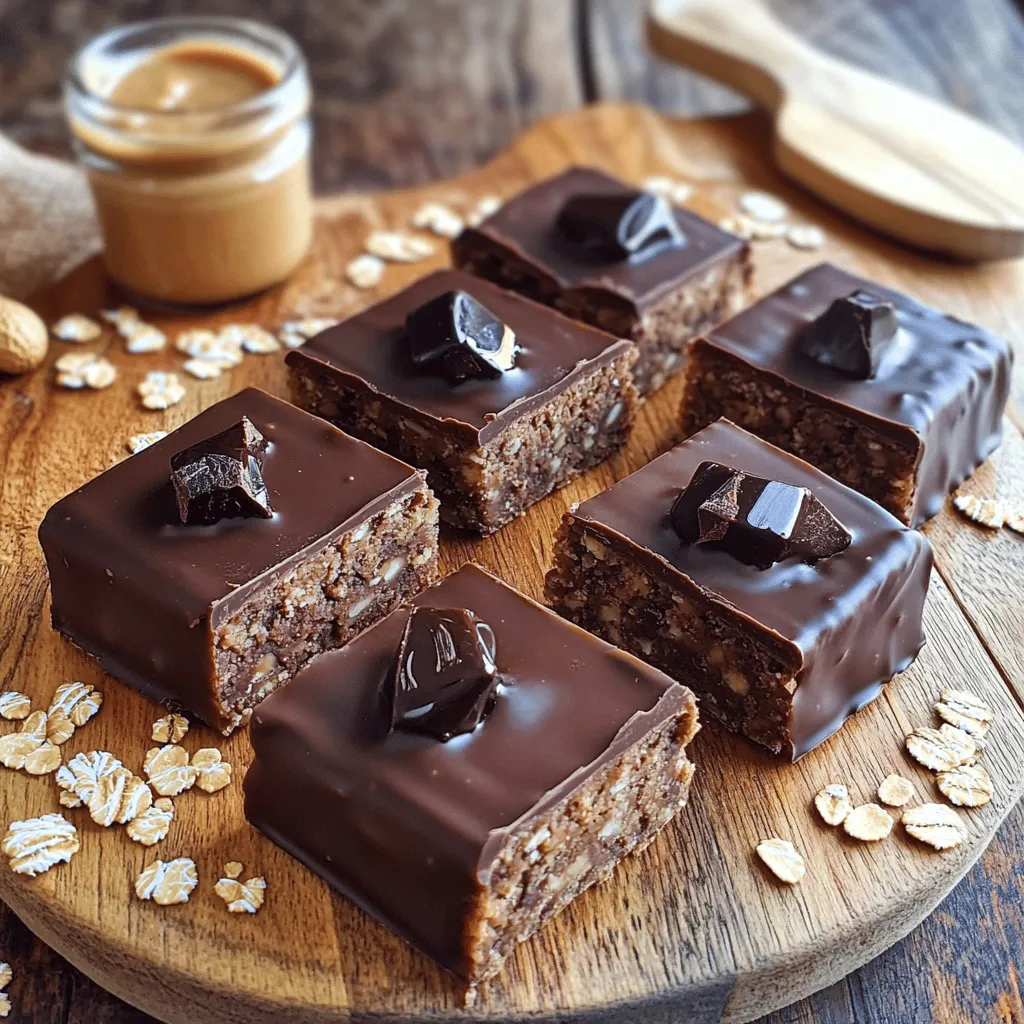 - 1 cup rolled oats - ½ cup peanut butter (smooth or crunchy) - ¼ cup honey or maple syrup Rolled oats form the base of these bars. They add fiber and help bind the mixture. You can choose peanut butter based on your taste. Smooth gives a creamy texture, while crunchy adds a fun bite. Sweeteners like honey or maple syrup offer natural sweetness. Honey is thicker, while maple syrup is runnier, so pick what you like. - ½ cup chocolate protein powder - ¼ cup unsweetened cocoa powder - ¼ cup dark chocolate chips (optional) Chocolate protein powder boosts the protein content. It also adds a rich chocolate flavor. Cocoa powder enhances the chocolate taste without extra sugar. If you're a chocolate lover, add dark chocolate chips for an extra treat. They melt slightly when mixed in, creating a delicious surprise. - Protein Content Per Bar: About 7 grams - Caloric Breakdown: Roughly 150 calories per bar - Other Nutrients: Contains healthy fats and carbohydrates Each bar has around 7 grams of protein. This helps keep you full and energized. With about 150 calories, they fit well into a balanced diet. The bars also include healthy fats from peanut butter and oats, offering a nutritious snack. Start with a large mixing bowl. Add the rolled oats, chocolate protein powder, cocoa powder, and a pinch of salt. Use a whisk or spoon to mix these dry ingredients thoroughly. This step is key for even flavor and texture. Make sure there are no clumps. A good mix helps all flavors blend well. In another bowl, combine your peanut butter, honey or maple syrup, almond milk, and vanilla extract. Mix these until they are completely smooth. This mixture should be creamy and uniform. A smooth mix ensures the bars hold together well. If you want a richer taste, you can add dark chocolate chips at this point. Gently fold them in to distribute evenly. Now, prepare a 9x9 inch baking dish. Line it with parchment paper, leaving some paper hanging over the edges. This will help you lift out the bars later. Carefully pour the wet mix into the dry mix. Stir well with a spatula until everything is combined. The mixture should be thick and sticky. Transfer the mixture to your lined baking dish. Use the spatula to spread it evenly. Press down firmly to create a smooth surface. This step is important for the bars to be compact and not crumble. Refrigerate for at least 30 minutes to set. Once firm, lift the bars out using the parchment paper and cut them into squares. Enjoy your homemade protein bars! To make these bars your own, you can adjust the sweetness. If you want them sweeter, add more honey or maple syrup. If you prefer less sweetness, cut back on the sweetener. You can also add extra ingredients for texture. Try adding chopped nuts, seeds, or dried fruit. These will give your bars a fun crunch and add more flavor. Getting the right consistency is key to great protein bars. Make sure to mix the dry ingredients well. This helps distribute the cocoa powder and protein powder evenly. When mixing the wet ingredients, stir until smooth. A smooth mixture blends better with the dry ingredients, giving you a nice, thick consistency. If it feels too dry, add a splash more milk. When serving, presentation matters. Arrange the bars on a wooden board or colorful plate. You can drizzle melted dark chocolate on top for a fancy touch. For a snack or meal, these bars pair well with fruit or a protein shake. They make a great on-the-go snack or a post-workout boost. Enjoy them whenever you need a tasty, nutritious pick-me-up! {{image_4}} You can change the nut butter in this recipe. Almond butter is a great choice. It adds a unique taste and pairs well with chocolate. Sunflower seed butter is another option for those with nut allergies. Both alternatives keep the bars creamy and rich. You can also add fun flavors. Try mixing in shredded coconut for a tropical twist. Chopped nuts, like walnuts or pecans, add crunch. These additions make each bite exciting and tasty. For a vegan option, replace honey with maple syrup. This keeps the bars sweet and plant-based. Ensure your protein powder is dairy-free for a complete vegan treat. If you need gluten-free bars, use certified gluten-free oats. This simple swap allows everyone to enjoy these bars without worry. You can choose how chewy or crunchy you want your bars. For a chewier texture, press the mixture less firmly in the baking dish. If you prefer a crunch, add seeds like chia or flax. They give additional texture and boost nutrition. Experiment with the balance of ingredients. You can adjust the oats and protein powder to find your perfect texture. This way, you create a snack that suits your taste perfectly. To keep your chocolate peanut butter protein bars fresh, store them in an airtight container. This helps prevent moisture from making them soggy. I recommend a glass or plastic container with a tight lid. Placing parchment paper between layers can also help keep the bars from sticking together. Store the bars in a cool, dry place, like your kitchen counter. If you live in a hot climate, the fridge is a better option. It keeps them firm and tasty. These protein bars last about a week in the refrigerator. The cold keeps them fresh and safe to eat. If you want to keep them longer, freeze them. They can last up to three months in the freezer. Just wrap each bar in plastic wrap before placing them in a freezer bag. This way, they stay fresh and easy to grab later. If your protein bars become too hard after storage, you can soften them. Place the bars in a microwave-safe dish. Heat them for about 10 seconds. Check and repeat if needed, but don’t overheat. You want them soft but not melted. You can also let them sit at room temperature for a few minutes. This helps them regain some moisture and makes them easier to bite into. To make these bars, follow these steps: 1. Mix rolled oats, chocolate protein powder, cocoa powder, and salt in a bowl. 2. In another bowl, blend peanut butter, honey, almond milk, and vanilla until smooth. 3. Combine the wet and dry mixtures until thick and sticky. 4. Fold in dark chocolate chips if you want extra chocolate taste. 5. Press this mixture into a lined baking dish. 6. Refrigerate for at least 30 minutes to set. 7. Cut into bars and enjoy! Yes, homemade protein bars are often healthier than store-bought ones. Here’s why: - Control Over Ingredients: You know exactly what goes in your bars. - Less Sugar: You can adjust sweetness to your liking. - No Preservatives: Homemade bars avoid many chemicals found in store options. - Custom Nutrition: You can add superfoods or adjust protein levels as needed. Yes, you can substitute some ingredients. Here are some ideas: - Peanut Butter: Use almond butter or sunflower seed butter for different flavors. - Sweeteners: Maple syrup can replace honey for a vegan option. - Milk: Any milk (dairy or plant-based) works well. - Protein Powder: You can swap chocolate protein for vanilla protein for a new taste. Each change will slightly alter the flavor and texture, but they can still be delicious. In this post, I covered how to make chocolate peanut butter protein bars. We explored key ingredients, like oats and peanut butter, and looked at nutritional facts. I shared step-by-step instructions and helpful tips for customizing your bars. You can adapt flavors and textures to fit your taste. Proper storage ensures they stay fresh. Homemade bars are often healthier than store-bought ones. You now have the knowledge to create tasty, nutritious treats. Happy snacking!