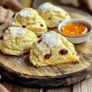 To make cranberry orange scones, you need some simple ingredients. Here’s the list: - 2 cups all-purpose flour - ⅓ cup granulated sugar - 1 tablespoon baking powder - ½ teaspoon salt - ½ cup unsalted butter, cold and cubed - ½ cup dried cranberries - Zest of 1 large orange - ½ cup whole milk - 1 large egg - 1 teaspoon pure vanilla extract Each ingredient plays a key role. The flour gives the scones structure. Sugar adds sweetness and helps with browning. Baking powder makes them rise, while salt brings out the flavors. Cold butter is essential. It creates flaky layers in the scones. Dried cranberries add a sweet and tart punch, and orange zest gives a bright, fresh flavor. Whole milk adds moisture. The egg helps bind everything together. Finally, vanilla extract adds a warm, inviting aroma. Gather these ingredients before you start. It makes the process smoother and more fun! First, set your oven to 400°F (200°C). This makes sure the scones bake evenly. Line a baking sheet with parchment paper. This helps the scones not stick. In a big bowl, mix 2 cups of all-purpose flour, ⅓ cup of granulated sugar, 1 tablespoon of baking powder, and ½ teaspoon of salt. Use a whisk to blend everything well. This creates a nice dry mix. Now, add ½ cup of cold, cubed unsalted butter. You can use a pastry cutter or your fingers. Mix until it looks like coarse crumbs. Some butter pieces should still be small. This keeps your scones tender. Next, gently fold in ½ cup of dried cranberries and the zest of 1 large orange. Make sure they are spread out evenly. This step adds bursts of flavor in each bite. In another bowl, whisk together ½ cup of whole milk, 1 large egg, and 1 teaspoon of pure vanilla extract. Mix until everything is combined. This adds moisture to your scones. Pour the wet mix into the dry mix. Stir gently until just combined. Don't overmix; it’s okay to have lumps. This will make the scones light and fluffy. Transfer the dough to a lightly floured surface. Knead it gently a few times. Then, pat it into a circle about 1 inch thick. This helps shape your scones. Use a sharp knife to cut the dough into 8 equal wedges. Place each wedge on the prepared baking sheet. Leave some space between them for even baking. Put the baking sheet in your preheated oven. Bake for about 15 to 20 minutes. The scones should be lightly golden and smell great when done. Once baked, take the scones out and let them cool on a wire rack for a few minutes. This helps set them and makes serving easier. Enjoy your warm scones! Mixing is key to great scones. Start by whisking the dry ingredients well. This helps blend them evenly. When you add the cold butter, use your fingertips or a pastry cutter. You want small bits of butter in the mix. This keeps the scones tender. Don’t rush this step. The more even your mix, the better your scones will be. To make fluffy scones, use cold ingredients. Cold butter and milk help create steam during baking. This steam makes the scones rise. Mix the dough just until combined. Overmixing can lead to dense scones. Lastly, shape the dough gently. Pat it down instead of rolling it out. This keeps air in the dough, making your scones light and airy. Serve your cranberry orange scones warm for the best taste. Dust them with powdered sugar for a sweet touch. You can also pair them with orange marmalade or clotted cream. These spreads add flavor and richness. Enjoy them with tea or coffee for a delightful snack. You can even serve them at brunch for a special treat! {{image_4}} You can mix up the dried cranberries with other fruits. Here are some great options: - Chopped dried apricots - Raisins or golden raisins - Dried cherries - Blueberries or blackberries These fruits give a sweet twist. They also add new flavors and colors. You can change the zest too. Lemon zest or lime zest adds a nice zing. To boost the flavor of your scones, try these ideas: - Add spices like cinnamon or nutmeg for warmth. - Use almond extract instead of vanilla for a unique taste. - Mix in chopped nuts, like walnuts or pecans, for crunch. These small changes make your scones even more special. You can find what you like best. If you need gluten-free scones, it's easy to swap ingredients. Use gluten-free all-purpose flour instead of regular flour. Make sure it has xanthan gum for texture. You can also try almond flour or coconut flour. These options will change the taste a bit. But they can still be delicious. Just be careful with the liquid amounts. Gluten-free flours often soak up more moisture. Adjust as needed for the perfect dough. To keep your leftover scones fresh, place them in an airtight container. This helps lock in moisture. You can store the scones at room temperature for up to two days. If you want to keep them longer, refrigeration is an option, but it may change their texture. When it's time to enjoy your scones again, you can reheat them. Preheat your oven to 350°F (175°C). Place the scones on a baking sheet and warm them for about 10 minutes. You can also use a microwave. Just heat them for about 15-20 seconds. This helps restore their soft texture. If you want to save scones for later, freezing is a great choice. Wrap each scone tightly in plastic wrap and then in aluminum foil. This prevents freezer burn. You can freeze them for up to three months. When you are ready to eat, thaw them in the fridge overnight and reheat as needed. Yes, you can use fresh cranberries. They will add a tart flavor to the scones. Fresh cranberries will make your scones slightly wetter. You may want to reduce the milk a bit to balance the moisture. You can use coconut oil or vegetable shortening in place of butter. Both will give a nice texture. If you use coconut oil, make sure it is solid, not melted. You can also try a plant-based butter for a dairy-free option. Your scones are done when they turn lightly golden on top. They should feel firm to the touch. If you insert a toothpick, it should come out clean. The baking time is usually around 15 to 20 minutes. Yes, you can make the dough ahead of time. After shaping the dough, wrap it tightly in plastic wrap. Store it in the fridge for up to 24 hours. When ready to bake, just cut and bake as directed. Serve warm, dusted with powdered sugar for a sweet touch. Pair them with orange marmalade or clotted cream. This adds a rich layer of flavor that complements the scones well. Enjoy them with tea for a delightful afternoon treat! You’ve learned how to make delicious cranberry orange scones. We covered key ingredients, step-by-step instructions, and tips for the best results. I shared storage methods and FAQs to ease your baking worries. Scones can be fun and easy to make. Enjoy these treats with friends or family. They’ll love your baking skills. Simple swaps and ideas let you be creative. Don't hesitate to try new flavors. Happy baking!