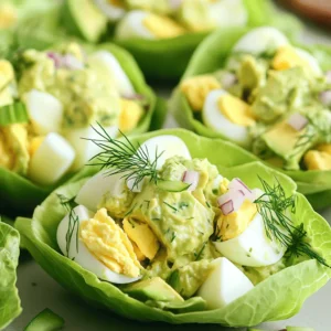 To make Avocado Egg Salad Lettuce Wraps, you need the following ingredients: - 4 hard-boiled eggs, peeled and roughly chopped - 1 ripe avocado, perfectly mashed - 2 tablespoons plain Greek yogurt for creaminess - 1 tablespoon Dijon mustard for a tangy kick - 1 tablespoon freshly squeezed lemon juice - 1/4 cup red onion, finely chopped - 1/4 cup celery, finely chopped - Salt and freshly ground black pepper to taste - 8 large leafy romaine or butter lettuce leaves - Fresh dill or parsley for garnish Each ingredient plays an important role. The eggs give protein, while the avocado adds a creamy texture. Greek yogurt boosts the creaminess and keeps it light. Dijon mustard adds a zesty flavor that contrasts nicely with the rich avocado. Lemon juice brightens the dish, making it fresh. Red onion and celery give a satisfying crunch. Lastly, the lettuce leaves serve as a great, low-carb wrap. Don't skip the herbs! Fresh dill or parsley can elevate the dish. They add a pop of color and a burst of flavor. You can adjust the seasoning to fit your taste. Enjoy making this vibrant and healthy meal! - Combine chopped eggs and mashed avocado in a bowl. - Incorporate Greek yogurt, Dijon mustard, and lemon juice. - Mix in chopped red onion and celery, and fold gently. In this step, you want the eggs to keep some texture. This adds a nice bite to your salad. The creamy avocado pairs well with the crunchy veggies. The Greek yogurt gives it a rich taste without too much fat. Dijon mustard adds a zing that wakes up all the flavors. A splash of lemon juice brings brightness to the mix. - Season to taste with salt and black pepper. - Prepare and dry lettuce leaves. - Spoon avocado egg salad into lettuce leaves. Once you mix everything, it's time to season. Just a pinch of salt brings out the flavors. Black pepper adds a little warmth. Rinse your lettuce leaves well and pat them dry. This keeps them crisp. Spoon your salad into each leaf. It’s like a little gift of flavor wrapped in greens. - Garnish with fresh dill or parsley. - Serve immediately or chill before serving. Adding fresh dill or parsley gives your wraps a pop of color and an extra layer of flavor. You can serve them right away for a fresh bite. If you prefer them cool, chill them for about an hour. This makes them even more refreshing. Enjoy your tasty and satisfying avocado egg salad lettuce wraps! To make the best avocado egg salad, use ripe avocados. They should feel soft but not mushy. Ripe avocados add rich flavor and a creamy texture. Adjust the seasoning to fit your taste. Some people like more salt or pepper, while others prefer it milder. Taste as you go to find the right balance. You can boost the flavor by adding spices. Paprika gives a nice smoky touch. Garlic powder adds depth and warmth. You can also mix in fresh ingredients. Diced tomatoes bring sweetness, while cucumbers add crunch. These extras make your wraps even more satisfying and fresh. Feel free to get creative with your favorite spices and additions! {{image_4}} You can make some easy swaps to lighten up this dish. First, try using low-fat Greek yogurt instead of the avocado. This will cut down on calories while still keeping the creaminess. If you want to reduce sodium, use low-sodium mustard instead of regular Dijon mustard. This way, you get all the flavor without the extra salt. While these lettuce wraps are tasty, you can enjoy the egg salad in other ways too. You can spread it on whole-grain toast for a hearty meal. Another option is to wrap it in whole-grain tortillas for an easy lunch. You can also serve the wraps with a side of mixed greens or crunchy veggie sticks. This adds color and nutrition to your plate. After making your avocado egg salad, store it in an airtight container. This keeps it fresh. You can keep your salad in the refrigerator for up to one day. The flavors stay bright, and the texture remains good. Just remember that the longer it sits, the more the avocado may darken. I do not recommend freezing this salad. Freezing changes the texture of the ingredients. The eggs and avocado will not taste fresh when thawed. It's best to enjoy this salad within a day of making it. This way, you get the best flavor and texture in every bite. Yes, you can! If you want to skip the eggs, try tofu. Silken tofu works well and gives a creamy texture. You can also use chickpea-based alternatives. Mash canned chickpeas with avocado for a similar taste. Both options keep the dish light and tasty. To make this dish vegan, swap the eggs for tofu or chickpeas. You can use mashed avocado to add creaminess. Replace Greek yogurt with a plant-based yogurt. This keeps your salad fresh and delicious without any animal products. These wraps pair well with fresh fruit. Think berries or sliced apples for sweetness. Whole grain chips also make a great side. They add a nice crunch and balance the meal. Enjoy your wraps with these tasty sides! This blog post shared a tasty avocado egg salad recipe with simple steps. You learned about key ingredients like eggs and avocado, plus tips for perfecting your dish. Remember, you can add spices or serve in wraps for variety. Store leftovers carefully, and try vegan options if desired. Enjoy your fresh and healthy meal with friends or family!