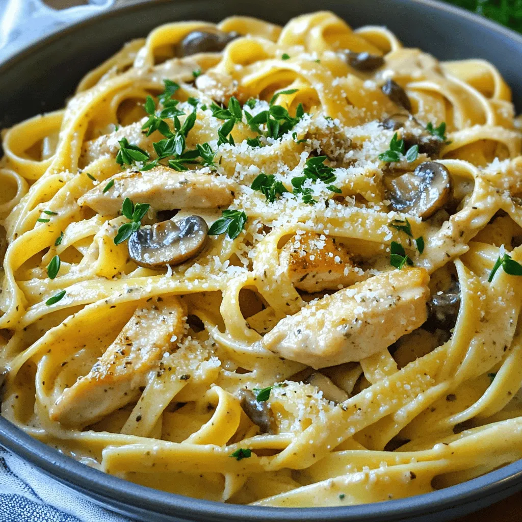 - 2 boneless, skinless chicken breasts, cut into thin strips - 8 oz fettuccine pasta - 1 cup mushrooms, sliced - 1 cup heavy cream - 2 tablespoons olive oil - 3 cloves garlic, minced - 1 cup chicken broth - 1 tablespoon balsamic vinegar - Fresh parsley, chopped - Grated Parmesan cheese To make creamy Chicken Marsala pasta, you need a few key ingredients. First, chicken brings protein and flavor. I like using boneless, skinless chicken breasts. Cut them into thin strips. This helps them cook fast and stay juicy. Next, choose your pasta. Fettuccine adds a nice texture. Cook it until it is al dente, so it holds up well with the sauce. Mushrooms add a rich, earthy taste. I recommend cremini or button mushrooms. Slice them thin for even cooking. The heavy cream is what makes the sauce creamy and rich. It balances the flavors in this dish. Now, let's talk seasonings. Olive oil is essential for sautéing the chicken. It adds a lovely flavor. Garlic gives a nice aroma and taste. Mince it well for even distribution. Chicken broth adds depth to the sauce. It also helps to cook the mushrooms. Balsamic vinegar adds a touch of sweetness. This balance is key to a great sauce. Lastly, fresh parsley and grated Parmesan cheese are perfect for garnishing. They add color and flavor. You can adjust the amount to your taste. These ingredients come together to create a wonderful meal. Each one plays a role in making creamy Chicken Marsala pasta a delight for dinner. - Boiling Water: Start with a large pot. Fill it with water and add salt. Bring it to a rolling boil. - Cooking Time for Fettuccine: Add the fettuccine to the boiling water. Cook it for about 8-10 minutes. Check for al dente texture before draining. - Reserve Pasta Water: Before you drain the pasta, save a cup of the water. You may need it later to adjust the sauce. - Heating Olive Oil: In a big skillet, heat 2 tablespoons of olive oil over medium-high heat. Wait until it shimmers. - Seasoning the Chicken: Take your chicken strips and season them with salt and pepper. This step adds flavor. - Cooking Time: Add the chicken to the skillet. Cook it for 5-7 minutes. Stir it often until it turns golden brown and is fully cooked. - Sautéing Mushrooms and Garlic: In the same skillet, add 1 cup of sliced mushrooms and 3 cloves of minced garlic. Sauté them for 3-4 minutes until the mushrooms are tender. - Incorporating Chicken Broth: Pour in 1 cup of chicken broth. Include 1 tablespoon of balsamic vinegar. Scrape any bits from the skillet for extra flavor. - Adding Cream and Seasoning: Reduce heat to medium-low. Stir in 1 cup of heavy cream and 1 teaspoon of dried thyme. Let it simmer for 2-3 minutes until it thickens. - Returning Chicken to Skillet: Place the cooked chicken back into the skillet. Toss it with the creamy sauce to coat. - Tossing with Pasta: Add the prepared fettuccine to the skillet. Gently toss everything together until the pasta is coated with the sauce. - Adjusting Sauce Consistency: If the sauce is too thick, add some reserved pasta water. Stir until you reach your desired consistency. Achieving the Right Sauce Consistency For the best sauce, aim for a creamy, smooth texture. Start by adding the heavy cream slowly. Stir it in well to mix. If the sauce is too thick, add a little pasta water. This helps loosen it without losing flavor. Ensuring Chicken is Cooked Properly Cook the chicken until it is golden brown and no longer pink. This usually takes about 5 to 7 minutes. Use a meat thermometer if you're unsure. The chicken should reach 165°F (75°C) for safe eating. Presentation Ideas Serve the pasta in wide, shallow bowls. This makes it look fancy. Top with fresh parsley and a generous sprinkle of Parmesan cheese. A touch of color adds to the dish's appeal. Pairing with Sides For sides, consider a light salad or some steamed vegetables. Mixed greens with a vinaigrette work well. They balance the richness of the pasta and add freshness to your meal. Overcooking Pasta Be careful not to overcook the fettuccine. Follow the package instructions and check for al dente, which means it should be firm to the bite. This keeps the pasta from becoming mushy and maintains a nice texture in your dish. Skipping Seasoning Don't forget to season your chicken and sauce. A little salt and pepper can enhance the flavors. Taste as you go to find the right balance. This simple step makes a big difference in the overall taste of your dish. {{image_4}} Gluten-Free Pasta Options If you need gluten-free pasta, try using rice or quinoa pasta. These options cook well and have great texture. You can also look for lentil or chickpea pasta. They add protein and fiber to your dish. Dairy-Free Cream Alternatives For a dairy-free option, swap heavy cream with coconut cream or cashew cream. Both give a rich flavor and creamy texture. You can also use unsweetened almond milk with a thickener, like cornstarch, for a lighter version. Adding Vegetables Boost the dish by adding vegetables. Spinach, bell peppers, or zucchini work great in this sauce. Simply sauté them with the mushrooms for added color and nutrients. You can even toss in some sun-dried tomatoes for a burst of flavor. Using Different Herbs Mixing herbs can add a fresh twist. Try using basil, rosemary, or oregano instead of thyme. Each herb brings its own unique taste, making the dish special every time you cook it. Substituting Chicken with Turkey or Shrimp If you prefer turkey, use ground turkey instead of chicken. It’s lean and cooks quickly. For a seafood version, shrimp is a fantastic choice. Just sauté the shrimp until pink, then add them to the sauce. Vegetarian Version with Tofu For a vegetarian option, replace the chicken with tofu. Firm tofu works best. Press it to remove excess water, then cut it into cubes. Sauté until golden brown before adding it to the creamy sauce. This keeps the dish hearty and satisfying. To keep your creamy Chicken Marsala pasta fresh, place it in an airtight container. Make sure it cools down before sealing. This helps keep it safe and tasty. - Refrigeration Tips: Store the pasta in the fridge. It should stay good for up to 3 days. If you want it to last longer, consider freezing it. However, the sauce may change in texture. - How Long It Lasts: In the fridge, your leftovers can last about 3 days. If you freeze it, aim to eat it within 2 months for the best taste. When it’s time to enjoy your leftovers, reheating properly is key. The creamy sauce can separate if not done right. - Best Methods to Reheat: Use a skillet over low heat. Add a splash of chicken broth or water to help it warm without drying out. Stir often to keep it even. You can also use a microwave, but cover the bowl to trap steam. - Keeping the Sauce Creamy: Add a little cream or broth while reheating. This helps the sauce stay smooth and rich. Stir well to combine everything before serving. You can swap fettuccine for other pasta types. Here are some great options: - Penne - Linguine - Spaghetti - Farfalle These choices work well with the creamy sauce. They will hold the sauce nicely too. Yes, you can prepare this dish ahead of time. Here’s how: - Cook the chicken and sauce, then cool. - Store them in separate containers in the fridge. - Cook the pasta when ready to serve. - Combine everything just before serving. This keeps the pasta fresh and tasty. To add heat to your dish, try these tips: - Add red pepper flakes to the sauce. - Use spicy sausage instead of chicken. - Include diced jalapeños or serrano peppers. These options will give your meal a nice kick! This blog post covered how to make a simple and tasty chicken fettuccine dish. You learned about key ingredients like chicken, pasta, and heavy cream. I shared step-by-step instructions so you can cook with confidence. Tips helped you avoid mistakes and make variations for dietary needs. In summary, take what you've learned and create your own special meal. Cooking is fun, so enjoy the process and share your dish with others.