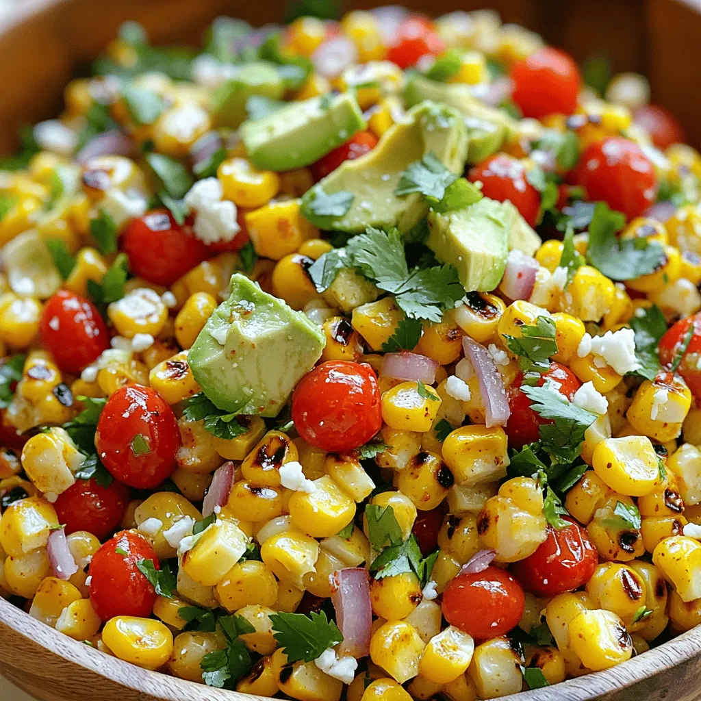 For this vibrant salad, gather these fresh ingredients: - 4 ears of fresh corn, husked - 1 red bell pepper, diced - 1/2 red onion, finely chopped - 1 cup cherry tomatoes, halved - 1/4 cup fresh cilantro, chopped - 1 ripe avocado, diced - 2 tablespoons extra virgin olive oil - 2 tablespoons freshly squeezed lime juice - 1 teaspoon chili powder (adjust according to spice preference) - Salt and freshly cracked black pepper to taste You can add these for extra flavor and creaminess: - Crumbled feta cheese This salad is fresh and colorful. It is vegetarian and can be made vegan by omitting the feta cheese. If you want a gluten-free dish, this salad fits that too. For spice lovers, adjust the chili powder to your taste. Always check labels for allergens if needed. Start by heating your grill to medium-high. A hot grill gives the best sear. If you have a gas grill, just turn it on. For charcoal, wait until the coals are white-hot. Place the husked corn directly on the grill. Grill for about 10 to 12 minutes. Turn the corn every few minutes for an even char. Once it's charred, take it off the grill and let it cool. In a small bowl, mix two tablespoons of olive oil and two tablespoons of lime juice. Add chili powder, salt, and pepper. Whisk until everything blends well. Set this dressing aside for later. Once the corn cools, cut the kernels off the cob. Be careful not to cut too deep. In a large bowl, combine the corn, diced red bell pepper, chopped red onion, halved cherry tomatoes, chopped cilantro, and diced avocado. Drizzle the dressing over the salad mix. Toss gently to coat the ingredients. Taste the salad and adjust if needed. You can add more salt, pepper, or lime juice. Transfer to a serving bowl. If you like, top with crumbled feta cheese. To grill corn well, start with fresh ears. Look for bright green husks. Avoid any that look dried out. Preheat your grill to a medium-high heat. This ensures a nice char. Grill each ear for about 10-12 minutes. Turn them every few minutes. This helps cook all sides evenly. Once charred, let the corn cool slightly before cutting. Pick avocados that feel slightly soft when you squeeze them. They should not be mushy. Check for dark, smooth skin. Avoid any with large dents or dark spots. If you can’t find ripe avocados, buy firm ones. Let them ripen at room temperature for a few days. To speed up ripening, put them in a paper bag with a banana. For a tasty salad, balance the flavors well. Use lime juice for brightness. Adjust the chili powder for spice level. Taste the salad as you mix. If it feels flat, add more salt or lime juice. Fresh herbs like cilantro add a nice touch. If you want creaminess, sprinkle feta on top. This adds flavor and texture. Enjoy the fresh tastes in every bite! {{image_4}} To add heat, use more chili powder. You can also mix in diced jalapeños. For a smoky flavor, try smoked paprika. You might also drizzle hot sauce over the salad before serving. Adjust the spice to fit your taste. This salad is already vegetarian. To make it vegan, skip the feta cheese. You can add nuts or seeds for extra crunch. Sunflower seeds or pumpkin seeds work well in this dish. They add great texture and nutrients. If fresh corn is not available, use canned or frozen corn. Make sure to drain and rinse canned corn well. For bell peppers, you can use green or yellow peppers. They will still provide good flavor and color. If you can't find cherry tomatoes, regular tomatoes will also work. Just chop them into smaller pieces. To store leftovers, you need a good container. A tight-sealing glass or plastic container works best. First, let the salad cool down. Then, place it in the container and seal it well. Store it in the fridge. This keeps the flavors fresh and tasty. When reheating, keep it simple. You want to avoid cooking it again. Take a portion of the salad out of the fridge. Heat it in a microwave for about 30 seconds. Stir well and check the warmth. If needed, heat for another 10 seconds. You can also enjoy it cold for a refreshing bite. Most of the ingredients last a few days. Here’s a quick guide: - Grilled Corn: 3-4 days in the fridge. - Diced Vegetables: 2-3 days in the fridge. - Avocado: Best eaten fresh, but can last 1-2 days. - Dressing: 1 week in the fridge if kept separate. Always check for freshness before eating. Yes, you can use frozen corn. It is a good option when fresh corn isn't available. Thaw the corn and drain any excess water before adding it to the salad. This keeps the texture nice and prevents sogginess. To make this salad ahead of time, grill the corn and prepare the dressing. Store the corn and dressing separately in the fridge. When you are ready to serve, combine them with the other fresh ingredients. This helps keep everything crisp and fresh. Chili lime grilled corn salad pairs well with grilled meats like chicken or fish. It also complements tacos or burritos nicely. For a lighter meal, add it to a bed of greens or serve it as a side dish for barbecues. Yes, this salad is great for meal prep. You can portion it out into containers for easy lunches. Just remember to store the dressing separately to maintain freshness and crunch. Absolutely! A grill pan works well for this recipe. Heat it on medium-high and add the corn. Grill for about 10-12 minutes, turning often to get nice grill marks. The flavor will still be fantastic! You learned how to make a tasty Chili Lime Grilled Corn Salad. We covered the main and optional ingredients, dietary needs, and steps for grilling. Tips helped you perfect your salad with the right flavors. You also saw fun variations to fit your taste. Lastly, I shared easy storage tips to keep your leftovers fresh. Enjoy making this simple and delicious dish whenever you want!