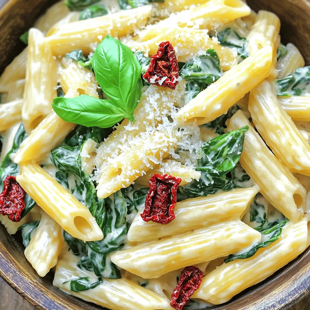 To make this dish, you need the following main ingredients: - 12 oz (340g) pasta (penne or fusilli recommended) - 2 cups fresh spinach, roughly chopped - 1 cup sun-dried tomatoes, chopped (preferably packed in oil for added flavor, drained) - 1 medium onion, finely diced - 3 cloves garlic, minced - 2 cups vegetable broth (low-sodium if preferred) - 1 cup heavy cream or coconut cream (for a rich, dairy-free alternative) - 1 teaspoon Italian seasoning (herb blend) - Salt and pepper to taste - ½ cup grated Parmesan cheese (omit for a vegan option, or substitute with nutritional yeast) - 2 tablespoons olive oil (extra virgin for best flavor) - Fresh basil leaves for garnishing I suggest using penne or fusilli pasta for this recipe. Both shapes hold sauce well. Penne has ridges that catch the creamy sauce. Fusilli's twists add a pleasing texture. You can choose based on what you like. This choice makes your dish even more delicious. Feel free to add your own twist to this dish. Consider these optional ingredients for added flavor: - Cherry tomatoes for a fresh burst - Red pepper flakes for heat - Artichoke hearts for extra texture - Mushrooms for earthy flavor - Fresh herbs like parsley or thyme for brightness These options let you make this recipe your own while keeping it creamy and comforting. Start by heating the olive oil in a large pot over medium heat. Add the finely diced onion. Cook this for about 3-4 minutes until it gets soft and clear. Next, stir in the minced garlic and cook for another 1-2 minutes. This step lets the garlic's great smell fill your kitchen. Then, mix in the chopped sun-dried tomatoes. Let them cook for a minute to share their flavor with the onions and garlic. Now, pour in the vegetable broth. Bring the mix to a light boil, stirring it well. Add the pasta and sprinkle in the Italian seasoning. Give everything a good stir. Cover the pot with a lid. Cook for about 10-12 minutes, stirring once or twice. You want the pasta to be al dente and soak up most of the broth. Next, lower the heat to a gentle simmer. Add the heavy cream or coconut cream, along with the chopped spinach. If you like cheese, now is the time to add the grated Parmesan. Stir it all together and cook for 2-3 minutes. You’ll see the spinach wilt and the sauce become creamy. Finally, season your dish with salt and pepper to taste. Let it rest for a couple of minutes before serving. This helps the sauce thicken up nicely. To make pasta in one pot, choose a large pot. This gives the pasta space to move. Always add enough liquid; it helps the pasta cook evenly. Stir the pasta occasionally. This prevents sticking and ensures even cooking. Start checking the pasta a couple of minutes before the time ends. You want it al dente, not mushy. Fresh herbs can boost the taste of your dish. Add basil or parsley at the end for a fresh touch. If you love cheese, sprinkle some Parmesan on top. It adds a creamy and salty kick. Nutritional yeast works well for a vegan option. It gives a cheesy flavor without dairy. One common mistake is not using enough broth. You need enough liquid for the pasta to absorb. Also, don’t skip the resting time after cooking. This allows the sauce to thicken nicely. Lastly, be careful with the salt. The broth and cheese can be salty, so taste before you add more. {{image_4}} You can easily make this dish vegan. Instead of heavy cream, use coconut cream. It gives a rich taste without dairy. For cheese, substitute Parmesan with nutritional yeast. This adds a cheesy flavor while keeping it plant-based. You can also skip the cheese altogether if you prefer. Feel free to add more veggies to your pasta. Bell peppers add a sweet crunch. Zucchini works well and cooks quickly. Mushrooms bring a nice umami flavor. You can also toss in some peas for a pop of color and sweetness. Just remember to adjust the cooking time for any extra veggies you add. Want to make this pasta heartier? Add protein! Chicken is a great choice. Cook it in the pot before adding the other ingredients. Shrimp can also be a quick and tasty option. Just toss it in during the last few minutes of cooking. For a plant-based option, try chickpeas or tofu. They soak up flavor and add great texture. To keep your One Pot Creamy Spinach Sun Dried Tomato Pasta fresh, let it cool first. Then, place it in an airtight container. Make sure to seal the lid tightly. You can store it in the fridge for up to three days. This way, the flavors will stay rich and tasty. When you're ready to enjoy the leftovers, heat them on the stove. Add a splash of vegetable broth or cream to help the sauce regain its creamy texture. Stir gently over low heat until warmed through. You can also use the microwave. Just place the pasta in a microwave-safe bowl, cover it, and heat in 30-second intervals, stirring in between. If you want to save some for later, this pasta freezes well. Use a freezer-safe container and leave some space for expansion. It can last in the freezer for up to three months. When you’re ready to eat, thaw it overnight in the fridge. Reheat it as mentioned before, adding a bit of liquid if needed. This makes for a quick and delicious meal anytime you want! Yes, you can use various pasta shapes. Penne and fusilli work best because they hold sauce well. You can also try spaghetti, farfalle, or even gluten-free pasta. Just watch the cooking time, as it may differ for each type. If you want to skip heavy cream, use coconut cream for a dairy-free option. You can also try Greek yogurt for a lighter touch. Silken tofu blended until smooth can work too, adding creaminess and protein. To make this pasta gluten-free, simply switch to gluten-free pasta. Many brands offer options that cook similarly to regular pasta. Always check the package for cooking times. You may need to adjust the broth to ensure it cooks well. Absolutely! Feel free to add vegetables like bell peppers, zucchini, or mushrooms. For proteins, grilled chicken, shrimp, or chickpeas can boost the dish. Just adjust cooking times to ensure everything is cooked through and flavorful. This blog post covered how to make One Pot Creamy Spinach Sun Dried Tomato Pasta. We explored key ingredients, pasta choices, and easy cooking steps. I shared helpful tips for flavor and avoiding common mistakes too. You can personalize this dish with veggies and proteins to fit your taste. In closing, I hope you feel ready to cook this tasty meal with confidence. Enjoy your time in the kitchen!
