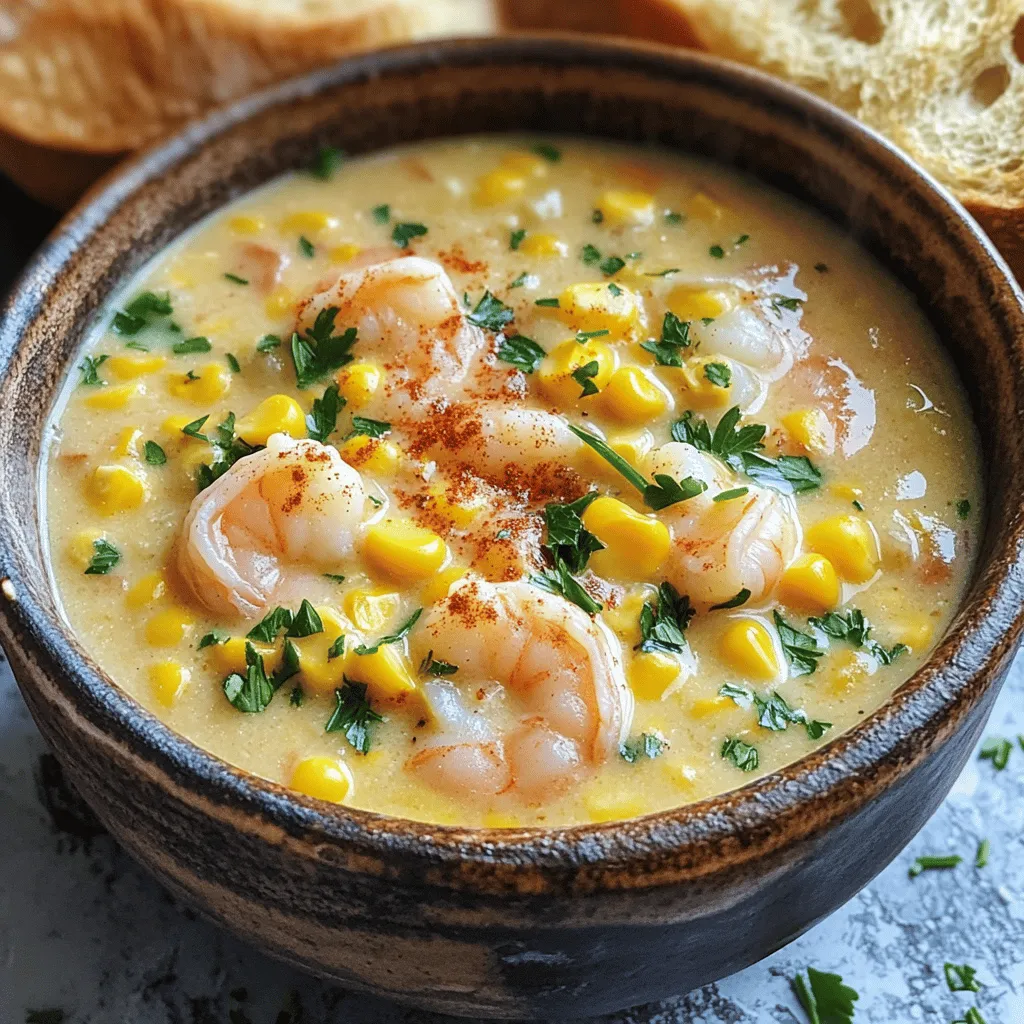 - 1 pound large shrimp, peeled and deveined - 2 cups fresh corn kernels (or frozen corn) - 1 medium onion, finely chopped - 2 cloves garlic, minced - 2 medium potatoes, peeled and diced - 4 cups vegetable broth - 1 cup heavy cream - 1 teaspoon smoked paprika - 1 teaspoon Old Bay seasoning - Salt and black pepper to taste - 2 tablespoons olive oil - Fresh parsley for garnish - Alternatives for shrimp: You can use crab, chicken, or tofu if you want a different protein. Each adds a unique taste. - Dairy-free options for heavy cream: Use coconut milk or cashew cream. These will keep your chowder creamy without dairy. - Fresh vs. frozen ingredients: Fresh corn brings sweetness and crunch. Frozen corn is just as good and saves time. Use what you have! Sautéing the onion Start by heating the olive oil in a large pot over medium heat. Add the finely chopped onion and cook it for about 5 minutes. You want it to be soft and clear. This step builds the base of flavor. Incorporating the garlic Next, add the minced garlic to the pot. Stir it in and let it cook for about a minute. The smell of garlic will fill your kitchen, and this is when the dish starts to shine. Boiling and simmering Now, toss in the diced potatoes. Pour in the vegetable broth, and turn up the heat to bring it to a boil. Once it boils, reduce the heat to a simmer. This simmering will take about 10 to 12 minutes. Checking potato tenderness Use a fork to check if the potatoes are soft. They should break apart easily. If they are still hard, give them a few more minutes. Adding corn and seasoning Once the potatoes are tender, add the corn kernels. Then sprinkle in the smoked paprika and Old Bay seasoning. Season with salt and pepper to your taste. Let this simmer for another 5 minutes to mix the flavors well. Incorporating shrimp and cream Gently fold in the shrimp. Cook them until they turn pink and opaque, about 3 to 4 minutes. Be careful not to overcook them. Then pour in the heavy cream and stir it in. This makes the chowder rich and creamy. Adjusting seasoning Before serving, taste your chowder. If it needs more flavor, add a little more salt and pepper. This final step ensures it’s just right. Presentation tips Ladle the chowder into bowls. Sprinkle fresh parsley on top for a pop of color. Serve it with slices of crusty bread for dipping. This makes each bite even better! To sauté well, heat olive oil in a large pot. Use medium heat to avoid burning. Add onion first, letting it soften for about five minutes. Then, add minced garlic for a fragrant boost. For shrimp, cook them until they turn pink and opaque. This takes about three to four minutes. Overcooking can make shrimp tough. Always keep an eye on them to get the perfect texture. Herbs and spices can elevate your chowder. Try adding fresh parsley or thyme for a burst of freshness. Smoked paprika and Old Bay seasoning give a warm depth to the flavors. Choosing between vegetable broth and chicken broth depends on your preference. Vegetable broth offers a lighter taste. Chicken broth adds a richer flavor. Both work well, so pick what suits your taste buds best. Prep your ingredients in advance. Chop the onion, garlic, and potatoes ahead of time. This makes cooking smoother and quicker. Using frozen corn and shrimp can save you time. They are often just as good as fresh. They also cut down on prep time, making your chowder ready in no time. {{image_4}} You can find many regional styles of shrimp and corn chowder. The Southern-style chowder shines with rich flavors. It often includes spicy sausage, enhancing the taste. The sweetness of corn pairs nicely with the heat. Adding a few dashes of hot sauce gives it an extra kick. Spicy variations can include jalapeños. These peppers add a bold flavor and nice heat. Just chop them finely and add them when you sauté the onion. The result is a chowder that warms you from head to toe. If you need gluten-free options, this chowder works well. All ingredients are naturally gluten-free. Just ensure your broth is also gluten-free. It’s a simple swap that keeps the dish safe for all. For a vegan option, you can replace shrimp with mushrooms or tofu. Use coconut milk instead of heavy cream for a creamy texture. You can also use vegetable broth to keep it plant-based. The dish still tastes great and is satisfying. Feel free to add other vegetables to the chowder. Carrots, bell peppers, or even zucchini work well. Just chop them small and add them with the potatoes. They bring more color and nutrients to the dish. You can also switch proteins. Instead of shrimp, try crab or even chicken. Just make sure to adjust cooking times. This way, every bowl of chowder can be unique and delicious. Store leftover chowder in an airtight container. This keeps the flavor fresh. It will last up to three days in the fridge. If you want to enjoy it later, make sure to cool it down before sealing. This helps prevent bacteria growth. To freeze chowder, use a freezer-safe container. Leave some space at the top for expansion. It’s best to freeze it within two hours of cooking. When you’re ready to eat, move it to the fridge to thaw overnight. For reheating, use a pot on low heat. Stir often to avoid sticking. You can also use the microwave, but do it in short bursts. If it seems too thick, add a splash of cream or broth. This helps restore its creamy texture. To make shrimp and corn chowder from scratch, gather your ingredients. Start by sautéing onion in olive oil until soft. Add minced garlic and cook for a minute. Next, add diced potatoes and vegetable broth. Bring it to a boil, then simmer until the potatoes are tender. Stir in corn, smoked paprika, and seasoning. Finally, fold in shrimp and heavy cream, cooking until the shrimp are pink. Yes, you can use frozen shrimp and corn. Frozen ingredients work well and save time. Just make sure to thaw shrimp before adding them to the chowder. The frozen corn can go straight into the pot, as it cooks quickly. Chowder can last in the fridge for about three to four days. Store it in an airtight container to keep it fresh. Always check for any odd smells or changes in texture before eating. Serve shrimp and corn chowder with crusty bread for dipping. A fresh salad or grilled vegetables also pair nicely. For a twist, add some crackers on top for crunch. Shrimp and corn chowder can be a healthy dish. It contains protein from shrimp and fiber from corn and potatoes. You can make it healthier by using less cream or opting for dairy-free alternatives. Yes, you can make chowder in advance. It tastes great after sitting for a day, allowing the flavors to blend. Just reheat it gently on the stove before serving. This blog post detailed how to create a tasty shrimp and corn chowder from start to finish. We covered ingredients, step-by-step instructions, and tips for success. You can customize it with various options to suit your taste or dietary needs. Remember, storing leftovers properly ensures you enjoy your dish longer. Cooking can be fun and easy with the right guidance. Try this chowder, and make it your own! Enjoy comforting meals made with fresh ingredients.