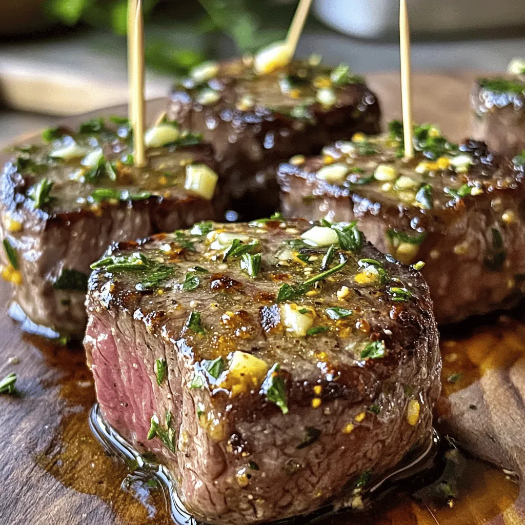 - 1 lb sirloin steak, trimmed and cut into bite-sized pieces - 4 tablespoons unsalted butter - 4 cloves garlic, finely minced - 1 tablespoon fresh rosemary, finely chopped - 1 tablespoon fresh thyme, finely chopped - Salt and freshly ground black pepper to taste - 1 teaspoon smoked paprika - 1 tablespoon olive oil - Fresh parsley, finely chopped (for garnish) In this recipe, the main star is the sirloin steak. You want it to be tender and juicy. Cutting it into bite-sized pieces helps with cooking and serving. The unsalted butter gives richness. Garlic adds a punch of flavor that pairs perfectly with steak. For seasoning, fresh herbs like rosemary and thyme bring bright notes. Smoked paprika adds warmth, while salt and pepper enhance all the flavors. Olive oil is key for high heat cooking. Finally, the fresh parsley garnish adds a pop of color. It also brings a touch of freshness to the rich steak bites. Start by patting the steak pieces dry with paper towels. This step is key for a good sear. If the steak is wet, it will steam instead of brown. Next, season each piece with salt, black pepper, and smoked paprika. Make sure every side is covered evenly. This adds flavor and a nice crust. Heat a large skillet over medium-high heat and add olive oil. Wait until the oil shimmers slightly; this means it is hot enough. Carefully place the seasoned steak bites in a single layer in the pan. Avoid overcrowding, as that can cause steaming. Sear the steak bites for about 2-3 minutes without moving them. Then flip each piece and sear for another 2-3 minutes. If you like it more or less cooked, adjust the time. Once done, move the steak bites to a plate. In the same skillet, reduce the heat to medium. Add the butter and minced garlic. Also, throw in the chopped rosemary and thyme. Stir gently to mix. Let the butter melt and the garlic become fragrant; this should take 1-2 minutes. Keep an eye on it to prevent burning. Burnt garlic can ruin the taste. After that, return the seared steak bites to the skillet. Toss them in the garlic butter mixture for about 1 minute. This lets all the flavors blend perfectly. To get that great sear, start by drying your steak pieces. Use paper towels to remove moisture. This step is key. If the steak is wet, it will not brown well. Next, do not overcrowd the pan when you cook. If you add too many pieces at once, the heat drops. This causes steaming instead of searing. Always cook in batches if needed. Aim for a rich, golden-brown crust on each side. You can make the garlic butter even more tasty. Try adding fresh herbs like basil or oregano. These herbs bring a nice flavor twist. You can also use a pinch of red pepper flakes for some heat. Lemon zest can brighten the dish, too. Experiment to find your favorite mix. Each addition can change the dish in exciting ways. Garlic butter steak bites pair well with many sides. A fresh salad with greens adds lightness. You can also serve them with warm, crusty bread for dipping. Roasted veggies or mashed potatoes make great accompaniments, too. For drinks, a nice red wine complements the steak well. Get creative and enjoy your meal! {{image_4}} You can use different cuts of steak for this dish. Sirloin is great, but you might try ribeye or flank steak. Ribeye gives a nice marbled flavor. Flank steak cooks fast and is tasty too. Just cut them into bite-sized pieces, just like sirloin. Each cut brings its own unique taste and texture. Want to spice things up? Add chili flakes for heat. A squeeze of lemon juice can brighten the dish. You could even toss in some Worcestershire sauce for depth. Feel free to experiment with herbs like oregano or basil. Mix and match to find your favorite flavor profile. The key is to balance the rich garlic butter with bright notes. While pan-searing is quick, you can bake or grill the steak bites too. For baking, preheat your oven to 400°F. Spread the bites on a baking sheet and cook for about 10-12 minutes. If you choose to grill, make sure the grill is hot. Cook the steak bites for about 2-3 minutes on each side. Each method gives a different taste and texture, so try them all! To store your garlic butter steak bites, first let them cool. Place the cooled steak bites in an airtight container. You can keep them in the fridge for up to three days. This keeps them fresh and tasty for later meals. When you want to enjoy your leftovers, reheat them on the stove. Use a skillet over low heat to keep the steak bites moist. Add a splash of water or broth to prevent dryness. Heat them for about five minutes until warm, stirring gently. This helps keep the flavors intact. If you want to save steak bites for longer, freezing works well. Place them in a freezer-safe bag or container after cooling. Make sure to remove as much air as possible. They can last for up to three months in the freezer. To thaw, move them to the fridge overnight. For quicker thawing, place the bag in cold water. Once thawed, reheat as mentioned above to enjoy! Garlic butter steak bites take about 20 minutes to cook. This includes 10 minutes for prep and 10 minutes for cooking. The cooking time can change based on the size of your steak pieces and how well you like your steak done. For medium-rare, aim for around 4-6 minutes total cooking time in the skillet. Yes, you can use frozen steak. However, you need to thaw it first. The best way is to place it in the fridge overnight. If you're short on time, you can use cold water to speed up the thawing. Just place the sealed steak in water for about an hour. Make sure to pat it dry before cooking for the best sear. You can serve garlic butter steak bites with many tasty sides. Here are some ideas: - Crispy French fries - Creamy mashed potatoes - Grilled vegetables - A fresh green salad - Warm crusty bread for dipping Absolutely! To add spice, try these tips: - Add red pepper flakes to the seasoning. - Mix in some hot sauce with the garlic butter. - Use spicy paprika instead of smoked paprika. These will give your steak bites a nice kick that enhances the flavor! This article covered how to make garlic butter steak bites. We went over the main ingredients, step-by-step instructions, and tips. You learned how to achieve the perfect sear and enhance flavor with garlic butter. Variations let you change cuts or cooking methods, while storage tips help keep leftovers fresh. With these ideas, your steak bites can impress anyone. Enjoy the cooking process and the meal you create!