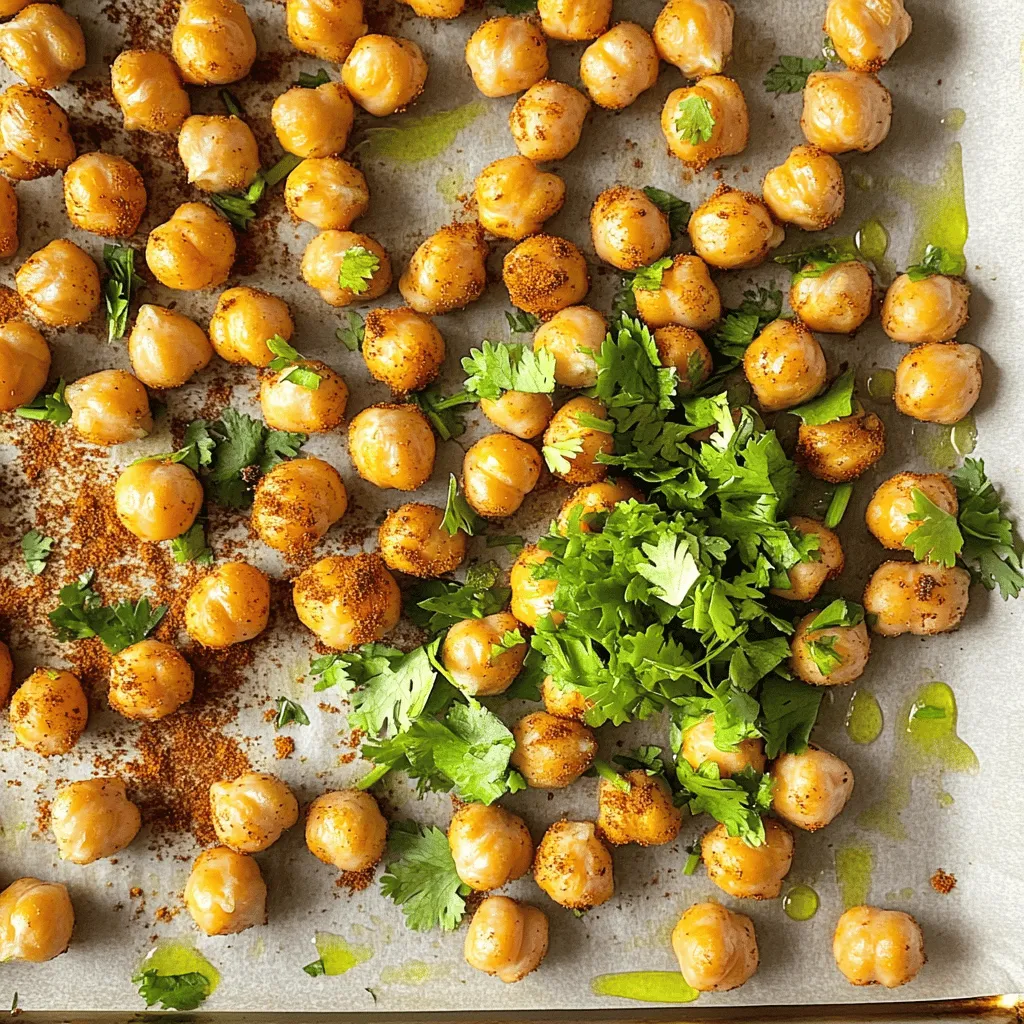 - 1 can (15 oz) chickpeas - 2 tablespoons high-quality olive oil - 1 teaspoon chili powder - 1/2 teaspoon ground cumin - 1/2 teaspoon smoked paprika - Juice and zest of 1 lime - Salt, to taste - Fresh cilantro, for garnish - Baking sheet - Parchment paper - Mixing bowl - Kitchen towel or paper towels Chili lime roasted chickpeas need simple, fresh items. The chickpeas are the star. Use a can for ease. Rinse them well and dry them. This helps them get super crispy. The olive oil adds richness. High-quality oil makes a big difference. It helps the spices stick and gives flavor. Chili powder adds heat and depth. Ground cumin and smoked paprika bring warmth and a bit of smokiness to each bite. Don’t forget the lime! The juice and zest brighten the dish. They balance the spices and make it pop. Salt enhances all these flavors. Use fresh cilantro as a garnish for extra flair. It adds a fresh note that lightens everything. For tools, a baking sheet lined with parchment paper makes cleanup easy. A mixing bowl helps you combine the ingredients well. A kitchen towel will be handy to dry the chickpeas properly. Gather your ingredients and tools. You're ready to create a crunchy and flavorful snack! Start by preheating your oven to 400°F (200°C). This high temperature is key for roasting. It helps the chickpeas get crispy and golden. If you skip this step, they may not roast well. Once the oven is hot, it's time to prepare the chickpeas. Use a clean kitchen towel or paper towels to dry them. Gently pat them to remove as much moisture as you can. This step is crucial for that crunchy texture you want. In a medium bowl, mix the dried chickpeas with olive oil, chili powder, ground cumin, smoked paprika, lime juice, lime zest, and salt. Toss everything well to coat each chickpea. This ensures an even flavor throughout, making every bite tasty. Spread the seasoned chickpeas on a lined baking sheet. Make sure to spread them in a single layer. This helps them roast evenly. Bake for 25-30 minutes. Halfway through, shake the pan gently to keep them from sticking. They are done when they look golden and feel crispy. After roasting, take the chickpeas out and let them cool for a few minutes. Taste them and adjust the salt if needed. This step helps you get the right flavor before serving. Right before serving, sprinkle fresh cilantro on top. This adds a pop of color and bright flavor. You can serve these chickpeas in a bowl or on a platter to impress your guests. Enjoy your crunchy, flavorful snack! Drying chickpeas is key to getting them crispy. Any moisture left on them will steam instead of roast. After rinsing, grab a kitchen towel or paper towels. Pat the chickpeas dry until they feel dry to the touch. This simple step makes a big difference. To enhance texture, use a high-quality olive oil. It helps with even roasting and flavor. Spread the chickpeas in a single layer on the baking sheet. This allows them to roast evenly. Shake the baking sheet halfway through cooking. This helps avoid sticking and promotes even browning. You can mix up the spices to fit your taste. Try adding garlic powder or cayenne for extra heat. You could even use curry powder for a fun twist. If you want more lime flavor, add extra lime juice or zest. Adjust the lime to your liking for a zesty kick. Chili lime roasted chickpeas are great on their own. Pair them with dips like guacamole or hummus for a fun snack. You can also toss them in salads for added crunch. If you have leftovers, use them in soups or grain bowls for extra protein and texture. They make a great topping for tacos too! {{image_4}} You can change the flavor of your chili lime roasted chickpeas with different spices. For a Mexican twist, try adding taco seasoning or cayenne pepper. Both spices will give your chickpeas a warm kick. You could also add garlic powder or onion powder for extra depth. For a Mediterranean flavor, use oregano and thyme instead. Add a sprinkle of feta cheese after roasting to elevate the taste. You can even mix in some sun-dried tomatoes for a burst of savory goodness. If you need gluten-free options, don’t worry! Chickpeas are naturally gluten-free. Just ensure any spices you use are also gluten-free. Most pre-made spice mixes can have hidden gluten, so check the labels. For vegan alternatives, this recipe is already perfect. All the ingredients are plant-based. You can serve these chickpeas with a vegan dip, like hummus or guacamole, to make a complete snack. You can use dried chickpeas instead of canned ones. Just soak them overnight and cook them until soft. This way, you control the texture and flavor even more. If you want a healthier oil, try avocado oil or coconut oil. Both work well in this recipe. They add their unique flavors while keeping the chickpeas nice and crispy. To keep your chili lime roasted chickpeas fresh, store them in an airtight container. Place them in the fridge for up to 3 days. This helps maintain their crunch. If you notice some softness, re-roast them for a few minutes to regain crispiness. For longer storage, you can freeze roasted chickpeas. Allow them to cool completely. Then, place them in a freezer-safe bag. They can last for up to 3 months in the freezer. When you want to eat them, thaw overnight in the fridge. Reheat them in a hot oven for about 10 minutes for that crispy texture. Roasted chickpeas can last for about a week when stored properly at room temperature. After a few days, they may lose some crunch. For the best taste and texture, enjoy them fresh. Chickpeas are packed with protein, fiber, and vitamins. They help keep you full. Eating chickpeas can support heart health and aid digestion. They also provide iron and magnesium, which are good for energy and muscle function. These little legumes are a great choice for a healthy snack! Yes, you can! Dried chickpeas need more time to cook. Soak them overnight in water. Then, boil them until soft before roasting. This method offers a fresher taste. Just be sure to dry them well before seasoning. You will know they are done when they turn golden brown. They should feel crispy to the touch. Give the baking sheet a shake halfway through baking. This helps them cook evenly and prevents sticking. Absolutely! You can add more chili powder or even cayenne pepper. If you love heat, try adding diced jalapeños before roasting. Adjust the spice level to fit your taste. It’s all about what you enjoy! These chickpeas make a great snack on their own. You can also add them to salads for crunch. They pair well with dips like hummus or guacamole. Use them as toppings on tacos or bowls for added flavor. The options are endless! Chili lime roasted chickpeas are easy to make and delicious. We covered key ingredients, tools, and step-by-step instructions. You learned how to achieve crispiness and enhance flavor with various spices. Emphasizing drying and taste testing leads to the best texture and taste. Feel free to experiment with seasonings or pair these with your favorite snacks. Follow the storage tips to keep them fresh. Enjoy your tasty, healthy treat that’s perfect for any occasion!