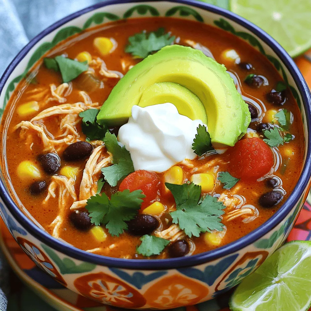To make this tasty slow cooker chicken enchilada soup, you will need: - 1 lb (450g) boneless skinless chicken breasts - 1 can (15 oz) black beans, drained and rinsed - 1 can (15 oz) corn, drained - 1 can (10 oz) diced tomatoes with green chilies - 1 cup chicken broth - 1 packet enchilada seasoning mix - 1 small onion, diced - 2 cloves garlic, minced - 1 bell pepper, diced (choose red or green for a pop of color) - 1 cup shredded cheese (cheddar or Mexican blend) - Salt and freshly ground black pepper to taste You can add fun toppings to make your soup even better. Here are some ideas: - Sliced avocado - Fresh cilantro - Sour cream - Lime wedges If you need to swap out some ingredients, here are some easy ideas: - Use turkey or tofu instead of chicken for a different protein. - Swap black beans for pinto beans or kidney beans if you prefer. - Try using vegetable broth instead of chicken broth for a vegetarian version. - For a dairy-free option, use a plant-based cheese or skip the cheese altogether. Start by gathering all your ingredients. Dice the onion and bell pepper into small pieces. Mince the garlic cloves finely. Rinse the black beans and corn under cold water. Drain them well so the soup does not get too watery. Having these ready makes cooking smoother. Place the boneless chicken breasts flat at the bottom of your slow cooker. Next, layer the rinsed black beans, drained corn, and the can of diced tomatoes. Be sure to include all the tomato juices for flavor. Then, add the diced onion, diced bell pepper, and minced garlic on top. This builds a great base for the soup. Cover the slow cooker with its lid. Cook the mixture on low for 6-7 hours. If you’re short on time, you can cook it on high for 3-4 hours. The chicken should be tender and fully cooked by the end. It will easily shred apart when finished. About 30 minutes before serving, take the chicken breasts out of the slow cooker. Using two forks, shred the chicken into bite-sized pieces. Return the shredded chicken to the pot and mix it well with the other ingredients. Stir in the shredded cheese and let it melt into the soup. Taste and adjust seasoning with salt and pepper. It’s now ready to serve! To get tender chicken, start with boneless, skinless breasts. Place them flat in the slow cooker. Make sure to add enough chicken broth. This helps keep the chicken moist. Cook on low for 6-7 hours. If you're short on time, use high for 3-4 hours. Check the chicken before shredding. It should pull apart easily. For more flavor, use fresh herbs like cilantro. Add a squeeze of lime for brightness. You can also toss in some extra spices. Try cumin or smoked paprika for depth. If you like heat, add diced jalapeños. Mixing in some fresh corn can also boost the taste and texture. Serve your soup in colorful bowls for a fun look. Top each bowl with fresh cilantro. Add creamy avocado slices for richness. A dollop of sour cream gives a nice touch. Don't forget lime wedges on the side. This adds a zesty twist for every bite. {{image_4}} To make this soup vegetarian or vegan, swap the chicken for plant-based protein. Use lentils, tempeh, or tofu as great options. These ingredients soak up flavors well and add protein. Replace chicken broth with vegetable broth for a fully vegan dish. You can also add more veggies, like zucchini or mushrooms, to boost nutrition. Adjust the spice level to fit your taste. If you want it mild, use a mild enchilada seasoning. For more heat, add diced jalapeños or crushed red pepper flakes. Fresh chili peppers can also kick it up a notch. Remember, you can always add spice, but it’s hard to take it out! Feel free to customize the beans and veggies based on what you have. Pinto beans, kidney beans, or chickpeas work well too. For veggies, try adding carrots, celery, or sweet potatoes. These changes can add new textures and flavors. Just remember to keep an eye on the cooking times for any new additions. To keep your soup fresh, place it in an airtight container. Make sure it cools to room temperature first. Store it in the fridge for up to three days. Label the container with the date to track freshness. You can freeze this soup for longer storage. Use a freezer-safe container or a heavy-duty freezer bag. Leave some space at the top for expansion. It will stay good for up to three months. Thaw it in the fridge overnight before reheating. To reheat, pour the soup into a pot over medium heat. Stir it often to heat evenly. You can also use the microwave. Place it in a microwave-safe bowl and cover it. Heat in short bursts until hot, stirring in between. Add extra cheese or toppings for a fresh taste! Yes, you can use frozen chicken. Just add an extra hour to the cooking time. The slow cooker will still cook it well. Frozen chicken can work, but thawed chicken will shred easier. Keep this in mind for the best texture. To add spice, include diced jalapeños or hot sauce. You can also use a spicier enchilada seasoning mix. Adding crushed red pepper flakes gives a nice kick. Adjust the spice to fit your taste. Taste as you add, so it doesn't get too hot. This soup pairs well with tortilla chips or warm tortillas. You can also serve it with a side salad for freshness. Cornbread makes a great side too. Try adding some guacamole for extra flavor and texture. Yes, you can cook this soup on the stove. Start by sautéing the onion and garlic in a pot. Add the other ingredients and bring to a boil. Then, reduce the heat and simmer for 30-40 minutes. This method cooks the chicken faster and gives a nice flavor. The blog post covered all you need to know about Chicken Enchilada Soup. We explored the key ingredients, step-by-step instructions, and tips to enhance flavor and texture. I also shared helpful variations, storage info, and answers to common questions. With these tools, you can make a delicious meal that suits your taste. Enjoy cooking and let your creativity shine!