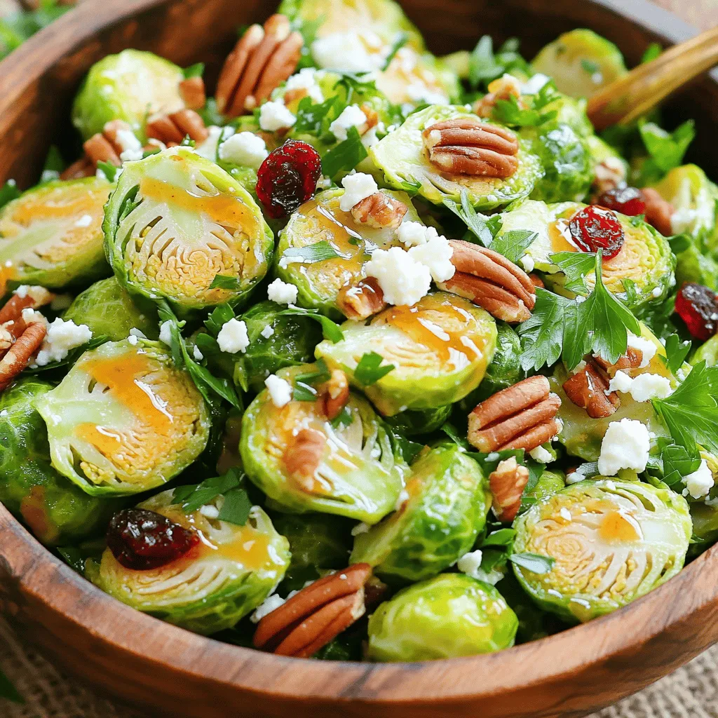 To make the Honey Mustard Brussels Sprout Salad, you will need: - 1 lb Brussels sprouts, trimmed and halved - 1/4 cup honey - 1/4 cup Dijon mustard - 1/4 cup olive oil - 1/2 cup roasted pecans, roughly chopped - 1/2 cup dried cranberries - 1/4 cup feta cheese, crumbled - Salt and pepper, to taste - Fresh parsley, finely chopped for garnish When measuring, use a liquid measuring cup for honey and olive oil. This gives you more accuracy. For the Brussels sprouts, select firm ones. They should feel heavy for their size. When chopping pecans, you can use a knife or a food processor. Keep the pieces rough for texture. If you want a sweeter taste, add more honey to the dressing. If you prefer a tangy kick, increase the Dijon mustard. You can swap honey for maple syrup if you want a vegan option. Use tahini instead of feta for a dairy-free salad. If you dislike Brussels sprouts, try kale or spinach. For a crunchier texture, add sunflower seeds instead of pecans. Start by filling a large pot with water. Add a good amount of salt. Place the pot on the stove and bring the water to a rolling boil. Next, add the halved Brussels sprouts to the boiling water. Blanch them for 4-5 minutes. The sprouts should turn bright green and be just tender. Once done, drain them in a colander. Immediately transfer the Brussels sprouts to an ice bath. This stops the cooking process. After a few minutes, drain again and gently pat them dry with a clean kitchen towel. Grab a small bowl for the dressing. In that bowl, combine the honey, Dijon mustard, and olive oil. Use a whisk to blend these ingredients together well. The goal is to create a smooth dressing. Taste it and adjust with salt and pepper to fit your liking. This dressing adds a sweet and tangy kick to the salad. Now it’s time to mix everything. In a large mixing bowl, add the blanched Brussels sprouts. Next, toss in the chopped pecans and dried cranberries. Drizzle the honey mustard dressing over this mix. Carefully toss everything together. The goal is to coat the Brussels sprouts and other ingredients evenly with the dressing. After this, gently sprinkle the crumbled feta cheese on top. Toss just a little to incorporate the cheese without breaking the sprouts. To get the best Brussels sprouts, start with fresh ones. Look for bright green, firm sprouts. Trim the ends and slice them in half. Blanch them in salted boiling water for 4-5 minutes. This makes them bright green and tender. After blanching, cool them in an ice bath. This stops the cooking. Drain and pat dry before using. This method keeps them crisp and vibrant. To boost flavor, try adding citrus zest. Lemon or orange zest makes the dish brighter. You can also mix in ingredients like garlic or shallots for depth. A pinch of red pepper flakes adds heat. For a nutty taste, toast the pecans lightly before adding them. Adjust the honey and mustard ratio to suit your taste. Sweetness or tang can change the salad's profile. Serve this salad chilled or at room temperature. It pairs well with grilled meats or fish. For a festive touch, add pomegranate seeds during the holidays. You can also serve it on a bed of mixed greens. For a more filling meal, add quinoa or farro. Garnish with parsley for color. This salad is perfect for potlucks or family dinners. {{image_4}} To make this salad vegan, swap honey for maple syrup. Maple syrup offers a sweet note without animal products. Use a vegan feta cheese or omit it entirely if desired. The salad will still taste great without the cheese. This salad is naturally gluten-free. Ensure your Dijon mustard does not contain gluten. Most brands are safe, but check the label. For a crunch, add gluten-free nuts or seeds. They will add texture and flavor without any gluten concerns. Feel free to get creative! You can add: - 1/2 cup sliced apples for a sweet crunch - 1/4 cup cooked quinoa for extra protein - A sprinkle of chili flakes for heat - Chopped green onions for freshness - Avocado for creaminess Mix and match these options to suit your taste. Enjoy experimenting with flavors! To store leftover Honey Mustard Brussels Sprout Salad, first let it cool. Place it in a bowl. Cover the bowl tightly with plastic wrap or a lid. This keeps the salad fresh and tasty. You can also store it in a single layer to avoid sogginess. Use airtight containers for the best results. Glass or plastic containers work well. Make sure the container is clean and dry. This helps prevent spoilage. If you have smaller portions, use smaller containers. This way, you can enjoy the salad later without waste. You can eat the salad cold or at room temperature. If you prefer it warm, gently heat it in a pan. Add a splash of olive oil to the pan. Heat on low for just a few minutes. Stir often to avoid burning. Do not microwave, as this can make the sprouts mushy. You can use maple syrup as a sweet swap for honey. It has a similar texture and sweetness. Agave syrup is another option. It is vegan and works well in dressings. If you want less sugar, try a mashed banana. This change will alter the flavor slightly, but it will still taste good. Yes, you can prepare the salad ahead. I suggest making the dressing first and storing it separately. You can blanch the Brussels sprouts and chop the other ingredients. Combine everything right before serving. This keeps the salad fresh and crunchy. The salad can stay good for about three days in the fridge. Store it in a sealed container to keep it fresh. After a day, the sprouts may lose some crunch. If you want to enjoy it longer, keep the dressing separate until you are ready to eat. This post shared how to prepare a tasty Brussels sprout salad. We explored ingredients, measurements, and substitutions to fit your needs. I shared steps for making a delicious honey mustard dressing and tips for cooking the sprouts just right. Variations include vegan and gluten-free options. Finally, we discussed proper storage and answered common questions. Cooking can be simple and fun. Enjoy your new salad recipe!