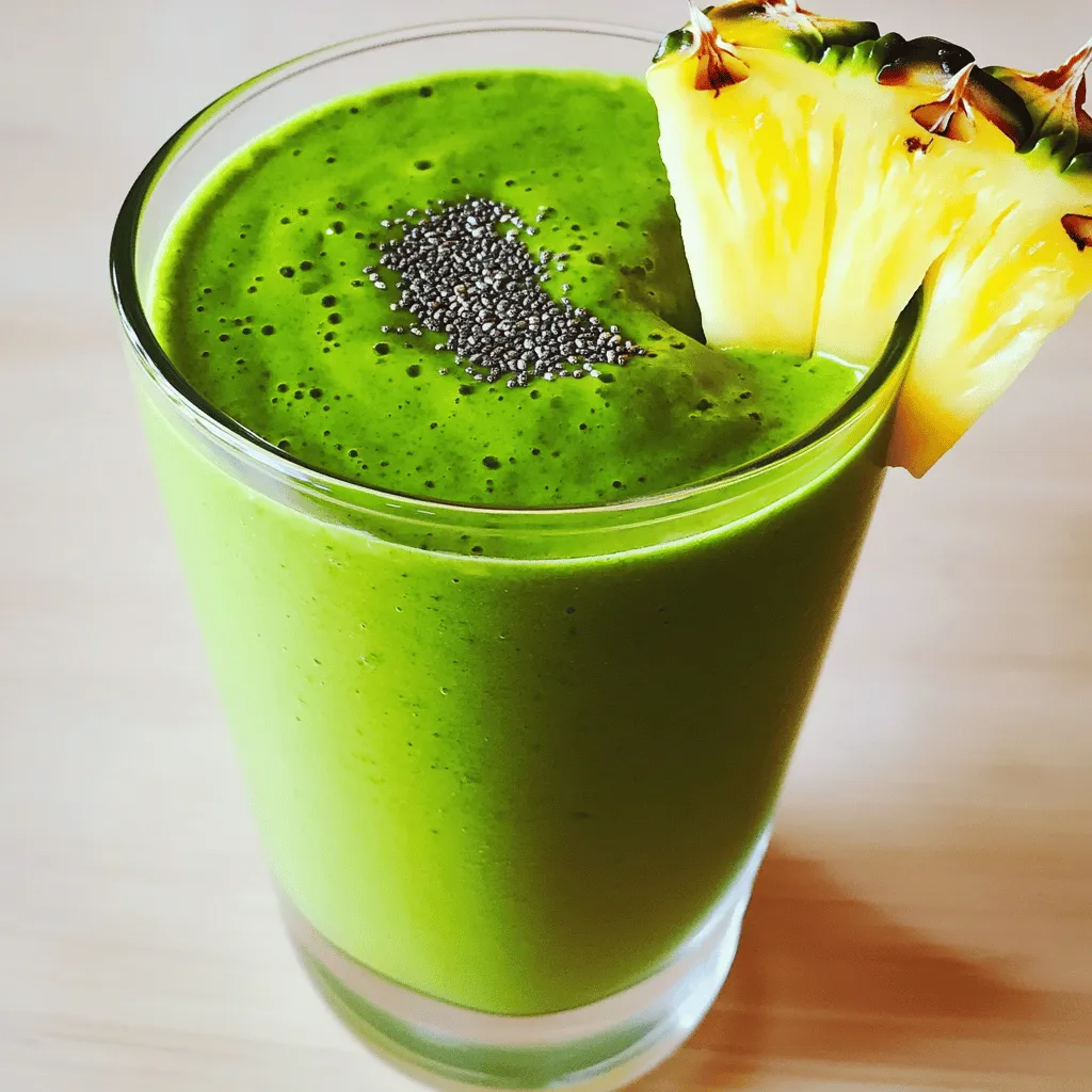 - 1 cup fresh spinach, tightly packed - 1 ripe banana, sliced into rounds - 1/2 cup pineapple chunks (you may use fresh or frozen) - 1/2 cup coconut water, chilled - 1/2 ripe avocado, pitted and scooped - 1 tablespoon chia seeds - 1/2 cup ice cubes (optional, for a frosty texture) - A squeeze of fresh lime juice (to taste) - Additional fruits (such as mango or papaya) - Sweeteners (honey or agave syrup) - Spinach and its nutrients: Spinach is packed with vitamins A, C, and K. It also has iron, which helps keep your blood healthy. - Avocado and healthy fats: Avocado is full of good fats. These fats help your body absorb nutrients and can keep you feeling full. - Pineapple and digestion benefits: Pineapple has bromelain, an enzyme that aids digestion. This makes it great for your tummy. Using these ingredients, you create a smoothie that is not only tasty but also very good for you. Enjoy blending these wholesome ingredients for a refreshing drink! - First, add 1 cup of fresh spinach to your high-speed blender. - Pour in 1/2 cup of chilled coconut water. - Blend on high speed until the mixture is smooth. This step gives you a vibrant green base. - Next, add 1 ripe banana, sliced into rounds. - Toss in 1/2 cup of pineapple chunks, fresh or frozen. - Add 1/2 ripe avocado, pitted and scooped. - Sprinkle in 1 tablespoon of chia seeds for a healthy boost. - Blend until everything is creamy and well mixed. - After blending, taste your smoothie. - If you want it sweeter, add another slice of banana and blend briefly. - For a frosty texture, include 1/2 cup of ice cubes. Blend again until the ice is crushed and smooth. For great smoothies, use a high-speed blender. I recommend brands like Vitamix or Ninja. These blenders crush ice and blend fruits well. With a strong motor, they make smooth and creamy drinks. To get that creamy texture, blend the spinach and coconut water first. Then add the banana, pineapple, avocado, and chia seeds next. Blend until everything mixes well. If your smoothie feels thick, add more coconut water. If it is too thin, add more frozen fruit or ice. Make your smoothie look fun! Use colorful glasses to serve. Add a sprinkle of chia seeds on top for style. A slice of pineapple on the rim adds a tropical touch. These little details make your drink stand out and taste even better! {{image_4}} You can mix and match fruits for your smoothie. Try adding mango or papaya for a sweeter twist. If you love berries, toss in some blueberries or strawberries. Each fruit brings its own flavor and nutrients. Pineapple pairs well with many fruits, so feel free to get creative! Superfoods can boost your smoothie. Adding protein powder helps with energy and keeps you full. You might choose a plant-based protein, like pea or hemp. Greens like kale or spirulina add extra vitamins. Just a small amount of spirulina can pack a big nutritional punch! This smoothie can fit many diets. It is naturally gluten-free, so enjoy it worry-free. For nut allergies, skip the avocado or use sunflower seed butter instead. This makes it safe for everyone while still tasty. Adjust the recipe to fit your needs! To keep your Tropical Green Smoothie fresh, store it in a sealed container. Glass jars work best. Place it in the fridge. It will stay good for up to 24 hours. If you want to save it for longer, freeze it. Pour the smoothie into ice cube trays or freezer bags. This way, you can enjoy it later. In the fridge, your smoothie stays fresh for about one day. After that, it may start to change in taste and texture. Always check for any weird smell or color before drinking. If it looks or smells off, it's best to toss it. You can make your smoothie into a bowl. Just pour it into a bowl and add toppings like nuts, seeds, or fruits. You can also turn your smoothie into popsicles. Pour the smoothie into molds, freeze them, and enjoy a cool treat. These ideas help you enjoy your leftovers in fun ways! Yes, you can prepare a Tropical Green Smoothie ahead of time. To do this, blend your smoothie as usual. Then, pour it into an airtight container. Store it in the fridge for up to 24 hours. - Meal Prepping Tips: - Pre-chop your fruits and veggies to save time. - Use frozen fruits to keep your smoothie cold without ice. - Keep the smoothie base separate and blend just before drinking for best taste. If you don’t have coconut water, you have great options. - Alternative Liquid Options: - Use regular water for a lighter taste. - Almond or oat milk adds creaminess and flavor. - Juice, like pineapple or orange juice, can enhance sweetness. Yes, green smoothies can support weight loss. They are low in calories and high in nutrients. - Health Benefits: - Spinach is low in calories and high in fiber, keeping you full. - Avocado adds healthy fats, which can help curb cravings. - Pineapple aids digestion and offers natural sweetness, reducing the need for added sugars. This blog covered how to make a tasty and healthy Tropical Green Smoothie. You learned about key ingredients like spinach, avocado, and pineapple and their health benefits. I shared step-by-step instructions to blend it smoothly and tips for great texture. You can customize your smoothie with flavor options and superfoods. Storing leftovers and using them in fun ways is easy. Enjoy creating nutritious smoothies that fit your taste. This is a simple way to boost your health.
