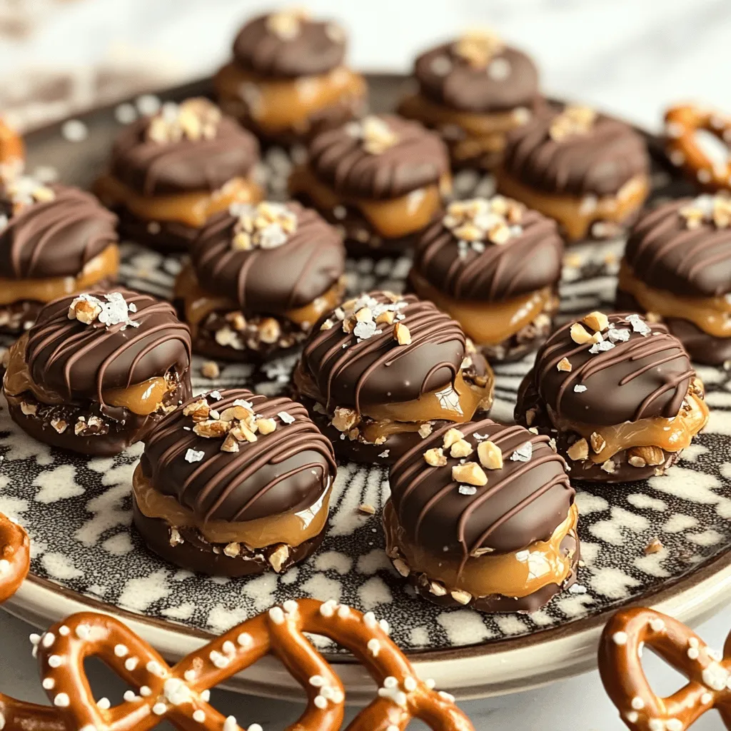 - Mini pretzels - Soft caramel candies - Semi-sweet chocolate chips - Sea salt for garnish - Coconut oil (optional) - Crushed nuts (optional) To make Chocolate Caramel Pretzel Bites, you need a few simple ingredients. Start with two cups of mini pretzels. These small snacks bring a great crunch. Next, gather one cup of soft caramel candies. You can buy these or make your own if you prefer. For the chocolate, use one cup of semi-sweet chocolate chips. They melt well and taste sweet. A pinch of sea salt adds a nice touch to balance the sweetness. You might want to add one tablespoon of coconut oil. This helps the chocolate melt smoothly, but it is optional. If you like some extra crunch, consider half a cup of crushed nuts. You can use any nuts you like. Walnuts, pecans, or almonds work great. Each ingredient plays a role in creating a sweet and salty treat that everyone will enjoy. Start by preparing your baking sheet. Line it with parchment paper. This helps keep the pretzels from sticking. Next, arrange the mini pretzels in a single layer. Make sure they don’t overlap. This step is key for even coating later. Now it’s time to melt the caramel. In a microwave-safe bowl, combine the soft caramel candies with two tablespoons of water. This helps the caramel melt smoothly. Heat the bowl in the microwave at 20-second intervals. Stir well between each interval. Keep doing this until the caramel is smooth and melted. Once the caramel is ready, it’s time to assemble. Use a teaspoon to drizzle caramel over half of the pretzels. Make sure each pretzel gets a generous amount. Then, top each caramel-covered pretzel with another pretzel. Press down gently to form a sandwich. Repeat this for all the pretzels. In another microwave-safe bowl, melt the semi-sweet chocolate chips. If you want, add the coconut oil to help it melt better. Heat in 30-second intervals, stirring each time. You want to achieve a smooth consistency. This step is crucial for a nice coating. Now, let’s coat the pretzel sandwiches. Dip each one into the melted chocolate. Ensure it is completely covered. This gives it that rich chocolate flavor. Once coated, place the pretzels back onto the parchment-lined baking sheet. While the chocolate is warm, it’s time for the final touches. Sprinkle a pinch of sea salt on each pretzel bite. If you like, add some crushed nuts for extra crunch. Once all are garnished, transfer the baking sheet to the refrigerator. Let the chocolate set completely for about 30 minutes. After that, your delicious Chocolate Caramel Pretzel Bites are ready to enjoy! Avoiding burning: To melt chocolate or caramel, use the microwave in short bursts. Heat for just 20 seconds for caramel. Stir well after each heating. This helps you avoid burning. Perfecting consistency: Add a teaspoon of water to your caramel. This keeps it smooth and easy to drizzle. For chocolate, a tablespoon of coconut oil helps it melt evenly. This gives your chocolate a nice, glossy finish. Suggestions for different toppings: You can try many toppings! Consider crushed nuts or sprinkles. You can also use mini M&Ms or sea salt for contrast. Each adds a new flavor or crunch. Using various types of pretzels: Switch things up with pretzel shapes! Use regular pretzels or chocolate-covered pretzels instead. Each type brings its own taste and fun. You can even try pretzel sticks for a different look. Creative serving suggestions: For a lovely display, arrange the pretzel bites on a nice platter. You can stack them in layers or make a colorful design. This makes them more inviting and eye-catching. Garnishing ideas for visual appeal: Add a touch of flair with a drizzle of melted chocolate on top. You can also sprinkle some sea salt or nuts for extra texture. This makes your treat not just tasty but also beautiful! {{image_4}} You can change the taste of your chocolate caramel pretzel bites easily. Try using white chocolate instead of semi-sweet chocolate. This will give a creamy, sweet touch. If dark chocolate is your thing, use it for a richer flavor. You can also add a few drops of flavor extracts, like vanilla or almond, to the chocolate. This little change can make your treats even more exciting. If you need a gluten-free option, choose gluten-free pretzels. They work just as well and taste great. For those who prefer vegan options, look for vegan caramel. Many brands offer this nowadays. It lets you enjoy the same sweet taste without animal products. Think about unique ways to serve these bites. They pair wonderfully with a scoop of ice cream for a sweet treat. You can also serve them at parties with drinks. Try pairing them with coffee or a creamy milkshake for a fun mix. These bites are not just snacks; they can be a part of a delightful dessert platter too! To keep your Chocolate Caramel Pretzel Bites fresh, use an airtight container. This protects them from moisture and keeps them crunchy. Store the container in a cool, dry place. A pantry shelf is perfect. Avoid direct sunlight, as it can melt the chocolate. These tasty bites stay fresh for about one week. You will know they are past their prime if they lose their crunch or the chocolate appears dull. If you see any signs of mold, discard them right away. You can freeze these bites for longer storage. First, place them in a single layer on a baking sheet. Freeze them until solid, about one hour. Then, transfer them to a freezer-safe container. Be sure to separate layers with parchment paper to avoid sticking. To thaw, just move them to the fridge for a few hours before serving. This keeps the chocolate from getting too soft. Enjoy every bite of your delicious treat! Chocolate caramel pretzel bites last about a week when stored properly. Keep them in an airtight container at room temperature. You can also chill them, which helps keep them fresh. Just remember, the colder they get, the harder they become. Yes, you can use homemade caramel. It will add a personal touch and may taste better. Just ensure it is soft enough to drizzle. Store-bought caramel is easier and quicker, but homemade is often richer. Choose what fits your time and taste. If you don’t have coconut oil, you can use butter instead. It will give a rich flavor. You can also use vegetable oil or canola oil. These alternatives work well for melting chocolate without affecting taste. These pretzel bites can be gluten-free. Just use gluten-free pretzels instead of regular ones. Many brands offer delicious gluten-free options. Check the label to ensure they are suitable for your needs. Yes, you can make these bites ahead of time. Prepare them a day or two before you need them. Just store them in an airtight container. This makes them a great treat for parties or gatherings. In this blog post, I shared a simple guide for making chocolate caramel pretzel bites. We explored each step, from melting caramel to final garnishes. You learned tips for customizing flavors and ensuring perfect consistency. These treats are fun and easy to make, perfect for sharing. Enjoy them fresh or store for later. I hope you try making these bites and find joy in each step. Happy cooking!