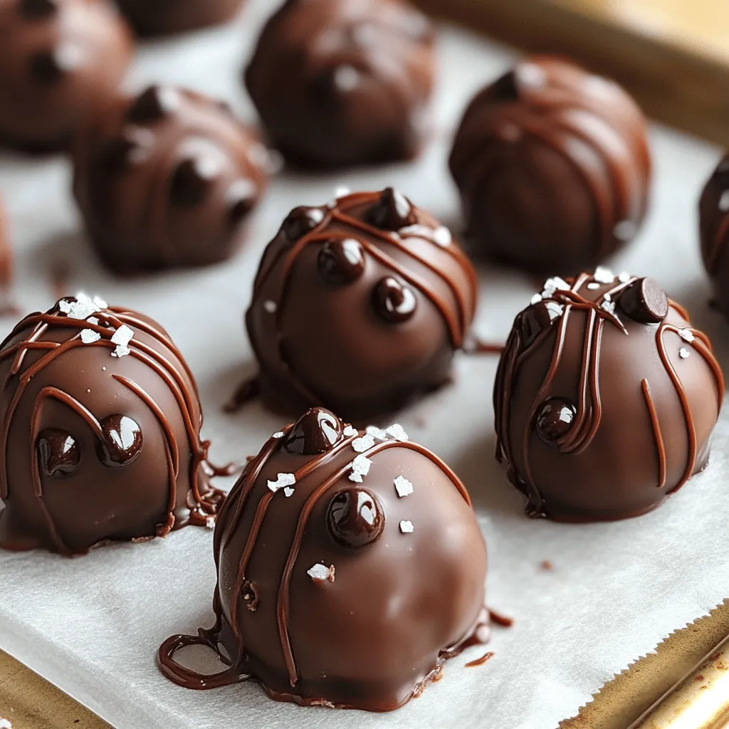 - 1 cup all-purpose flour (heat-treated for safety) - 1/2 cup unsalted butter, softened - 1/2 cup packed brown sugar - 1/4 cup granulated sugar - 1 teaspoon pure vanilla extract - 1/4 teaspoon sea salt - 1/2 cup mini chocolate chips - 1 cup chocolate chips (for coating) - 1 teaspoon coconut oil (for melting chocolate) For this recipe, precise measurements matter. If you do not have mini chocolate chips, you can use regular ones. You can replace unsalted butter with coconut oil if needed. If you want a richer flavor, use dark brown sugar instead of light brown sugar. If you prefer a gluten-free version, substitute the all-purpose flour with a gluten-free blend designed for baking. Just make sure it has xanthan gum if needed for structure. Using high-quality ingredients makes a difference. For butter, choose unsalted and fresh, as it affects taste and texture. Organic sugar offers a more natural flavor. When choosing chocolate chips, opt for high cocoa content for better taste. Heat-treating the flour is important for safety. You can do this by microwaving it for about 1 minute, stirring halfway through. This step kills any harmful bacteria. Always use fresh ingredients for the best flavor and texture. Start by gathering your ingredients. You need: - 1 cup all-purpose flour (heat-treated for safety) - 1/2 cup unsalted butter, softened - 1/2 cup packed brown sugar - 1/4 cup granulated sugar - 1 teaspoon pure vanilla extract - 1/4 teaspoon sea salt - 1/2 cup mini chocolate chips In a large bowl, beat the softened butter, brown sugar, and granulated sugar together. Use an electric mixer for about 2-3 minutes until it is creamy. Add the vanilla extract and sea salt. Mix until it smells great. Gradually add the heat-treated flour. Use a spatula to fold it in. Make sure no raw flour shows. Next, gently fold in the mini chocolate chips. With clean hands, scoop out small portions of the dough. Roll them into balls about 1 inch big. Place the balls on a parchment-lined baking sheet, leaving space between each. Now, transfer the sheet to the freezer. Chill the dough balls for at least 30 minutes. They need to feel firm to the touch. While the dough chills, prepare the chocolate coating. In a microwave-safe bowl, melt 1 cup of chocolate chips with 1 teaspoon of coconut oil. Heat in 30-second bursts, stirring in between. Stop when the chocolate is smooth and shiny. Once the dough balls are firm, dip each one in the melted chocolate. Use a fork or your hands to coat them evenly. Place the coated truffles back on the parchment sheet. For a nice touch, drizzle extra melted chocolate on top or sprinkle a little sea salt. Finally, refrigerate the truffles for 15-20 minutes until the chocolate is set and firm. To get a great coating on your truffles, follow these steps: - Use high-quality chocolate chips for a smooth melt. - Mix in a little coconut oil with your chocolate. This helps it coat better. - Dip the chilled cookie dough balls quickly in the chocolate. This keeps the coating crisp. - Let the truffles set on parchment paper to avoid sticking. Here are some mistakes to steer clear of: - Don’t skip chilling the dough balls. This helps them hold shape. - Avoid overheating the chocolate. Heat it slowly in short bursts. - Don’t rush the coating process. Take your time for an even layer. - Use too much flour can make the dough dry. Measure carefully! To get the right texture for your cookie dough truffles: - Make sure your butter is softened but not melted. This adds fluffiness. - Fold in the mini chocolate chips gently. This keeps the dough light. - Chill the dough for at least 30 minutes. This firms it up nicely. - Keep the chocolate warm, but not hot, when coating. This ensures a smooth finish. Follow these tips for amazing truffles that will impress everyone! {{image_4}} You can make your truffles even more fun! Try adding nut butters like peanut or almond. A spoonful gives a nice twist. You can also mix in different extracts. Almond or hazelnut extracts add depth. Just swap in 1 teaspoon of your favorite extract. Want vegan or gluten-free truffles? For vegan options, use coconut oil instead of butter. Also, choose dairy-free chocolate chips. For gluten-free, swap all-purpose flour with almond flour. Ensure the flour is heat-treated to keep it safe. Get creative with your coatings! Instead of just chocolate, try white chocolate or dark chocolate. You can also roll your truffles in crushed nuts or sprinkles. Drizzle melted chocolate on top for a fancy look. A sprinkle of sea salt adds a nice touch too! To keep your chocolate chip cookie dough truffles fresh, store them in an airtight container. This will help lock in the flavor and texture. Place a piece of parchment paper between layers if you stack them. This prevents sticking. When stored properly in the fridge, these truffles last about one week. If you do not eat them all, don’t worry! They still taste great after a few days. Just make sure to check for any signs of spoilage. To freeze your truffles, place them in a single layer on a baking sheet. Freeze for about an hour until firm. Then, transfer them to an airtight container or freezer bag. They can last up to three months in the freezer. When you want to enjoy them, just thaw in the fridge for a few hours. No, using regular flour is not safe. Raw flour can carry harmful bacteria. Heat-treated flour is safe to eat without cooking. To heat-treat flour, spread it on a baking sheet. Bake at 350°F for about five minutes. Let it cool before using it in your truffles. You can find pre-made truffles at many local stores. Check specialty shops or gourmet markets. Some stores offer them in the frozen section. Online retailers also sell them. Brands like Doughp and Edoughble offer tasty options too. Yes, you can make these truffles ahead of time. Prepare the dough, roll the balls, and freeze them. They stay fresh for a month in the freezer. Just coat them in chocolate before serving. This way, you always have a treat ready! This blog post covered how to make delicious truffles step by step. We looked at key ingredients and easy measurements. I shared tips for the right texture and ways to avoid common mistakes. You also learned about tasty variations and smart storage methods. In the end, making truffles is fun and simple. Try different flavors and coatings to make it your own. Enjoy your tasty creations with friends and family!