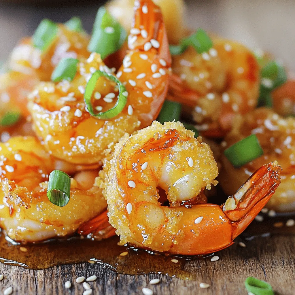 - 1 pound large shrimp, peeled and deveined - ½ cup cornstarch - 1 tablespoon olive oil - ¼ cup honey - 4 cloves garlic, finely minced - 2 tablespoons soy sauce - 1 tablespoon rice vinegar - 1 teaspoon freshly grated ginger - ½ teaspoon red pepper flakes (optional) - Salt and fresh ground pepper to taste - Chopped green onions and sesame seeds for garnish I love using fresh shrimp for this dish. They bring a nice flavor. The cornstarch gives the shrimp a crispy coat. It makes a perfect base for the honey garlic sauce. The sauce is a game changer. Honey brings sweetness while garlic adds depth. Soy sauce gives a savory kick, and rice vinegar balances the flavors. Ginger adds warmth, and red pepper flakes can give a spicy touch. Adjust these ingredients to your taste. I always season the shrimp with salt and pepper. This simple step makes a big difference in flavor. For garnish, I use chopped green onions and sesame seeds. They add color and crunch. You will love how this dish comes together! In a medium bowl, I whisk together the following ingredients: - ¼ cup honey - 4 cloves garlic, finely minced - 2 tablespoons soy sauce - 1 tablespoon rice vinegar - 1 teaspoon freshly grated ginger - ½ teaspoon red pepper flakes (optional) Mix them well until they blend into a smooth sauce. The honey adds sweetness, while the garlic gives it a nice kick. Let this sauce sit for a bit. This allows the flavors to meld and become even tastier. First, I season 1 pound of shrimp with salt and fresh ground pepper. This step adds essential flavor. Next, I coat each shrimp with ½ cup of cornstarch. I make sure to shake off any excess cornstarch. This light coating will help the shrimp become crispy when cooked. I start by preheating the air fryer to 400°F (200°C). I let it heat for about 5 minutes. This ensures the shrimp will cook evenly. After preheating, I drizzle 1 tablespoon of olive oil over the cornstarch-coated shrimp. I toss the shrimp gently, making sure they are well coated in oil. This step helps them become golden and crunchy. Next, I arrange the shrimp in a single layer in the air fryer basket. If my air fryer is small, I cook the shrimp in batches. I air fry them for 8-10 minutes. Halfway through, I shake the basket to ensure even cooking. The shrimp should turn golden brown and crunchy. Once they are cooked perfectly, I transfer them to a large bowl. I drizzle the prepared honey garlic sauce over the shrimp and toss gently. This ensures each shrimp gets coated in the sticky sauce. Now, they are ready to serve! To make your shrimp crispy, cornstarch is key. It forms a light coating that fries up crunchy. First, coat each shrimp well. Shake off any extra cornstarch. This step keeps them from being too heavy. Drizzle a bit of olive oil on the shrimp before cooking. This helps them get even crispier. Toss them gently to coat every shrimp. The oil promotes that golden, crunchy texture we all love. Preheat your air fryer to 400°F (200°C). This step only takes about five minutes. A hot air fryer gives the shrimp a nice crunch. If you have a small air fryer, cook in batches. This avoids overcrowding and ensures even cooking. Don’t rush this step. It’s worth it for a crisp finish. Want some spice? Add red pepper flakes to the sauce. This gives your dish a kick. Just a little can change the flavor profile. You can also swap ingredients for new tastes. Instead of honey, try maple syrup. Or use different spices based on your preference. This recipe is flexible, so get creative! {{image_4}} You can easily swap shrimp for other proteins. Chicken works well, especially if you cut it into bite-sized pieces. Tofu is a great choice for a plant-based meal. Just make sure to press out extra moisture. You can even try using vegetables like cauliflower or bell peppers for a fun twist. Get creative with your sauce! Instead of honey, you can use maple syrup for a unique flavor. You might also try agave nectar for a different sweetness. Add spices like cumin or paprika to give your sauce a new kick. These changes can make your dish exciting and new. Crispy honey garlic shrimp pairs perfectly with rice or a fresh salad. Serve it on a bed of jasmine rice to soak up that sauce. You can also create a fun shrimp taco meal. Just add the shrimp to soft tortillas, along with some slaw and avocado. This makes for a tasty and easy dinner option! To store leftovers safely, cool the shrimp first. Place them in an airtight container. This keeps them fresh for up to three days. Make sure the container is clean and dry before adding the shrimp. To reheat the shrimp, use an air fryer to keep them crispy. Preheat the air fryer to 350°F (175°C). Place the shrimp in a single layer and heat for about 5 minutes. This method helps maintain their crunchy texture. You can also use a skillet on medium heat for a few minutes. To freeze cooked shrimp, let them cool completely first. Place them in a freezer-safe bag, removing as much air as possible. They can last up to three months in the freezer. For thawing, transfer the shrimp to the fridge overnight. If you’re in a hurry, place the bag under cold running water for quicker results. Yes, you can! You can pan-fry or bake the shrimp instead. For pan-frying, heat some oil in a skillet over medium heat. Cook the shrimp for about 2-3 minutes on each side until they turn pink and crispy. If you choose to bake, preheat your oven to 400°F (200°C). Place the shrimp on a baking sheet and bake for 10-12 minutes. Flip them halfway for even cooking. Both methods will still yield tasty shrimp! Shrimp cook quickly and change color when done. Look for a bright pink color and a firm texture. Another good way is to cut one open; it should be opaque inside. The shrimp should curl slightly but not be tight. If they are rubbery, they may be overcooked. Keep an eye on them to ensure perfect doneness. Yes, you can use frozen shrimp! Just make sure to thaw them first. The best way to do this is by placing them in a bowl of cold water for about 15-20 minutes. Once thawed, pat them dry with a paper towel. This helps the cornstarch stick better. Now, you can follow the recipe as usual. Enjoy your crispy honey garlic shrimp! This article walked you through making honey garlic shrimp in an air fryer. You learned about the key ingredients, the steps for cooking, and tips for getting that perfect crunch. Remember, you can modify the recipe with different proteins and flavors. Store leftovers properly to maintain freshness. Enjoy experimenting with this dish and impress your friends with your cooking skills. Now, it's time to try the recipe for yourself and savor the delicious results!