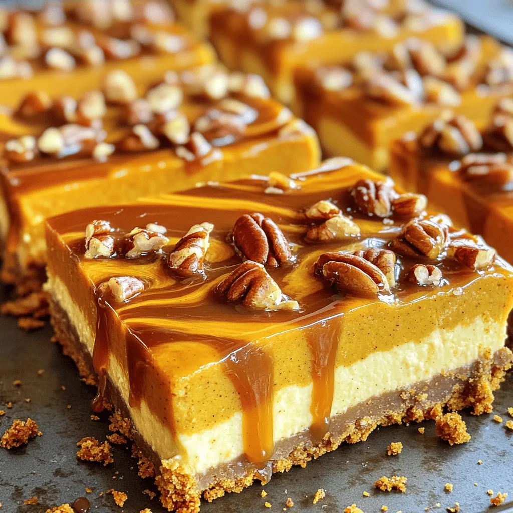 To make these delicious bars, you need some key ingredients. Here’s what you’ll need: - 1 1/2 cups graham cracker crumbs - 1/4 cup granulated sugar - 1/2 cup unsalted butter, melted - 2 (8 oz each) packages cream cheese, softened to room temperature - 3/4 cup packed brown sugar - 1 cup pure pumpkin puree - 2 large eggs - 1 teaspoon pure vanilla extract - 1 teaspoon ground cinnamon - 1/2 teaspoon ground nutmeg - 1/4 teaspoon ground ginger - 1 cup caramel sauce, plus extra for drizzling These ingredients create a rich and creamy base, perfect for a sweet treat. To take your bars to the next level, consider these garnish options: - 1/4 cup chopped pecans or walnuts (optional) These nuts add a nice crunch and flavor contrast to the smooth cheesecake. You can customize your bars with these substitutions: - For a gluten-free option, use gluten-free graham cracker crumbs. - Swap cream cheese for vegan cream cheese if you want a dairy-free version. - Use maple syrup instead of brown sugar for a unique flavor twist. These swaps can help you make the recipe fit your needs while still enjoying the deliciousness of caramel pumpkin cheesecake bars. Start by preheating your oven to 350°F (175°C). Grab an 8x8 inch baking pan. Line it with parchment paper. Leave some paper hanging over the edges for easy lifting later. In a medium bowl, mix 1 1/2 cups of graham cracker crumbs with 1/4 cup of granulated sugar. Pour in 1/2 cup of melted unsalted butter. Stir until the crumbs are coated. Press this mixture evenly into the bottom of the pan. This forms a solid crust for your bars. In a large bowl, take 2 packages of softened cream cheese. Beat the cream cheese with 3/4 cup of packed brown sugar using an electric mixer. Mix on medium speed for about 2 to 3 minutes. The mixture should be smooth and creamy. Next, add 1 cup of pure pumpkin puree, 2 large eggs, 1 teaspoon of pure vanilla extract, and spices: 1 teaspoon of ground cinnamon, 1/2 teaspoon of ground nutmeg, and 1/4 teaspoon of ground ginger. Continue mixing until everything is well combined and smooth. Pour half of the creamy cheesecake mixture over the crust. Spread it evenly with a spatula. Drizzle half of the caramel sauce, about 1/2 cup, over this layer. Use a knife to gently swirl the layers together. Then, pour the rest of the cheesecake mixture over the top. Smooth it out again with the spatula. Drizzle the remaining caramel sauce on top and swirl it for a nice design. Bake your bars in the preheated oven for 40 to 45 minutes. The center should be firm but still a bit jiggly. After baking, let the bars cool for 1 hour at room temperature. Then, refrigerate for at least 4 hours or overnight for best results. When chilled, lift the bars out using the parchment paper and cut into 16 squares. Enjoy! To get a smooth and creamy cheesecake, start with room temperature cream cheese. Cold cream cheese can lead to lumps. Beat the cream cheese and brown sugar well until they blend completely. This usually takes about 2-3 minutes. When adding eggs, mix them in one at a time. This helps incorporate air, making your bars light. Lastly, don’t overmix after adding the pumpkin puree and spices. Just blend until smooth. This keeps the texture perfect. A common mistake is baking the cheesecake too long. The center should be slightly jiggly. If it is firm, it may dry out. Also, make sure to use pure pumpkin puree, not pumpkin pie filling. The filling has extra sugar and spices that can change the taste. Another mistake is skipping the chilling time. Chilling helps the bars set and improves flavor. Aim for at least 4 hours in the fridge, or overnight for the best results. For a lovely presentation, use a festive platter. Cut the bars into even squares for a neat look. Drizzle extra caramel sauce on top for an added treat. You can also sprinkle chopped pecans or walnuts on each square. A sprinkle of cinnamon or a dollop of whipped cream adds a nice touch. These small details make your bars stand out, making each bite even sweeter. Enjoy your delicious creation! {{image_4}} You can make your Caramel Pumpkin Cheesecake Bars unique. Try using different spices like cardamom or allspice instead of nutmeg. These spices add warmth and depth. You can also swap the pumpkin for pure sweet potato or butternut squash. Both give a rich flavor that pairs well with caramel. For a twist, add chocolate chips or swirl in some peanut butter. These changes create new and exciting tastes. Making a gluten-free version is easy. Use gluten-free graham crackers or almond flour for the crust. Mix the crumbs with sugar and butter just like in the original recipe. If using almond flour, make sure to use a bit more butter to hold the crust together. Your cheesecake filling will still shine with the creamy texture. Just check that all other ingredients are gluten-free. This way, everyone can enjoy these tasty bars. You can also create a vegan version of these bars. For the crust, use vegan butter and graham crackers. For the filling, substitute cream cheese with a mix of soaked cashews and coconut cream. Blend these until smooth and creamy. Replace eggs with flax eggs or applesauce. For each egg, mix 1 tablespoon of flaxseed meal with 2.5 tablespoons of water. Let it sit until it thickens. This makes your cheesecake just as creamy without any animal products. Enjoy a delicious treat that fits your lifestyle! To keep your caramel pumpkin cheesecake bars fresh, store them in the fridge. Use an airtight container to prevent drying. You can also wrap them tightly in plastic wrap. This helps keep the bars moist and tasty. If you want to save some bars for later, freezing works well. First, cut the bars into squares. Place each square on a baking sheet lined with parchment paper. Freeze them for about an hour. After that, transfer the squares to a freezer bag. Make sure to squeeze out any air. This helps avoid freezer burn. These cheesecake bars can last about five days in the fridge. If frozen, they can stay good for up to three months. When you’re ready to enjoy them, thaw in the fridge overnight. This keeps them creamy and delicious. For the best taste, eat them within a month. Yes, you can make these bars ahead of time. They taste even better after chilling overnight. After baking, let the bars cool. Then, cover them and store them in the fridge. This way, the flavors meld nicely. Just remember to let them chill for at least four hours before serving. You can use mascarpone cheese as a great substitute for cream cheese. It has a similar texture and taste. Another option is Greek yogurt, which is lighter. Make sure to choose plain yogurt for the best flavor. For a dairy-free option, try silken tofu blended until smooth. To prevent cracks, avoid overmixing the batter. Overmixing adds too much air, which causes cracks during baking. Bake your bars at a lower temperature for a longer time. This helps them cook evenly. Lastly, let them cool slowly. Remove them from the oven and let them sit before refrigerating. This helps keep the texture smooth and creamy. You learned how to make Caramel Pumpkin Cheesecake Bars by using essential ingredients. I shared tips for a smooth texture and how to avoid mistakes. You also discovered fun variations and storage methods. These bars can be made ahead and enjoyed later. With a few simple swaps, anyone can adapt the recipe. Enjoy baking and sharing these delicious treats!