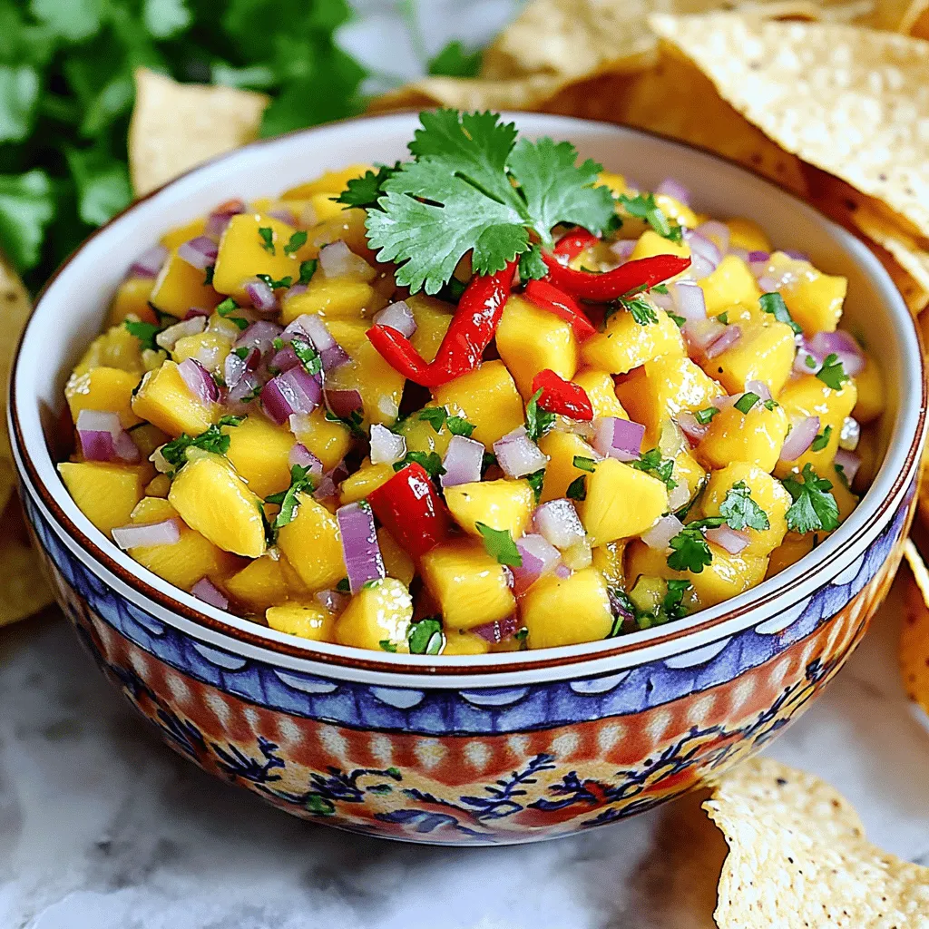 - 1 ripe mango, peeled and diced into bite-sized pieces - 2 fresh habanero peppers, deseeded and finely chopped (use gloves for safety) - ½ medium red onion, finely diced - ½ cup fresh cilantro leaves, chopped coarsely - 2 tablespoons fresh lime juice (adjust more or less to taste) - 1 tablespoon honey (optional, for a touch of sweetness) - Salt, to your preference To make a great spicy mango habanero salsa, start with the freshest ingredients. The ripe mango brings a sweet touch that balances the heat from habaneros. The two habaneros give this salsa its fiery kick. When you chop them, wear gloves to protect your hands from their heat. Next, the red onion adds a sharp crunch. Dice it finely to blend well with the other ingredients. Fresh cilantro leaves bring a bright flavor that makes the salsa refreshing. Squeeze fresh lime juice into the mix. The acidity from the lime is key to enhancing all the flavors. If you like it sweeter, consider adding honey. This step is optional, but it can round out the taste nicely. Finally, sprinkle in salt to your liking. Remember, the flavors will develop as they mix, so adjust as needed. Using these ingredients, you’ll create a vibrant, flavorful salsa that everyone will love. 1. Combining the main ingredients In a medium bowl, start by adding the diced mango, finely chopped habanero peppers, and red onion. Mix gently with a spatula. This keeps the mango pieces intact. 2. Adding cilantro and lime juice Next, add in the chopped cilantro. This adds a fresh taste. Squeeze the fresh lime juice all over the mixture. Lime juice brightens the flavors and balances the heat. 3. Mixing and adjusting flavors If you want a sweeter salsa, now is the time for honey. A tablespoon works well, but taste first. Stir everything gently until well mixed. Then, taste and add salt to your liking. You can also adjust the lime and honey if needed. 4. Resting for flavor development Let the salsa sit at room temperature for at least 15 minutes. This resting time helps all the flavors blend together. The longer it sits, the better it gets! When working with habanero peppers, safety comes first. Always wear gloves. These peppers can cause skin irritation. After handling, wash your hands well. Avoid touching your face or eyes. To adjust spice levels, you can remove the seeds and membranes. This part holds most of the heat. If you want more heat, add more finely chopped peppers. Start small, then taste. You can always add more. Perfecting the balance of sweetness and acidity is key. Use ripe mango for natural sweetness. The lime juice adds a bright, tangy kick. If it tastes too tart, a little honey helps. This optional ingredient brings harmony to the flavors. For serving, pair this salsa with crispy tortilla chips. It also complements grilled chicken or fish. Try it on tacos or as a topping for burgers. This salsa adds a fun twist to many dishes. {{image_4}} You can switch up the fruit in this salsa. Try using pineapple or peach for a new twist. Both fruits add a sweet touch, changing the salsa's vibe. You can also play with the peppers. If habaneros are too hot, use jalapeños or serranos. They add less heat but still bring great flavor. There are so many fun ways to serve this salsa. You can scoop it up with crispy tortilla chips for a classic snack. It also makes a great topping for grilled chicken or fish. Try pairing it with tacos for a zesty kick. For a fresh twist, serve it over a bed of greens or in a wrap. Each option brings out the bright flavors of the salsa! To keep your spicy mango habanero salsa fresh, store it in the fridge. Use a tight container to cover it well. This helps keep flavors strong and prevents spoilage. Always let the salsa cool to room temperature before sealing it. If you want to store the salsa long-term, freezing is an option. Use freezer-safe bags or containers. Make sure to remove any air before sealing. This prevents freezer burn and keeps your salsa tasty. When you are ready to use it, thaw it in the fridge overnight. Homemade salsa lasts about 3 to 5 days in the fridge. After this time, it may start to lose its flavor. Always check the salsa before eating it. Signs of spoilage include changes in color or texture. If you see any mold, do not eat it. A sour smell is also a sign that the salsa has gone bad. Always trust your senses! How spicy is this salsa? This salsa packs a good kick. Habanero peppers bring heat, so it can be spicy. The spice level depends on how many peppers you use. If you want less heat, use fewer habaneros or remove the seeds. Can I make it ahead of time? Yes, you can make this salsa ahead of time. It tastes even better after resting. Letting it sit for a few hours lets the flavors blend. Just keep it in the fridge until you're ready to serve. What can I do if it’s too spicy? If your salsa is too spicy, there are easy fixes. You can add more mango to balance the heat. Mixing in a bit of honey can help too. Another option is to add more lime juice. This adds fresh flavor and cuts the spice. This blog post covered making spicy mango habanero salsa using simple steps and fresh ingredients. We explored how to combine ripe mango, habanero peppers, and citrus for a tasty dip. I shared tips on handling peppers safely and adjusting spice levels. You can even make variations by using different fruits or peppers. Store your salsa properly to keep it fresh. Remember, this salsa adds a burst of flavor to many dishes. Enjoy making it to suit your taste and share it with friends!