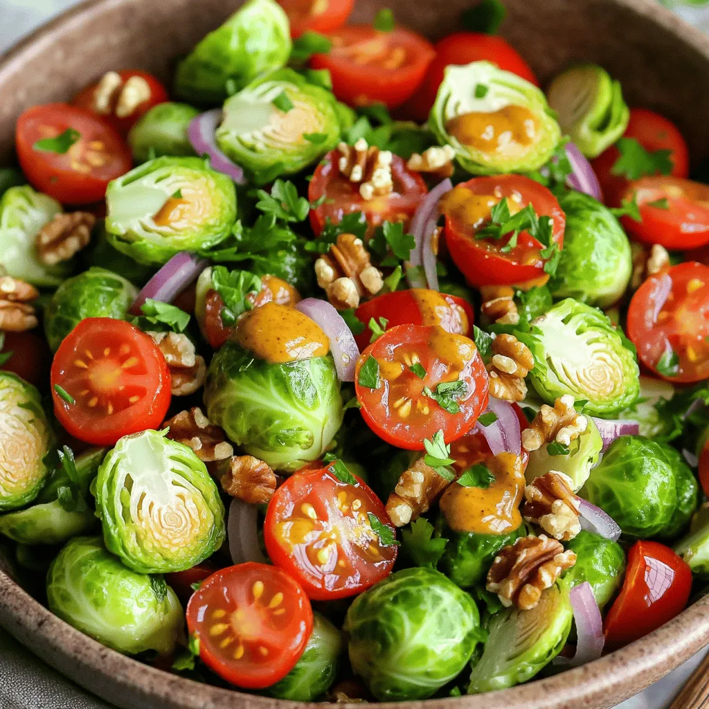 This Honey Mustard Brussels Sprout Salad is a bright and crunchy dish. It combines fresh Brussels sprouts with a sweet and tangy dressing. The salad is easy to make and perfect for any meal. - 1 pound Brussels sprouts, ends trimmed and halved - 1/4 cup honey - 3 tablespoons Dijon mustard - 1/4 cup extra virgin olive oil - 1/4 cup apple cider vinegar - 1/2 cup cherry tomatoes, halved - 1/4 cup red onion, thinly sliced - 1/2 cup walnuts, chopped and toasted - Salt and freshly ground black pepper to taste - Fresh parsley, finely chopped, for garnish You can add other ingredients to make the salad unique. Consider adding: - Crumbled feta cheese for creaminess - Sliced apples for a sweet crunch - Dried cranberries for a fruity touch - Cooked bacon for a savory flavor These add-ins can elevate the dish and cater to your taste. Experiment with different combinations to find your favorite! To start, you need to prep your Brussels sprouts. First, I trim the ends and cut them in half. If any outer leaves look bad, I remove those. Next, I bring a large pot of salted water to a boil. Once it bubbles, I add the halved sprouts. I blanch them for about 3-4 minutes. This makes them bright green and slightly tender. After that, I drain them quickly. I plunge the sprouts into a bowl of ice water. This stops the cooking and keeps them crisp. While the Brussels sprouts cool, I make the dressing. In a small bowl, I whisk together the honey, Dijon mustard, olive oil, and apple cider vinegar. I mix until it's smooth. This sweet and tangy dressing really shines in the salad. It brings all the flavors together. Once the Brussels sprouts are cool, I move to a large bowl. Here, I combine the blanched sprouts, halved cherry tomatoes, and thinly sliced red onion. I make sure to mix them well for a balanced salad. Next, I drizzle the honey mustard dressing over everything. I gently toss the salad to coat all the ingredients. Then, I fold in the toasted walnuts. This adds a nice crunch. Finally, I season with salt and freshly ground black pepper to taste. I let the salad sit for about 10 minutes. This helps the flavors blend before I serve it. Just before I serve, I sprinkle fresh parsley on top for extra color. To get the best texture, start with fresh Brussels sprouts. Look for small, firm ones. When you cut them, make sure to halve them evenly. Blanching is key. Boil them for about 3-4 minutes. This keeps them bright green and tender. After boiling, plunge them into ice water. This stops cooking and keeps them crisp. Let them cool fully before using. The honey mustard dressing is sweet and tangy. Taste it as you whisk. If you like it sweeter, add more honey. If you want more tang, add extra vinegar. Use Dijon mustard for a smooth flavor. Adding a pinch of salt can enhance the taste. Mix well and adjust until it’s perfect for you. Serving is as important as making the salad. Use a large, shallow bowl to show off the colors. Layer the ingredients for a beautiful look. Sprinkle extra walnuts on top for crunch. You can also add whole cherry tomatoes for color. Garnish with fresh parsley right before serving. This makes the dish pop and look fresh! {{image_4}} You can easily change some ingredients to fit your taste. If you don’t have Brussels sprouts, try kale or green beans. Both add great texture. Prefer a sweeter taste? Use maple syrup instead of honey. For a nut-free option, swap walnuts for sunflower seeds. You can also use white or red wine vinegar if you don’t have apple cider vinegar. Each swap gives a new twist to the salad. Want to make this salad more filling? Add protein! Grilled chicken or shrimp works well. For a vegetarian choice, try chickpeas or black beans. These options boost nutrition and flavor. You can even sprinkle feta or goat cheese for creaminess. Just make sure to balance the dressing to match. While the honey mustard dressing is a star, you can explore other flavors. A lemon vinaigrette adds brightness. Combine olive oil, lemon juice, and a pinch of salt. For a creamy option, use yogurt or tahini. Simply mix them with some garlic for a tasty twist. Experiment to find your favorite! Store your Honey Mustard Brussels Sprout Salad in an airtight container. This helps keep it fresh. You can place it in the fridge for up to three days. Make sure to keep the dressing separate if possible. This will help maintain the crispness of the sprouts and the other ingredients. This salad is best served cold, but you can refresh it. If it seems a bit limp, add a splash of apple cider vinegar. Toss the salad gently to mix the flavors. If you want to reheat it, warm the Brussels sprouts only. Use a microwave for 30 seconds, then stir. Avoid heating the whole salad, as it can lose its charm. Meal prepping this salad is easy! You can wash and trim the Brussels sprouts a day ahead. Store them in a container with a damp paper towel. This keeps them crisp. Prepare the dressing in advance and store it separately. On the day you serve it, just combine everything. It's a quick way to enjoy a fresh meal! Yes, you can make this salad ahead of time. Prepare the Brussels sprouts, dressing, and other ingredients. Store them separately in the fridge. When you’re ready to eat, combine everything. This keeps the salad fresh and crisp. To make this salad vegan, swap honey for maple syrup. This gives the same sweetness without using animal products. All other ingredients, like Brussels sprouts and veggies, are already vegan-friendly. This salad pairs well with grilled chicken or fish. It also complements quinoa dishes or roasted veggies. For a lighter meal, serve it with crusty bread. You can also enjoy it alone as a satisfying snack! You learned how to make a tasty Honey Mustard Brussels Sprout Salad. We covered each step, from picking ingredients to serving it. I shared tips for texture and taste, plus fun variations to try. You can easily adjust the recipe to suit your needs. Storage tips ensure your leftovers stay fresh. With this recipe, you can enjoy a yummy, healthy salad that's sure to please. Dive in and experiment; your taste buds will thank you!