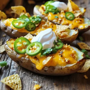 For Loaded Nacho Cheese Potato Skins, you need just a few key items. Here’s what you’ll need: - 4 large russet potatoes - 1 cup shredded cheddar cheese - 1 cup shredded Monterey Jack cheese - 1/2 cup sour cream - 1/2 cup sliced jalapeños (either pickled or fresh) - 1/4 cup chopped green onions - 1/2 teaspoon garlic powder - 1/2 teaspoon smoked paprika - Salt and pepper to taste - Olive oil for brushing - Crumbled tortilla chips (for garnish) When choosing potatoes, I recommend large russet potatoes. They have a thick skin and a fluffy inside. This makes them perfect for holding toppings. For cheese, I love a mix of cheddar and Monterey Jack. Cheddar adds sharpness, while Monterey Jack gives a creamy melt. Feel free to get creative with toppings! Here are some great ideas: - Meat: Add crispy bacon bits or shredded chicken for extra flavor. - Veggies: Chopped tomatoes or black olives can add a fresh touch. - Spices: Sprinkle on some taco seasoning for a zesty kick. For garnishes, try: - Fresh cilantro for a pop of color. - Extra jalapeños for spice. - A drizzle of hot sauce for heat. These optional additions can make your Loaded Nacho Cheese Potato Skins even more special and tailored to your taste! Start by washing the russet potatoes. Scrub them well under cold water to remove dirt. Dry them with a paper towel. Use a fork to poke holes in each potato. This helps steam escape while baking. Next, preheat your oven to 400°F (200°C). Place the pierced potatoes directly on the oven rack. Bake them for 45 to 60 minutes. They should feel tender when pierced with a knife. Once done, take the potatoes out and let them cool for about 10 minutes. When they are cool enough to touch, cut each potato in half lengthwise. Scoop out most of the flesh, leaving a 1/4-inch border. Save the scooped potato for other recipes. Now, brush the insides of the potato skins with olive oil. Sprinkle salt, pepper, garlic powder, and smoked paprika on each skin. This adds flavor. Place the skins, skin side down, on a baking sheet. Bake the potato skins for 10 to 15 minutes. Look for crispy edges and a golden color. This step is key for a crunchy texture. After baking, layer the skins with shredded cheddar cheese. Next, add a generous amount of Monterey Jack cheese. Top with sliced jalapeños. Return the loaded skins to the oven for another 5 to 7 minutes. Wait for the cheese to melt and bubble. Once melted, remove the skins and let them cool for a few minutes. Finally, add a dollop of sour cream on each skin. Sprinkle chopped green onions and crumbled tortilla chips on top. This adds extra flavor and crunch. Enjoy your tasty Loaded Nacho Cheese Potato Skins! To boost flavor in your Loaded Nacho Cheese Potato Skins, use seasonings wisely. I like to sprinkle a mix of garlic powder and smoked paprika on the skins. This adds depth and a hint of smokiness. Don’t forget to add salt and pepper for that essential taste! For crispy potato skins, brush the insides with olive oil before baking. This helps them become golden and crunchy. Bake them skin side down for the best texture. Remember, the longer they bake, the crispier they get! These potato skins shine when paired with tasty sides. Try serving them with extra sour cream and salsa for dipping. A fresh salad also balances the rich flavors. For drinks, go with a light beer or a refreshing soda. A fruity mocktail can also add fun to the meal. Enjoy your Loaded Nacho Cheese Potato Skins with friends and family! {{image_4}} You can change the cheese to create unique flavors. Try using pepper jack for a spicy kick. Gouda adds a smoky taste, while a blend of mozzarella can make it extra gooey. If you want a dairy-free option, look for vegan cheeses made from nuts or soy. They melt well and provide a similar taste. Experiment with different brands to find the one you love most. Meat lovers can add crispy bacon bits or shredded chicken. Cook the meat first to add flavor. You can also use ground beef for a heartier snack. For a vegetarian twist, top with black beans or corn. Add fresh tomatoes or avocado for a burst of color and taste. These toppings make your skins even more fun and tasty! To store leftover potato skins, let them cool first. Place them in an airtight container. You can keep them in the fridge for up to three days. When you want to eat them, here’s how to reheat for the best taste: - Preheat your oven to 350°F (175°C). - Place the potato skins on a baking sheet. - Bake for about 10-15 minutes until warm and crispy. This method helps keep the skins crunchy and tasty. You can freeze potato skins, but it’s best to freeze them unbaked. Here’s how to do it: - After scooping out the flesh, brush the skins with olive oil and season them. - Place them on a baking sheet and freeze until solid. - Once frozen, transfer them to a freezer bag. For baked potato skins, let them cool completely before freezing. They can last for up to three months in the freezer. To cook frozen skins: - Preheat your oven to 400°F (200°C). - Cook them straight from the freezer for about 20-25 minutes. This keeps them crispy and full of flavor for later enjoyment! What are the best potatoes for this recipe? I recommend using large russet potatoes. They are starchy and fluffy, perfect for baking. Their skins get nice and crisp, which is key for loaded nacho cheese potato skins. Another good choice is Yukon gold, but russets work best for this dish. How do I make this recipe healthier? To create a lighter version, you can use less cheese. Try using low-fat cheese and Greek yogurt instead of sour cream. Adding more veggies like diced tomatoes or black beans can also boost nutrition without adding too many calories. Can I prepare Loaded Nacho Cheese Potato Skins ahead of time? Yes! You can bake the potato skins and store them in the fridge. Just layer the cheese and toppings right before you bake them again. This makes for an easy snack at any time. What's the best way to reheat leftovers without losing crunch? To keep your potato skins crispy, reheat them in the oven. Set it to 350°F (175°C) and bake for about 10 minutes. Avoid the microwave, as it can make them soggy. Enjoy your tasty snack warm and crunchy! Loaded Nacho Cheese Potato Skins are a tasty treat that's easy to make. We covered key ingredients, prep steps, and cooking tips to help you succeed. Remember to mix flavors with optional toppings and cheese variations. You can store leftovers or freeze them for later. This dish is perfect for sharing, and it pairs well with many sides and drinks. Enjoy creating your own version of this fun snack!