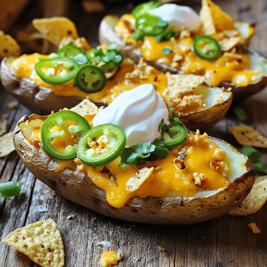 For Loaded Nacho Cheese Potato Skins, you need just a few key items. Here’s what you’ll need: - 4 large russet potatoes - 1 cup shredded cheddar cheese - 1 cup shredded Monterey Jack cheese - 1/2 cup sour cream - 1/2 cup sliced jalapeños (either pickled or fresh) - 1/4 cup chopped green onions - 1/2 teaspoon garlic powder - 1/2 teaspoon smoked paprika - Salt and pepper to taste - Olive oil for brushing - Crumbled tortilla chips (for garnish) When choosing potatoes, I recommend large russet potatoes. They have a thick skin and a fluffy inside. This makes them perfect for holding toppings. For cheese, I love a mix of cheddar and Monterey Jack. Cheddar adds sharpness, while Monterey Jack gives a creamy melt. Feel free to get creative with toppings! Here are some great ideas: - Meat: Add crispy bacon bits or shredded chicken for extra flavor. - Veggies: Chopped tomatoes or black olives can add a fresh touch. - Spices: Sprinkle on some taco seasoning for a zesty kick. For garnishes, try: - Fresh cilantro for a pop of color. - Extra jalapeños for spice. - A drizzle of hot sauce for heat. These optional additions can make your Loaded Nacho Cheese Potato Skins even more special and tailored to your taste! Start by washing the russet potatoes. Scrub them well under cold water to remove dirt. Dry them with a paper towel. Use a fork to poke holes in each potato. This helps steam escape while baking. Next, preheat your oven to 400°F (200°C). Place the pierced potatoes directly on the oven rack. Bake them for 45 to 60 minutes. They should feel tender when pierced with a knife. Once done, take the potatoes out and let them cool for about 10 minutes. When they are cool enough to touch, cut each potato in half lengthwise. Scoop out most of the flesh, leaving a 1/4-inch border. Save the scooped potato for other recipes. Now, brush the insides of the potato skins with olive oil. Sprinkle salt, pepper, garlic powder, and smoked paprika on each skin. This adds flavor. Place the skins, skin side down, on a baking sheet. Bake the potato skins for 10 to 15 minutes. Look for crispy edges and a golden color. This step is key for a crunchy texture. After baking, layer the skins with shredded cheddar cheese. Next, add a generous amount of Monterey Jack cheese. Top with sliced jalapeños. Return the loaded skins to the oven for another 5 to 7 minutes. Wait for the cheese to melt and bubble. Once melted, remove the skins and let them cool for a few minutes. Finally, add a dollop of sour cream on each skin. Sprinkle chopped green onions and crumbled tortilla chips on top. This adds extra flavor and crunch. Enjoy your tasty Loaded Nacho Cheese Potato Skins! To boost flavor in your Loaded Nacho Cheese Potato Skins, use seasonings wisely. I like to sprinkle a mix of garlic powder and smoked paprika on the skins. This adds depth and a hint of smokiness. Don’t forget to add salt and pepper for that essential taste! For crispy potato skins, brush the insides with olive oil before baking. This helps them become golden and crunchy. Bake them skin side down for the best texture. Remember, the longer they bake, the crispier they get! These potato skins shine when paired with tasty sides. Try serving them with extra sour cream and salsa for dipping. A fresh salad also balances the rich flavors. For drinks, go with a light beer or a refreshing soda. A fruity mocktail can also add fun to the meal. Enjoy your Loaded Nacho Cheese Potato Skins with friends and family! {{image_4}} You can change the cheese to create unique flavors. Try using pepper jack for a spicy kick. Gouda adds a smoky taste, while a blend of mozzarella can make it extra gooey. If you want a dairy-free option, look for vegan cheeses made from nuts or soy. They melt well and provide a similar taste. Experiment with different brands to find the one you love most. Meat lovers can add crispy bacon bits or shredded chicken. Cook the meat first to add flavor. You can also use ground beef for a heartier snack. For a vegetarian twist, top with black beans or corn. Add fresh tomatoes or avocado for a burst of color and taste. These toppings make your skins even more fun and tasty! To store leftover potato skins, let them cool first. Place them in an airtight container. You can keep them in the fridge for up to three days. When you want to eat them, here’s how to reheat for the best taste: - Preheat your oven to 350°F (175°C). - Place the potato skins on a baking sheet. - Bake for about 10-15 minutes until warm and crispy. This method helps keep the skins crunchy and tasty. You can freeze potato skins, but it’s best to freeze them unbaked. Here’s how to do it: - After scooping out the flesh, brush the skins with olive oil and season them. - Place them on a baking sheet and freeze until solid. - Once frozen, transfer them to a freezer bag. For baked potato skins, let them cool completely before freezing. They can last for up to three months in the freezer. To cook frozen skins: - Preheat your oven to 400°F (200°C). - Cook them straight from the freezer for about 20-25 minutes. This keeps them crispy and full of flavor for later enjoyment! What are the best potatoes for this recipe? I recommend using large russet potatoes. They are starchy and fluffy, perfect for baking. Their skins get nice and crisp, which is key for loaded nacho cheese potato skins. Another good choice is Yukon gold, but russets work best for this dish. How do I make this recipe healthier? To create a lighter version, you can use less cheese. Try using low-fat cheese and Greek yogurt instead of sour cream. Adding more veggies like diced tomatoes or black beans can also boost nutrition without adding too many calories. Can I prepare Loaded Nacho Cheese Potato Skins ahead of time? Yes! You can bake the potato skins and store them in the fridge. Just layer the cheese and toppings right before you bake them again. This makes for an easy snack at any time. What's the best way to reheat leftovers without losing crunch? To keep your potato skins crispy, reheat them in the oven. Set it to 350°F (175°C) and bake for about 10 minutes. Avoid the microwave, as it can make them soggy. Enjoy your tasty snack warm and crunchy! Loaded Nacho Cheese Potato Skins are a tasty treat that's easy to make. We covered key ingredients, prep steps, and cooking tips to help you succeed. Remember to mix flavors with optional toppings and cheese variations. You can store leftovers or freeze them for later. This dish is perfect for sharing, and it pairs well with many sides and drinks. Enjoy creating your own version of this fun snack!