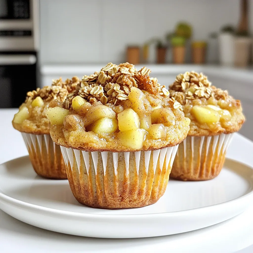 - 1 ½ cups all-purpose flour - 1 cup rolled oats - 1 cup packed brown sugar - 2 teaspoons baking powder - 1 teaspoon baking soda - ½ teaspoon salt - ½ teaspoon ground cinnamon - 1 cup buttermilk - ½ cup vegetable oil - 2 large eggs - 1 teaspoon pure vanilla extract - 2 medium apples, peeled and diced - ½ cup chopped walnuts or pecans (optional) - 1 tablespoon fresh lemon juice For the Crisp Topping: - ½ cup packed brown sugar - ½ cup all-purpose flour - ½ cup rolled oats - ½ teaspoon ground cinnamon - ¼ cup cold butter, cut into cubes When measuring flour, spoon it into the cup and level it off. This gives you the right amount without packing it down. For brown sugar, pack it firmly in the cup for accurate measurement. Use fresh, room-temperature eggs for better mixing. Dice apples into small, even pieces for consistent baking. If using nuts, chop them finely to blend well in the batter. I recommend using Granny Smith or Honeycrisp apples. Granny Smith adds a nice tartness, while Honeycrisp is sweet and juicy. Both types hold their shape well during baking, ensuring you get lovely apple bites in every muffin. You can also mix different kinds for a fun flavor twist. To start, preheat your oven to 375°F (190°C). This is key for getting those muffins to rise well. Next, prepare your muffin tin. Line each cup with paper liners or spray them with non-stick cooking spray. This will help the muffins come out easily without sticking. First, grab a large bowl. In it, mix together the dry ingredients. Whisk together 1 ½ cups of flour, 1 cup of rolled oats, 1 cup of brown sugar, 2 teaspoons of baking powder, 1 teaspoon of baking soda, ½ teaspoon of salt, and ½ teaspoon of ground cinnamon. Make sure it’s all well combined. In a separate bowl, combine the wet ingredients. Whisk together 1 cup of buttermilk, ½ cup of vegetable oil, 2 large eggs, and 1 teaspoon of pure vanilla extract. Mix until it is smooth. Now, slowly pour the wet mixture into the dry ingredients. Use a spoon or spatula to stir gently. Stop mixing when just combined. Overmixing can make your muffins tough. Now, it’s time to add flavor! Fold in 2 medium diced apples and, if you want, ½ cup of chopped nuts. Add 1 tablespoon of fresh lemon juice for a zesty kick. This will help keep the apples fresh and bright. In a small bowl, prepare the crisp topping. Mix together ½ cup of brown sugar, ½ cup of flour, ½ cup of rolled oats, and ½ teaspoon of ground cinnamon. Add ¼ cup of cold butter cut into cubes. Use your fingers or a fork to mix until the texture is like coarse crumbs. Now, spoon the muffin batter into each muffin cup, filling them about ¾ full. This allows room for rising. Top each muffin with the crisp mixture for extra crunch. Place your muffin tin in the preheated oven. Bake for 20-25 minutes. Check for doneness by inserting a toothpick into the center of a muffin. It should come out clean or with a few moist crumbs. Once baked, let the muffins cool in the pan for about 5 minutes. Then, transfer them to a wire rack to cool completely. Enjoy their warm, sweet aroma filling your kitchen! To make your apple crisp muffins bakery-style, focus on the texture. Use fresh ingredients. Make sure your baking powder and baking soda are not expired. This helps the muffins rise beautifully. Mix the wet and dry ingredients gently. Overmixing can lead to dense muffins. Aim for just combined; some lumps are okay. This keeps the muffins light and fluffy. For a nice dome shape, fill the muffin cups about three-quarters full. This will give you that bakery look. Don't forget to sprinkle the crisp topping evenly. It adds a sweet crunch that everyone loves. One common mistake is using cold ingredients. Always bring your eggs and buttermilk to room temperature first. Cold ingredients can lead to uneven baking. Another mistake is forgetting to line your muffin tin properly. Use paper liners or spray with non-stick spray. This prevents sticking and makes cleanup easier. Also, avoid skipping the lemon juice. It brightens the flavor of the apples. If you leave it out, the muffins may taste flat. Serve your muffins warm for the best taste. You can dust them with powdered sugar for a lovely finish. Consider adding a dollop of whipped cream on top. It gives a rich touch that pairs well with the muffins. For a fun twist, serve these muffins with a scoop of vanilla ice cream. It turns a simple treat into a dessert everyone will enjoy. {{image_4}} You can easily change the flavor of your muffins. Add more spices for warmth. Consider increasing cinnamon to one tablespoon for a stronger taste. A pinch of nutmeg can also enhance the flavor. For a cozy twist, try adding some ground ginger. Each spice adds a unique note to your muffins. If you need gluten-free muffins, switch the flour. Use a gluten-free all-purpose blend instead. It works well in this recipe. You can also use dairy-free milk in place of buttermilk. Almond milk or oat milk are great options. This way, everyone can enjoy these tasty treats. Get creative with your toppings and mix-ins. Instead of walnuts or pecans, try chocolate chips for a sweet twist. Dried cranberries or raisins can add a chewy texture. For the topping, consider adding shredded coconut or chopped pecans for a crunchy layer. Each addition brings new flavors to your muffins. To keep your apple crisp muffins fresh, store them in an airtight container. This prevents moisture loss and keeps them soft. Place a paper towel at the bottom of the container to absorb excess moisture. You can also add another paper towel on top of the muffins. This helps keep them fresh longer. Store them at room temperature for up to three days. If you want to keep them longer, consider freezing them. Freezing muffins is easy and a great way to save them for later. Allow the muffins to cool completely first. Then, wrap each muffin tightly in plastic wrap. After that, place the wrapped muffins in a freezer bag. Remove as much air as possible before sealing. You can freeze them for up to three months. When you're ready to enjoy a muffin, just thaw it at room temperature or heat it in the microwave. Reheating muffins is simple. If you want a warm, soft muffin, use the microwave. Heat each muffin for about 10 to 15 seconds. If you prefer a crispy top, use the oven. Preheat the oven to 350°F (175°C) and heat the muffins for about 5 to 10 minutes. This way, you get the best of both worlds: warm and crispy! To make your muffins light and fluffy, start by using fresh baking powder and baking soda. These ingredients help the muffins rise. Also, mix the wet and dry ingredients gently. Overmixing can make the muffins dense. Lastly, adding buttermilk gives a nice lift and moisture. Yes, you can use alternative sweeteners. Options like coconut sugar or maple syrup work well. Just remember to adjust the liquid in your batter if using a liquid sweetener. This keeps your muffins moist and tasty. You can tell your muffins are ready when they are golden brown and spring back when touched. A toothpick inserted into the center should come out clean or with a few moist crumbs. This ensures they are baked just right, not undercooked or dry. You now know how to make tasty apple crisp muffins. We covered key ingredients, the best tips for mixing, and baking steps. You learned how to store muffins well and discovered tasty variations. Remember, practice makes perfect. Keep these tips in mind to avoid common mistakes. With your skills in hand, enjoy sharing these muffins with friends and family. Happy baking!
