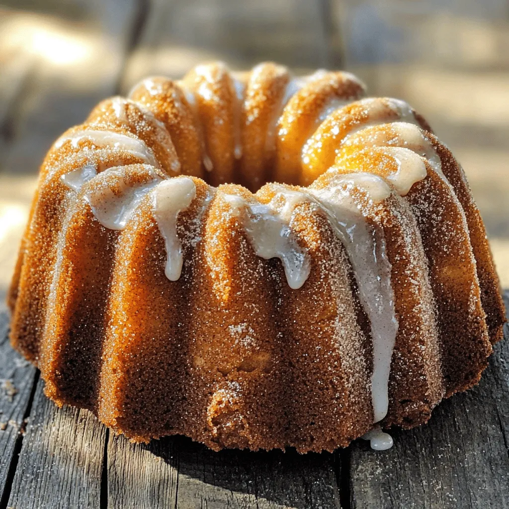 - 2 cups apple cider - ½ cup unsalted butter, melted - 1 cup granulated sugar - ½ cup packed brown sugar - 3 large eggs - 1 teaspoon vanilla extract - 2 cups all-purpose flour - 1 teaspoon baking powder - ½ teaspoon baking soda - 1 teaspoon ground cinnamon - ½ teaspoon ground nutmeg - ½ teaspoon salt - ½ cup buttermilk - Coating: ½ cup granulated sugar and 2 teaspoons ground cinnamon Using unsalted butter helps control the salt in your cake. It allows the sweet and spicy flavors to shine. Salted butter can make the cake taste too salty. Fresh apple cider gives the best taste. It has a rich, fruity flavor that store-bought cider may lack. Look for cider made from fresh apples without added sugars. This will enhance your cake’s flavor profile. 1. Preheat your oven to 350°F (175°C). This ensures even baking. 2. Prepare your bundt pan. Grease it well with baking spray or softened butter. Make sure to coat every nook to stop the cake from sticking. 3. Reduce the apple cider. In a medium saucepan, bring the apple cider to a gentle boil. Reduce heat and let it simmer until it’s down to 1 cup. This takes about 15 to 20 minutes. Let it cool a bit before using. 1. Combine the melted butter, sugars, and reduced cider. In a large bowl, mix the melted butter, granulated sugar, brown sugar, and reduced apple cider. Whisk until smooth. 2. Add the eggs and vanilla extract. Crack the eggs in one at a time. Beat well after each. Then stir in the vanilla extract until it’s all blended. 1. Whisk the dry ingredients. In a separate bowl, whisk together the flour, baking powder, baking soda, ground cinnamon, ground nutmeg, and salt. Make sure they are well combined. 2. Alternate adding dry and wet ingredients. Gradually mix the dry ingredients into the wet mix. Do this while adding the buttermilk too. Start and end with the flour mix. Stir just until combined. 1. Pour the batter into the pan. Carefully pour it into the prepared bundt pan. Use a spatula to spread it evenly and smooth the top. 2. Bake the cake. Place the pan in the oven and bake for 50-60 minutes. Check if it’s done by inserting a toothpick into the center. If it comes out clean, it’s ready! Measuring ingredients is key for great baking. Use a scale for accuracy. If you don't have one, fill your measuring cups gently without packing. This way, you avoid too much flour. Overmixing can make your cake tough. When mixing, stop as soon as you see no dry flour. A few lumps are okay! Cooling your cake is important to keep it moist. Let it sit in the pan for 15 minutes. Then, flip it onto a wire rack. This prevents sogginess. For the cinnamon-sugar coating, use a shallow dish. Roll the cake gently in the mix for even coverage. This adds a sweet crunch. Drizzling a glaze makes your cake even more special. Mix powdered sugar with a bit of apple cider for a simple glaze. This adds shine and sweetness. For serving, add a dollop of whipped cream or a scoop of ice cream beside the cake. This makes each slice a treat! {{image_4}} You can make this cake even better with some fun additions. Adding nuts like walnuts or pecans gives a nice crunch. You can also mix in raisins for a sweet surprise. Both options add texture and taste. For spices, try adding ginger or allspice. These spices can give a warm kick that works well with the apple cider flavor. If you need a gluten-free option, you can swap the all-purpose flour with almond flour or a gluten-free blend. This keeps the cake moist and tasty. For those who need dairy-free, use almond milk or coconut milk instead of buttermilk. Just add a splash of vinegar to mimic the tangy flavor of buttermilk. For a fun twist, consider making mini bundt cakes. This makes serving easy and fun for gatherings. You can also layer the cake with icing or whipped cream for added sweetness. Drizzling a simple glaze made from powdered sugar and apple cider adds a lovely touch. These ideas make your cake look as good as it tastes! To keep your Apple Cider Doughnut Bundt Cake fresh, wrap it well. Use plastic wrap or aluminum foil. Store in an airtight container at room temperature. This keeps the cake moist and tasty for up to four days. If you want to keep it longer, consider freezing it. You can freeze slices of the cake for later enjoyment. First, let the cake cool completely. Then, slice it into individual pieces. Wrap each slice tightly in plastic wrap. Place the wrapped slices in a freezer bag. This way, they stay fresh for up to three months. When you want to enjoy a slice, remove it from the freezer. Thaw it in the fridge overnight for the best taste. You can also let it sit at room temperature for a couple of hours. Enjoy your cake warm, just like fresh from the oven! To check if your bundt cake is done, use a toothpick. Insert the toothpick into the center of the cake. If it comes out clean, the cake is ready. You can also look for a golden color on top and slight pulling away from the pan edges. This means the cake has baked properly. Yes, you can use apple juice instead of apple cider. It will still give a nice apple flavor. Other options include pear juice or even a light tea for a unique twist. However, make sure the liquid you choose matches the sweetness of apple cider. To reheat your bundt cake, slice it and place it on a microwave-safe plate. Cover it with a damp paper towel. Heat it for 10-15 seconds. You can also use an oven. Preheat to 350°F (175°C) and warm the slices for about 5-7 minutes. Both methods keep the cake moist. Your apple cider doughnut bundt cake will last about 3 days at room temperature. Keep it in an airtight container to keep it fresh. If you want to store it longer, consider refrigerating it. Just be sure to wrap it well to prevent it from drying out. You can create a delightful apple cider bundt cake using the right ingredients and methods. We covered everything from baking techniques to storage tips. Remember to measure ingredients well and enjoy the process of making this cake. Feel free to try different variations to make it your own. Each bite offers a warm, spiced flavor that elevates any occasion. Follow these tips, and you’ll impress everyone with your baking skills. Enjoy your delicious creation!