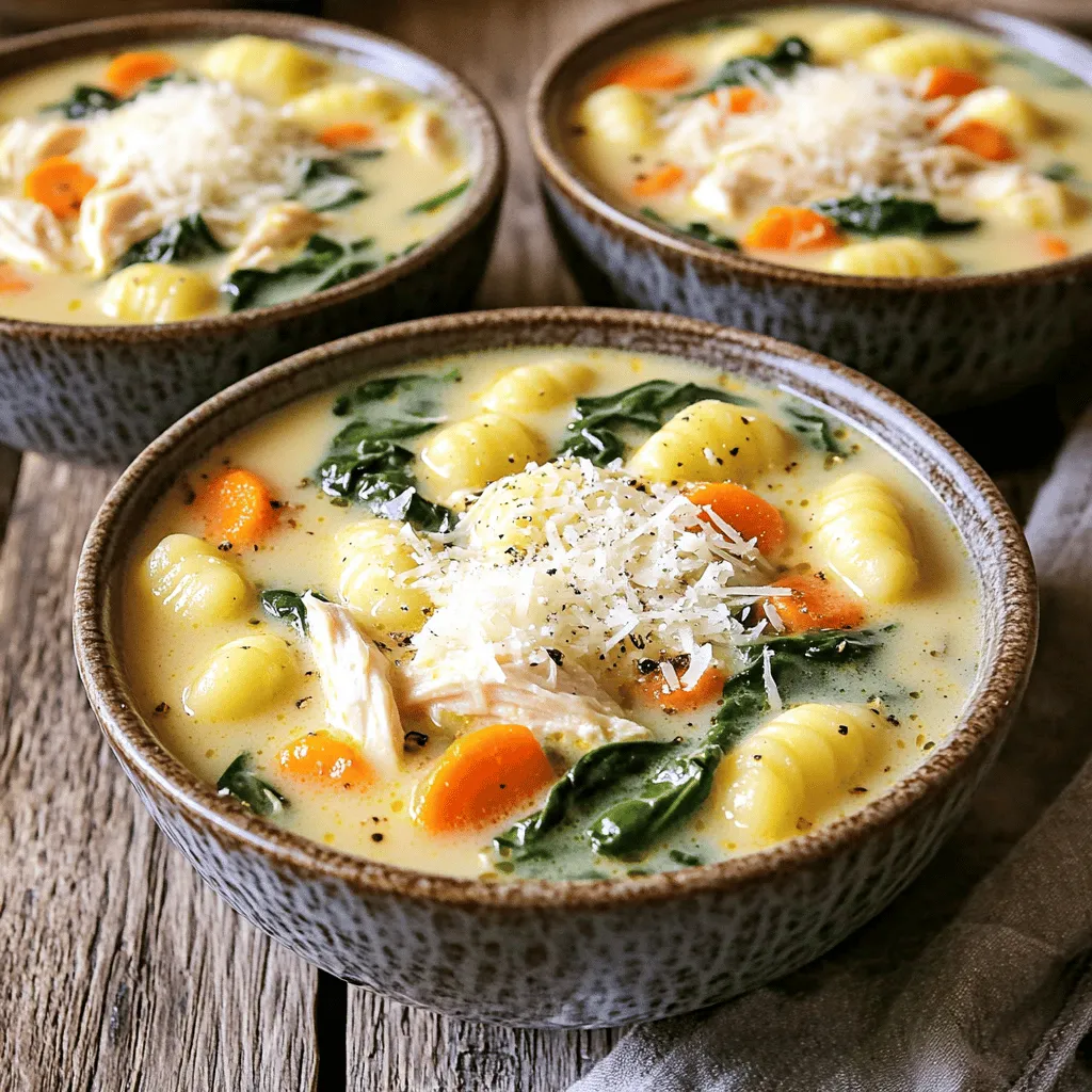 - 1 lb boneless, skinless chicken breasts, diced - 1 tablespoon olive oil - 1 medium onion, finely chopped - 3 cloves garlic, minced - 2 medium carrots, diced - 2 celery stalks, diced - 4 cups low-sodium chicken broth - 1 pound potato gnocchi - 2 cups fresh spinach, roughly chopped The main ingredients in this soup are simple yet packed with flavor. The diced chicken provides protein and heartiness. The vegetables, like onion, carrots, and celery, add sweetness and texture. Gnocchi brings a soft, pillowy element that makes each bite comforting. - 1 teaspoon dried thyme - 1 teaspoon dried rosemary - ½ teaspoon red pepper flakes - Salt and freshly ground black pepper Herbs and spices are crucial for flavor. Thyme and rosemary add depth to the broth. Red pepper flakes give a hint of heat, while salt and pepper enhance all the flavors. Adjust these to match your taste. - 1 cup half-and-half or heavy cream - Grated Parmesan cheese for serving The creamy element is key in this soup. Half-and-half or heavy cream creates a rich texture. Parmesan cheese adds a salty finish, making the soup even better. A sprinkle on top elevates the dish and makes it look more appealing. 1. Start by heating the olive oil in a large pot over medium heat. 2. Add the diced chicken pieces. Sauté them for about 5 to 7 minutes. 3. Cook until the chicken is brown and cooked through. 4. Remove the chicken from the pot and set it aside. Leave the drippings in the pot. 1. In the same pot, add the chopped onion, diced carrots, and diced celery. 2. Sauté these vegetables for about 5 minutes. Stir often until they soften. 3. When the onion is translucent, add the minced garlic. 4. Cook the garlic for one minute, stirring until it smells good. 1. Pour in the low-sodium chicken broth. 2. Add dried thyme, dried rosemary, and red pepper flakes if you want heat. 3. Stir well, then increase the heat to bring it to a gentle boil. 1. Once boiling, lower the heat again. Return the chicken to the pot. 2. Cover the pot and let it simmer for about 10 minutes. This blends the flavors. 3. Add the potato gnocchi to the pot. Cook them according to the package instructions. 4. Usually, they take just 2 to 3 minutes or until they float to the top. 5. Stir in the cream and fresh spinach. Cook for another 2 to 3 minutes. 1. Taste the soup and add salt and freshly ground black pepper to your liking. 2. Serve the soup hot in bowls. 3. Top with freshly grated Parmesan cheese for extra flavor. 4. For a nice touch, drizzle olive oil on top and add a sprig of thyme or parsley. To control creaminess in your soup, you can adjust the amount of half-and-half or heavy cream. Start with one cup, then add more if you want a richer taste. This soup should feel smooth but not too thick. When cooking gnocchi, follow the package instructions carefully. They usually need just 2 to 3 minutes in boiling soup. Gnocchi are done when they float to the top. Overcooking can make them mushy. Fresh herbs, like thyme and rosemary, pack more flavor than dried ones. If you have fresh herbs, use them for a brighter taste. If you only have dried herbs, that works too; just use a bit less. You can amp up the flavor by adding more seasonings. A pinch of garlic powder or onion powder can enhance taste. A dash of lemon juice can brighten the soup, adding a nice twist. For garnishing, freshly grated Parmesan cheese adds a rich touch. You can also drizzle a bit of olive oil on top. A sprig of fresh parsley or thyme makes the dish look inviting. When serving, use deep bowls for a hearty look. Pair the soup with crusty bread for a complete meal. This adds texture and makes it feel even more comforting. {{image_4}} Chicken alternatives You can swap chicken for turkey or even shredded rotisserie chicken. These options still give great flavor. If you want a meatless meal, use mushrooms or chickpeas for protein. Vegetable additions Feel free to add more veggies. Peas, corn, or zucchini can boost nutrition and taste. You can also use kale instead of spinach for a different twist. Spicy vs. mild Adjust the heat by adding more or less red pepper flakes. For a spicy kick, add jalapeños or hot sauce. If you prefer mild, skip the red pepper flakes to keep it cozy. Creamy variations You can use coconut milk or cashew cream for a different creamy texture. This keeps the soup rich while changing the flavor slightly. Gluten-free options Use gluten-free gnocchi or make your own with gluten-free flour. This way, everyone can enjoy the soup without worry. Dairy-free substitutes If you need a dairy-free option, use almond milk or oat milk. They work well in place of cream and keep the soup smooth and tasty. To keep your creamy chicken gnocchi soup fresh, store it in an airtight container. Place it in the refrigerator if you plan to eat it within three days. Make sure to let it cool before sealing. This helps to avoid excess moisture. For longer storage, freeze the soup. Pour it into a freezer-safe container, leaving some space at the top. The soup will expand as it freezes. It can last in the freezer for up to three months. When you are ready to eat, just thaw it overnight in the fridge. To reheat your soup, the best method is on the stove. Pour it into a pot over medium heat. Stir it gently as it warms to keep the texture smooth. If you prefer using the microwave, place the soup in a microwave-safe bowl. Heat it in short bursts of one minute, stirring in between. This helps to avoid hot spots. To preserve the creamy texture, add a splash of broth or cream while reheating. This keeps the soup from becoming too thick. Enjoy your delicious leftovers! Yes, you can use frozen gnocchi. Cook them directly from frozen. You do not need to thaw them. This saves time and keeps the gnocchi fresh. Add them to the soup during the last 2 to 3 minutes of cooking. They will float when done. This method keeps them tender and tasty. Creamy chicken gnocchi soup lasts about 3 to 4 days in the fridge. Always store it in an airtight container. Check for any changes in smell or texture before eating. If you see any changes, it’s best to throw it away. For longer storage, you can freeze it for up to 3 months. Yes, you can make this soup in advance. Prepare the soup and let it cool. Store it in the fridge for up to 4 days. If you want to freeze it, leave out the gnocchi. Add the gnocchi when you reheat the soup. This keeps them from getting mushy. This soup pairs well with crusty bread or a fresh salad. Garlic bread is a great choice too. You can also serve it with a side of roasted vegetables. The soup is hearty, so these sides balance the meal nicely. This article breaks down a tasty creamy chicken gnocchi soup recipe. We covered the key ingredients like chicken, veggies, and spices. You learned how to cook each part, from sautéing chicken to adding gnocchi. I shared tips for perfect texture and flavor, along with storage advice. Lastly, we explored variations to fit your taste. Cooking doesn’t have to be hard, and with these steps, you can make a warm, delicious soup. Enjoy your cooking journey!