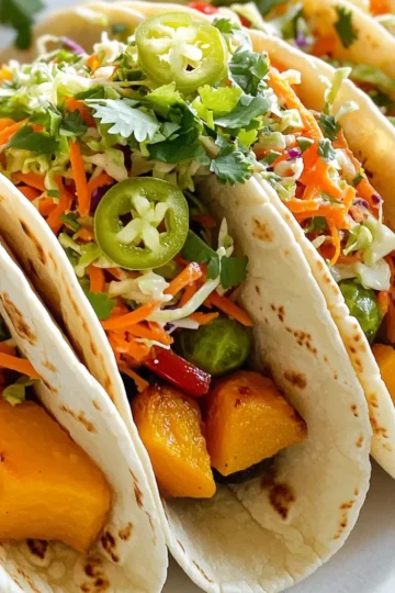 - Butternut squash - Red bell pepper - Brussels sprouts - Corn tortillas - Green cabbage - Carrot - Jalapeño pepper - Lime juice, honey/agave syrup, chili powder - Extra-virgin olive oil - Smoked paprika - Ground cumin - Salt and pepper The main ingredients for these Fall Veggie Tacos are simple yet flavorful. The butternut squash adds a sweet, nutty taste. The red bell pepper brings a hint of sweetness and crunch. Brussels sprouts provide a hearty texture and earthy flavor. I love using corn tortillas for their soft, warm embrace, which adds a nice touch to each bite. For the chili lime slaw, green cabbage is essential. It has a nice crunch and balances the taco's richness. The grated carrot adds a pop of color and sweetness. I slice a jalapeño pepper for a little heat. To bring it all together, I use lime juice, honey or agave syrup, and chili powder. This mix gives the slaw a zesty kick that pairs perfectly with the roasted veggies. For seasoning, I always reach for extra-virgin olive oil. It helps roast the veggies nicely. Smoked paprika gives a subtle smokiness. Ground cumin adds warmth and depth. Don't forget salt and pepper! They enhance all the flavors in these delightful tacos. To peel and dice butternut squash, start by cutting off both ends. Place the squash upright on a cutting board. Use a sharp knife to slice down the sides, removing the skin. Cut it in half, scoop out the seeds, and then dice the flesh into 1-inch cubes. Next, slice the red bell pepper. Cut it in half, remove the seeds, and slice it into thin strips. For the Brussels sprouts, trim off the stem end and remove any yellow leaves. Slice them thinly from top to bottom. This gives a nice texture for your tacos. Preheat your oven to 400°F (200°C). This temperature helps to caramelize the veggies. Spread the diced butternut squash, sliced bell pepper, and Brussels sprouts on a baking sheet lined with parchment paper. Stir them halfway to ensure even cooking. Roast for 25-30 minutes. Look for a golden color and tenderness for the best results. In a large bowl, combine 2 cups of finely shredded green cabbage, 1 grated medium carrot, and 1 finely sliced jalapeño. For the dressing, whisk together 3 tablespoons of lime juice, 1 tablespoon of honey or agave syrup, and 1 teaspoon of chili powder in a small bowl. Mix in a pinch of salt. Pour this dressing over the slaw and toss until everything is well-coated. Warm 8 small corn tortillas in a skillet over medium heat for about 30 seconds on each side. This makes them soft and tasty. On each tortilla, add a generous amount of the roasted veggie mixture. Top with a handful of the chili lime slaw for a nice crunch. Finally, sprinkle fresh cilantro on top for extra flavor. To achieve great caramelization, roast your veggies at 400°F (200°C). This high heat helps them brown nicely. When you spread the veggies on the baking sheet, leave space between them. This allows the hot air to circulate, making them crispier. Stir them halfway through cooking for even browning. If you want to change the flavor, you can substitute spices. Instead of smoked paprika, try chili powder for a different taste. You can also adjust the salt and pepper to fit your taste. Don't be afraid to experiment! To adjust the spice in your slaw, add more jalapeño. If you want it milder, remove the seeds. You can also use less jalapeño for a gentler kick. For sweeteners, honey works well, but agave syrup is a great choice too. You may also try maple syrup for a unique flavor. Each option adds its own twist to the slaw. For a beautiful display, serve your tacos on a colorful platter. Layer the tacos high for a fun look. Place lime wedges on the side. Guests can squeeze fresh lime juice over their tacos, adding a zesty punch. Adding some fresh cilantro on top gives a nice touch. It adds color and a burst of flavor. Enjoy serving these vibrant tacos! {{image_4}} You can boost the protein in your tacos easily. Try adding black beans or pinto beans. They add a nice texture and flavor. You can also grill chicken if you want a heartier meal. For those who follow a plant-based diet, tofu or tempeh works well. Both options soak up flavors nicely. Just marinate them in lime juice and spices before cooking. Feel free to swap in other fall veggies. Sweet potatoes bring a sweet taste that pairs well with the spices. Carrots add crunch and color too. If you want summer flavors, use zucchini or bell peppers. They add brightness to your dish. Simply roast them just like the butternut squash. You can have fun with the slaw. Try using red cabbage for a color twist. Napa cabbage is another great option for a milder taste. For extra sweetness, add fruits like mango or apples. They give a fresh contrast to the spicy slaw. Just chop them small and mix them in for a delightful surprise. To keep your leftover tacos fresh, store them in an airtight container. Make sure the container is sealed tightly to avoid moisture. Place the tacos in the fridge within two hours after cooking. This helps stop bacteria growth. Leftover tacos will last about 2 to 3 days in the fridge. If you want to save your tacos for later, consider freezing the roasted veggies and slaw separately. This keeps the texture nice when you reheat them. For freezing, place the veggies and slaw in freezer-safe bags. Remove as much air as you can to avoid freezer burn. To reheat, thaw the roasted veggies in the fridge overnight. Warm them in the oven at 350°F (175°C) for about 15 minutes. For the slaw, you can serve it cold straight from the fridge. This way, it stays crunchy and fresh. Enjoy your delicious fall veggie tacos anytime! To add heat to your tacos, consider these tips: - Spicy Veggies: Toss in a diced serrano pepper with the butternut squash. This gives a nice kick. - Extra Jalapeño: Use more jalapeño in the slaw. Keep the seeds for added heat. - Hot Sauce: Drizzle your favorite hot sauce over the tacos before serving. This is an easy way to spice things up. You can also mix chili powder into the roasted veggies. Adjust the amount based on your heat level preference. Remember, a little spice can go a long way! Yes, you can use flour tortillas instead of corn. Here are some key differences: - Texture: Flour tortillas are softer and chewier. They can hold more filling without breaking. - Flavor: Corn tortillas have a distinct, earthy flavor. They complement the veggies well. - Dietary Needs: If you have gluten allergies, stick with corn tortillas. They are naturally gluten-free. Choose what you like best. Both options work well with the roasted veggies and slaw. If you can’t find butternut squash, try these alternatives: - Sweet Potatoes: They roast well and add a sweet flavor. - Carrots: Thinly sliced carrots can add sweetness and color. - Zucchini: Cut into cubes; it cooks fast and has a mild taste. These alternatives will keep the dish colorful and tasty. Feel free to mix and match! The total time for this recipe is about 45 minutes. Here’s a quick breakdown: - Prep Time: 15 minutes. This includes chopping veggies and making the slaw. - Cook Time: 30 minutes. Roasting the veggies takes about 25-30 minutes. You can easily make these tacos on a busy weeknight. Enjoy a healthy meal in no time! This article covered how to make tasty veggie tacos. We started with fresh ingredients, including butternut squash, Brussels sprouts, and red bell peppers. I shared steps for prepping and roasting veggies, plus tips for a zesty chili lime slaw. We explored variations like adding protein and alternative veggies. You learned how to store or freeze leftovers for later. Using these tips, make your tacos fun and flavorful. Enjoy creating your delicious meals and share them with others!