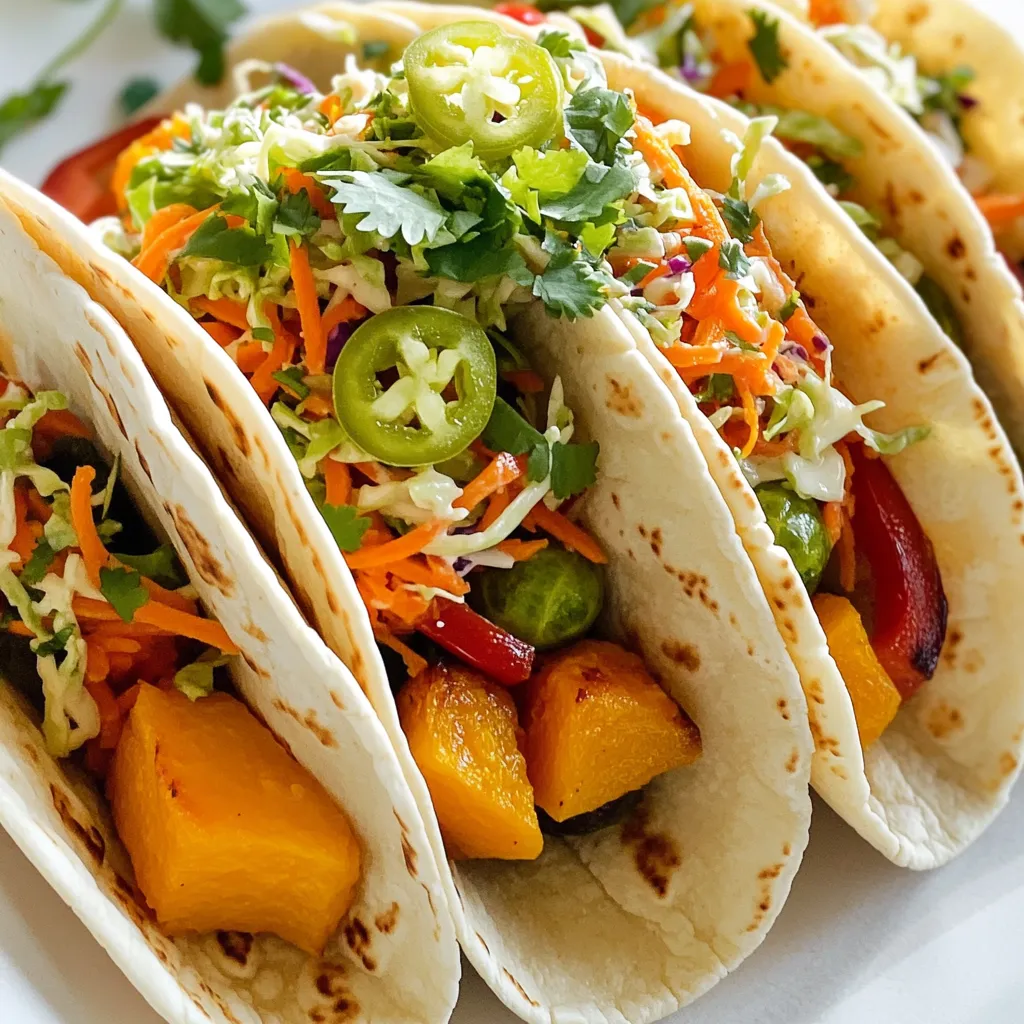 - Butternut squash - Red bell pepper - Brussels sprouts - Corn tortillas - Green cabbage - Carrot - Jalapeño pepper - Lime juice, honey/agave syrup, chili powder - Extra-virgin olive oil - Smoked paprika - Ground cumin - Salt and pepper The main ingredients for these Fall Veggie Tacos are simple yet flavorful. The butternut squash adds a sweet, nutty taste. The red bell pepper brings a hint of sweetness and crunch. Brussels sprouts provide a hearty texture and earthy flavor. I love using corn tortillas for their soft, warm embrace, which adds a nice touch to each bite. For the chili lime slaw, green cabbage is essential. It has a nice crunch and balances the taco's richness. The grated carrot adds a pop of color and sweetness. I slice a jalapeño pepper for a little heat. To bring it all together, I use lime juice, honey or agave syrup, and chili powder. This mix gives the slaw a zesty kick that pairs perfectly with the roasted veggies. For seasoning, I always reach for extra-virgin olive oil. It helps roast the veggies nicely. Smoked paprika gives a subtle smokiness. Ground cumin adds warmth and depth. Don't forget salt and pepper! They enhance all the flavors in these delightful tacos. To peel and dice butternut squash, start by cutting off both ends. Place the squash upright on a cutting board. Use a sharp knife to slice down the sides, removing the skin. Cut it in half, scoop out the seeds, and then dice the flesh into 1-inch cubes. Next, slice the red bell pepper. Cut it in half, remove the seeds, and slice it into thin strips. For the Brussels sprouts, trim off the stem end and remove any yellow leaves. Slice them thinly from top to bottom. This gives a nice texture for your tacos. Preheat your oven to 400°F (200°C). This temperature helps to caramelize the veggies. Spread the diced butternut squash, sliced bell pepper, and Brussels sprouts on a baking sheet lined with parchment paper. Stir them halfway to ensure even cooking. Roast for 25-30 minutes. Look for a golden color and tenderness for the best results. In a large bowl, combine 2 cups of finely shredded green cabbage, 1 grated medium carrot, and 1 finely sliced jalapeño. For the dressing, whisk together 3 tablespoons of lime juice, 1 tablespoon of honey or agave syrup, and 1 teaspoon of chili powder in a small bowl. Mix in a pinch of salt. Pour this dressing over the slaw and toss until everything is well-coated. Warm 8 small corn tortillas in a skillet over medium heat for about 30 seconds on each side. This makes them soft and tasty. On each tortilla, add a generous amount of the roasted veggie mixture. Top with a handful of the chili lime slaw for a nice crunch. Finally, sprinkle fresh cilantro on top for extra flavor. To achieve great caramelization, roast your veggies at 400°F (200°C). This high heat helps them brown nicely. When you spread the veggies on the baking sheet, leave space between them. This allows the hot air to circulate, making them crispier. Stir them halfway through cooking for even browning. If you want to change the flavor, you can substitute spices. Instead of smoked paprika, try chili powder for a different taste. You can also adjust the salt and pepper to fit your taste. Don't be afraid to experiment! To adjust the spice in your slaw, add more jalapeño. If you want it milder, remove the seeds. You can also use less jalapeño for a gentler kick. For sweeteners, honey works well, but agave syrup is a great choice too. You may also try maple syrup for a unique flavor. Each option adds its own twist to the slaw. For a beautiful display, serve your tacos on a colorful platter. Layer the tacos high for a fun look. Place lime wedges on the side. Guests can squeeze fresh lime juice over their tacos, adding a zesty punch. Adding some fresh cilantro on top gives a nice touch. It adds color and a burst of flavor. Enjoy serving these vibrant tacos! {{image_4}} You can boost the protein in your tacos easily. Try adding black beans or pinto beans. They add a nice texture and flavor. You can also grill chicken if you want a heartier meal. For those who follow a plant-based diet, tofu or tempeh works well. Both options soak up flavors nicely. Just marinate them in lime juice and spices before cooking. Feel free to swap in other fall veggies. Sweet potatoes bring a sweet taste that pairs well with the spices. Carrots add crunch and color too. If you want summer flavors, use zucchini or bell peppers. They add brightness to your dish. Simply roast them just like the butternut squash. You can have fun with the slaw. Try using red cabbage for a color twist. Napa cabbage is another great option for a milder taste. For extra sweetness, add fruits like mango or apples. They give a fresh contrast to the spicy slaw. Just chop them small and mix them in for a delightful surprise. To keep your leftover tacos fresh, store them in an airtight container. Make sure the container is sealed tightly to avoid moisture. Place the tacos in the fridge within two hours after cooking. This helps stop bacteria growth. Leftover tacos will last about 2 to 3 days in the fridge. If you want to save your tacos for later, consider freezing the roasted veggies and slaw separately. This keeps the texture nice when you reheat them. For freezing, place the veggies and slaw in freezer-safe bags. Remove as much air as you can to avoid freezer burn. To reheat, thaw the roasted veggies in the fridge overnight. Warm them in the oven at 350°F (175°C) for about 15 minutes. For the slaw, you can serve it cold straight from the fridge. This way, it stays crunchy and fresh. Enjoy your delicious fall veggie tacos anytime! To add heat to your tacos, consider these tips: - Spicy Veggies: Toss in a diced serrano pepper with the butternut squash. This gives a nice kick. - Extra Jalapeño: Use more jalapeño in the slaw. Keep the seeds for added heat. - Hot Sauce: Drizzle your favorite hot sauce over the tacos before serving. This is an easy way to spice things up. You can also mix chili powder into the roasted veggies. Adjust the amount based on your heat level preference. Remember, a little spice can go a long way! Yes, you can use flour tortillas instead of corn. Here are some key differences: - Texture: Flour tortillas are softer and chewier. They can hold more filling without breaking. - Flavor: Corn tortillas have a distinct, earthy flavor. They complement the veggies well. - Dietary Needs: If you have gluten allergies, stick with corn tortillas. They are naturally gluten-free. Choose what you like best. Both options work well with the roasted veggies and slaw. If you can’t find butternut squash, try these alternatives: - Sweet Potatoes: They roast well and add a sweet flavor. - Carrots: Thinly sliced carrots can add sweetness and color. - Zucchini: Cut into cubes; it cooks fast and has a mild taste. These alternatives will keep the dish colorful and tasty. Feel free to mix and match! The total time for this recipe is about 45 minutes. Here’s a quick breakdown: - Prep Time: 15 minutes. This includes chopping veggies and making the slaw. - Cook Time: 30 minutes. Roasting the veggies takes about 25-30 minutes. You can easily make these tacos on a busy weeknight. Enjoy a healthy meal in no time! This article covered how to make tasty veggie tacos. We started with fresh ingredients, including butternut squash, Brussels sprouts, and red bell peppers. I shared steps for prepping and roasting veggies, plus tips for a zesty chili lime slaw. We explored variations like adding protein and alternative veggies. You learned how to store or freeze leftovers for later. Using these tips, make your tacos fun and flavorful. Enjoy creating your delicious meals and share them with others!