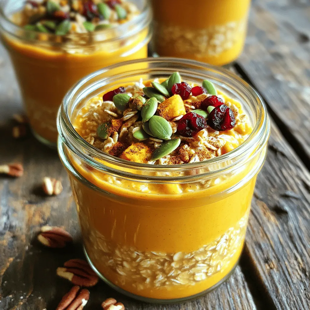 - 1 cup rolled oats - 1 cup almond milk (or any milk of your preference) - ½ cup pure pumpkin puree - 1 scoop vanilla protein powder - 1 tablespoon chia seeds - 1 teaspoon pumpkin pie spice - 1 tablespoon maple syrup (optional) - ¼ teaspoon salt - ½ teaspoon vanilla extract - Suggested toppings: Chopped nuts, dried cranberries, or pumpkin seeds To make pumpkin protein overnight oats, you need a few simple ingredients. First, rolled oats are the base. They give the dish its hearty texture. Almond milk adds creaminess. You can use any milk you like. Pure pumpkin puree adds flavor and nutrients. Next, vanilla protein powder boosts the protein content. Chia seeds help thicken the mix and add fiber. Pumpkin pie spice gives that warm, cozy taste. If you want extra sweetness, add maple syrup. A pinch of salt enhances all the flavors. Finally, vanilla extract adds depth. For toppings, you can choose chopped nuts, dried cranberries, or pumpkin seeds. These add crunch and extra taste. Each ingredient plays a role in making this dish healthy and delicious. To make your pumpkin protein overnight oats, start with a large mixing bowl. - Combine 1 cup of rolled oats, 1 cup of almond milk, ½ cup of pure pumpkin puree, and 1 scoop of vanilla protein powder. - Next, add 1 tablespoon of chia seeds, 1 teaspoon of pumpkin pie spice, 1 tablespoon of maple syrup (if you want extra sweetness), ¼ teaspoon of salt, and ½ teaspoon of vanilla extract. - Mix thoroughly until everything is well blended. The mixture should be smooth and creamy. Now it’s time to let your oats chill. - Carefully divide the mixture into jars or bowls. Make sure to distribute it evenly among them. - Seal each jar or cover the bowls tightly with plastic wrap. - Place them in the refrigerator to chill overnight or for at least 4 hours. This helps the oats absorb the liquid and become soft. When morning comes, it’s time to enjoy your oats! - Take your jars out of the fridge and give them a good stir. If the mixture seems too thick, add a splash of milk to adjust the consistency. - Finally, add your favorite toppings. You can use chopped nuts, dried cranberries, or pumpkin seeds for extra flavor and texture. Enjoy your healthy breakfast! You can change the milk in this recipe. Almond milk works well, but you can use regular milk, oat milk, or coconut milk. Each type of milk gives a different taste. For sweeteners, try honey, agave syrup, or stevia instead of maple syrup. You can also mix in spices like cinnamon or nutmeg for a twist. Adding vanilla or almond extract can bring a new flavor to your oats. To make your overnight oats thicker, add more oats or chia seeds. If you want them thinner, just add more milk. Chilling time is key. Let the oats sit in the fridge for at least four hours. Overnight is best for a creamy texture. This waiting time allows the oats to soak up all the flavors. These oats are great for meal prep. You can make several jars at once and store them in the fridge. Try pairing them with fresh fruit like bananas or berries. A dollop of yogurt or a splash of smoothie can add extra flavor and nutrients. This makes a fun and healthy breakfast that you can enjoy any day! {{image_4}} You can mix up your pumpkin protein overnight oats for fun. Here are two tasty ideas: - Pumpkin Spice Chia Oats: Add 2 tablespoons of chia seeds and double the pumpkin pie spice. This gives you a thicker texture and a stronger spice kick. - Nut Butter Banana Overnight Oats: Stir in 1 mashed banana and 2 tablespoons of your favorite nut butter. This adds creaminess and extra flavor. You can easily change this recipe to fit your needs: - Vegan and gluten-free options: Use almond milk and check that your oats are certified gluten-free. This makes the dish perfect for various diets. - High-protein variations: Swap the vanilla protein powder for chocolate or plant-based protein. This gives you different flavors and boosts the protein content. Change things up with seasonal ingredients: - Using sweet potato puree: Replace pumpkin puree with sweet potato puree. It adds sweetness and a rich texture. - Incorporating fall spices or other superfoods: Add spices like nutmeg or ginger for a twist. You can also mix in superfoods like flaxseeds or hemp seeds for added nutrition. To keep your pumpkin protein overnight oats fresh, store them in the fridge. Use airtight containers or jars. This method prevents any unwanted odors from mixing in. You can keep them for up to five days. If you want the best taste, eat them within three days. Can you freeze overnight oats? Yes, you can. Freezing is a great option if you want to save some for later. Use freezer-safe containers to prevent freezer burn. To thaw, place them in the fridge overnight. You can also set them out at room temperature for a few hours. If you prefer warm oats, you can reheat them. Use a microwave for quick warming. Heat in short bursts of 30 seconds, stirring in between. If you like them cold, just enjoy them straight from the fridge. Don't forget to add your toppings afterward! Pumpkin is low in calories but high in nutrients. It packs vitamins A, C, and E. These vitamins support your immune system and skin health. Pumpkin also contains fiber. Fiber helps with digestion and keeps you full longer. This makes pumpkin a great choice for breakfast. Yes, you can make these oats ahead of time. In fact, they taste even better after soaking. Prepare them the night before for a quick morning meal. Store them in sealed jars or bowls in the fridge. They can last up to three days. This makes them perfect for meal prep. You can use quick oats, but the texture will change. Quick oats absorb liquid faster than rolled oats. They may turn mushy if soaked too long. Rolled oats stay chewy and have a heartier bite. If you prefer a creamier mix, quick oats are fine. Just watch the soaking time. Pumpkin protein overnight oats are a tasty, healthy option that’s easy to make. You learned how to combine simple ingredients like oats, pumpkin puree, and your favorite milk for a nutritious meal. With tips on custom flavors and perfect textures, you can enjoy a new breakfast routine. Experiment with toppings and variations to keep things fresh. Remember, these oats store well, giving you a quick breakfast solution. Keep exploring different ingredients and flavors. Your mornings will never be boring again!
