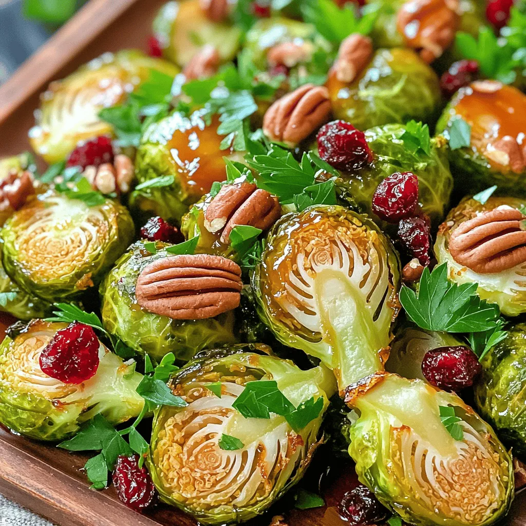 To make these tasty Maple Glazed Brussels Sprouts, gather these ingredients: - 1 lb Brussels sprouts, halved - 3 tablespoons olive oil - ¼ cup pure maple syrup - 1 teaspoon garlic powder - 1 teaspoon smoked paprika - Salt and black pepper to taste - ¼ cup pecans, roughly chopped - ¼ cup dried cranberries (optional) - Fresh parsley, finely chopped, for garnish If you want to switch things up, consider these alternatives: - Use honey instead of maple syrup for a different sweetness. - Swap pecans for walnuts or almonds for a new crunch. - Try using fresh garlic instead of garlic powder for a stronger flavor. If you lack some ingredients, here are easy swaps: - Instead of Brussels sprouts, use cauliflower florets for a similar texture. - Use avocado oil or canola oil if you don’t have olive oil. - If you need a nut-free option, leave out the pecans and add sunflower seeds instead. These choices let you customize the dish while keeping it delicious and fun! First, set your oven to 425°F (220°C). This high heat helps the Brussels sprouts get crispy. While the oven heats, rinse 1 lb of Brussels sprouts. Cut each one in half to help them cook evenly. In a large bowl, add the halved Brussels sprouts. Pour in 3 tablespoons of olive oil and ¼ cup of pure maple syrup. Next, sprinkle in 1 teaspoon of garlic powder, 1 teaspoon of smoked paprika, and a pinch of salt and black pepper. Now, mix well. Use your hands or a spatula to coat each sprout fully. Grab a large, rimmed baking sheet. Spread the Brussels sprouts on the sheet in a single layer. Make sure the cut sides are down. This helps them caramelize and become golden brown. Put the baking sheet in the hot oven. Roast the Brussels sprouts for about 20 to 25 minutes. Halfway through, give them a gentle toss to ensure even cooking. In the last 5 minutes, add ¼ cup of chopped pecans on top. If you want a sweet twist, toss in ¼ cup of dried cranberries during the last 2 minutes. When they are golden brown, take them out and let them cool for a minute. For extra sweetness, drizzle more maple syrup on top. Finish by sprinkling freshly chopped parsley for color and flavor. Roasting is key for Brussels sprouts. Start with a hot oven at 425°F (220°C). This high heat helps create a crispy outside. Halving the sprouts lets them cook evenly. Spread them out on the baking sheet. Give them space to breathe. This prevents steaming, which makes them soggy. Add depth to your dish with spices. Garlic powder and smoked paprika work wonders. They boost the flavor without adding heat. Maple syrup brings sweetness and a lovely glaze. If you want extra sweetness, toss in dried cranberries. They add a nice chew. Don't forget the pecans! They give a great crunch and nutty taste. Make your plate pop! Serve the Brussels sprouts on a large platter. Scatter the toasted pecans and cranberries on top. This creates a beautiful mix of colors and textures. A sprinkle of fresh parsley adds a touch of green and freshness. For a sweet finish, drizzle some extra maple syrup on top. This will wow your guests and make the dish shine! {{image_4}} You can easily switch up the recipe. Try adding other veggies like carrots or sweet potatoes. They roast well and add great flavor. Instead of pecans, you can use walnuts or almonds for crunch. If you want a different sweet kick, swap maple syrup for honey or agave. In fall, add roasted apples for a sweet twist. They pair well with the Brussels sprouts. In winter, toss in some butternut squash for a hearty bite. In spring, consider adding fresh peas for a pop of color and sweetness. Each season brings its own flavors to explore. This dish is naturally vegetarian and can be made vegan by replacing the maple syrup with a vegan sweetener. If you're gluten-free, ensure your maple syrup is pure. For nut-free options, skip the pecans, or use seeds like pumpkin or sunflower seeds for crunch. You can enjoy this dish no matter your diet! After enjoying your delicious sheet pan maple glazed Brussels sprouts, you may have some leftovers. To store them, let them cool down first. Place them in an airtight container. They will stay fresh for up to four days in the fridge. This makes them great for meal prep or quick lunches. Reheating your Brussels sprouts can be easy. I recommend using the oven for the best results. Preheat your oven to 350°F (175°C). Spread the Brussels sprouts on a baking sheet. Heat them for about 10 to 15 minutes until warm. You can also use the microwave, but they may lose some crispiness. If you want to freeze your Brussels sprouts, start by letting them cool down. Place them in a freezer-safe bag or container. Make sure to remove as much air as possible. They can be frozen for up to three months. When you are ready to eat them, thaw in the fridge overnight and reheat as mentioned above. Yes, you can use frozen Brussels sprouts. However, fresh ones have a better taste and texture. If you use frozen, thaw them first. Pat them dry to remove extra moisture. Then, follow the same steps as using fresh sprouts. The cooking time may change slightly, so check for doneness. To make this dish vegan, swap the maple syrup with agave nectar or another vegan sweetener. The other ingredients are already plant-based. Just ensure your olive oil is pure and free of animal products. This way, you keep all the flavors while sticking to a vegan diet. Glazed Brussels sprouts pair well with many sides. Here are some great options: - Quinoa or rice - Roasted sweet potatoes - Grilled chicken or tofu - A fresh green salad These sides balance the sweet and savory notes of the dish. To spice up the recipe, add red pepper flakes or cayenne pepper. Mix in about ¼ teaspoon to start. You can adjust the heat to your liking. Another option is to add diced jalapeños before roasting. This will give your dish a nice kick! Roasting Brussels sprouts is simple and fun. You learned about the key ingredients and how to substitute them. We covered step-by-step instructions to ensure perfect roasting. Tips and tricks can enhance flavor and make your dish shine. You can explore variations for different tastes and diets. Storing leftovers or reheating them is easy. Remember, cooking is about trying new things. Enjoy your delicious creation with friends and family, and don’t be afraid to experiment!