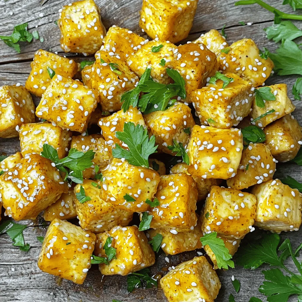 - 1 block (14 oz) firm tofu - 3 tablespoons honey (or agave syrup for vegan option) - 2 tablespoons Dijon mustard - 1 tablespoon soy sauce - 1 teaspoon garlic powder - 1 teaspoon smoked paprika - Olive oil - Salt and pepper to taste - 1 tablespoon sesame seeds (optional) - Fresh parsley, chopped (optional) To make Air Fryer Honey Mustard Tofu Bites, you need simple, fresh ingredients. Start with a block of firm tofu. This type holds its shape well and gives a nice bite. Pressing it removes extra water, which helps it absorb the marinade better. For the marinade, I love honey for its sweet touch. If you're vegan, swap honey for agave syrup. It gives the same sweetness without the bee products. Dijon mustard adds a tangy kick that pairs well with the sweet honey. Next, we have soy sauce. It adds depth and saltiness. Garlic powder brings warmth, while smoked paprika adds a nice smokey flavor. Olive oil helps everything stick and adds richness. Season with salt and pepper to taste. Garnishes like sesame seeds and fresh parsley add a finish that makes these bites pop. They’re optional but elevate the dish visually and tastefully. Enjoy gathering these ingredients; they set the stage for a delicious snack! First, drain the tofu to get rid of extra water. Wrap it in a clean kitchen towel or paper towels. Place a heavy object on top for at least 30 minutes. This step helps the tofu get firmer. When it's ready, cut the tofu into uniform bite-sized cubes. This ensures even cooking. Next, make the marinade. In a medium bowl, combine 3 tablespoons of honey, 2 tablespoons of Dijon mustard, and 1 tablespoon of soy sauce. Add 1 teaspoon of garlic powder and 1 teaspoon of smoked paprika. Whisk everything together until smooth. The mixture should blend nicely. Now, add the cubed tofu into the bowl with the marinade. Toss the tofu gently with a spatula. Make sure each cube is coated well. Cover the bowl with plastic wrap and let it sit at room temperature for at least 15 minutes. This allows the flavors to soak into the tofu. While the tofu marinates, preheat your air fryer to 375°F (190°C) for about 5 minutes. This step is key for crispiness. Once preheated, arrange the marinated tofu cubes in the air fryer basket, making sure they are in a single layer. Avoid overcrowding. Air fry for 12 to 15 minutes, shaking the basket halfway through. The tofu should turn golden brown and crispy. Tofu needs pressing to remove water. This makes it firmer. Wrap the tofu in a clean towel. Place something heavy on top for at least 30 minutes. This ensures crispiness when cooked. Avoid overcrowding in the air fryer. Give each tofu piece space. This helps them cook evenly. If they are too close, some will stay soft. You want all your bites to be crispy. Try adding more spices to the marinade. A pinch of cayenne can add heat. You can also try smoked paprika for more depth. Consider different dipping sauces too. A spicy mayo or ranch pairs well. You can also use extra honey mustard for a sweet kick. Adjust the cooking time for your preferred crispiness. If you like them extra crunchy, add a few more minutes. Watch the tofu closely near the end. You want it golden brown but not burnt. Shake the basket halfway through. This helps with even cooking and crisping. {{image_4}} You can easily make this dish vegan. Simply swap honey for agave syrup. Agave gives you that sweet touch without any animal products. You can also try different vegan sauces. Some tasty choices include maple syrup or coconut nectar. Each option brings a unique flavor profile that can elevate your tofu bites. While air frying is my go-to, you can bake the tofu bites in the oven. Preheat your oven to 400°F (200°C). Spread the marinated tofu on a baking sheet. Bake for about 25-30 minutes, flipping halfway. This method gives your tofu a crispy exterior, too! If you want those summer flavors, try grilling the tofu. Use skewers for easy handling. The grill adds a smoky taste that pairs well with honey mustard. Don’t hesitate to switch up the mustard varieties. Whole grain mustard adds texture and a mild taste. On the other hand, spicy mustard packs a punch, perfect for heat lovers. You can also add fresh herbs like thyme or basil. A little lemon zest or lime zest can brighten the dish, making each bite refreshing and vibrant. Experimenting with these flavors keeps your tofu bites exciting and new every time! Store any leftover tofu bites in an airtight container. This keeps them fresh and prevents them from drying out. You can refrigerate them for up to four days. Make sure the container is sealed well. When it’s time to enjoy the leftovers, you have a couple of choices. You can air fry them again or use a microwave. Air frying gives you that nice crispiness back. Set your air fryer to 350°F (175°C) and cook for about 5-7 minutes. If you use the microwave, heat them for 30-second intervals. This method may make them a bit softer. To freeze your prepared tofu bites, let them cool completely first. Arrange them in a single layer on a baking sheet. Place the sheet in the freezer for about an hour. Once they are solid, transfer them to a freezer-safe bag or container. This helps prevent them from sticking together. To thaw, simply move them to the fridge overnight. If you want a quicker option, you can microwave them for a few minutes. Reheat them in the air fryer for 8-10 minutes for that crispy texture. You can use soft tofu, but the texture will change. Soft tofu is mushy and won't hold its shape. Firm tofu gives you a nice crunch. It cooks better in the air fryer. If you want a sturdy bite, stick with firm tofu. To add heat, try these tips. Add red pepper flakes to the marinade. You can also mix in hot sauce or Sriracha. A dash of cayenne pepper works too. Adjust the spice level to suit your taste. This will give your tofu a nice kick! These tofu bites pair well with many sides. Try serving them with a fresh salad. You can also enjoy them with rice or quinoa. A dipping sauce like extra honey mustard is great too. They make a tasty snack or a light meal! These tofu bites stay fresh in the fridge for about 3 to 4 days. Store them in an airtight container. They may lose some crispiness over time. To bring back the crunch, just air fry them again for a few minutes. Enjoy your tasty bites longer! This blog post covered how to make delicious Air Fryer Honey Mustard Tofu Bites. We went through the key ingredients and seasonings, cooking steps, and tips to ensure great texture and flavor. Try different spices and dipping sauces to make this dish your own. Enjoy experimenting with variations and storage tips for a tasty, plant-based meal anytime. Tofu can be fun and flavorful with just a few easy steps!