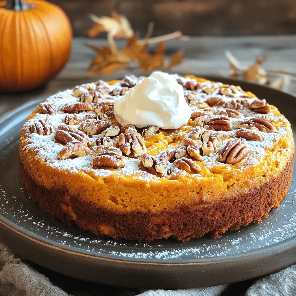 - 1 cup canned pumpkin puree - ½ cup granulated sugar - ¼ cup packed brown sugar - ½ cup vegetable oil - 2 large eggs, at room temperature I always start with canned pumpkin puree. It gives the cake a rich, smooth texture. Next, I mix granulated and brown sugars. This blend brings out the sweet flavor. Vegetable oil keeps the cake moist, and eggs help bind everything together. - ½ cup chopped pecans (plus additional for topping) - ¼ cup powdered sugar (for dusting) Chopped pecans add a nice crunch. They really enhance the flavor of the pumpkin. I like to dust the top with powdered sugar. It makes the cake look fancy and adds a sweet touch. - 1 ½ cups all-purpose flour - 1 teaspoon baking powder - 1 teaspoon baking soda - 1 teaspoon ground cinnamon - ½ teaspoon ground nutmeg - ¼ teaspoon salt All-purpose flour is key for structure. Baking powder and baking soda help the cake rise. Ground cinnamon and nutmeg bring warm, cozy flavors that scream fall. The salt balances the sweetness and enhances all the flavors. 1. Preheat the oven and prepare the cake pan. Set your oven to 350°F (175°C). Grab a 9-inch round cake pan. Grease it with butter or spray. For easy removal later, coat it with flour or line the bottom with parchment paper. 2. Mix the wet ingredients thoroughly. In a large bowl, add 1 cup of canned pumpkin puree, ½ cup of granulated sugar, ¼ cup of brown sugar, ½ cup of vegetable oil, 2 large eggs, and 1 teaspoon of vanilla extract. Whisk these until smooth. 1. Sift dry ingredients for even consistency. In another bowl, sift together 1 ½ cups of all-purpose flour, 1 teaspoon of baking powder, 1 teaspoon of baking soda, 1 teaspoon of ground cinnamon, ½ teaspoon of ground nutmeg, and ¼ teaspoon of salt. This helps mix them well. 2. Incorporate dry ingredients into the wet mixture. Gradually add the dry mix to the wet mixture. Stir gently until just combined. Be careful not to overmix; this keeps the cake light. 1. Pour batter into the prepared pan and add toppings. Pour the batter into your pan. Smooth the top with a spatula. Sprinkle some chopped pecans on top for crunch and looks. 2. Check for doneness and cooling instructions. Bake for 30 to 35 minutes. To check, insert a toothpick in the center. It should come out clean. Once done, let the cake cool in the pan for 10 minutes. Then, move it to a wire rack to cool completely. Dust the top with powdered sugar for a sweet finish. To make a light and fluffy cake, avoid overmixing the batter. When you stir the wet and dry ingredients, mix gently. You want to combine them, but not too much. A few lumps are fine. Overmixing makes the cake dense and heavy. Knowing when your cake is done is key. Insert a toothpick into the center. If it comes out clean, your cake is ready. If it has batter on it, bake a little longer. Keep a close eye on the time. For an elegant touch, serve your cake on a colorful plate. A nice plate makes the cake look extra special. You can also add a sprinkle of powdered sugar on top. This gives a sweet look and taste. Enhance the flavor with whipped cream or spices. A dollop of whipped cream adds creaminess. You could also dust some ground cinnamon or nutmeg on top. These flavors pair well with pumpkin. Use a 9-inch round cake pan for best results. A non-stick pan works great. It helps the cake come out easily after baking. Greasing and lining the pan with parchment paper also helps. Accurate measuring of ingredients is important. Use a scale for dry ingredients when possible. It ensures you have the right amounts. This makes a big difference in your cake's texture and taste. {{image_4}} You can make your pumpkin pecan coffee cake even better. Try adding spices like ginger or cloves. These spices add warmth and depth. You can also mix in chocolate chips or dried fruits. This gives the cake extra sweetness and fun texture. Each bite will surprise your taste buds. Want to make this cake gluten-free? Simply swap all-purpose flour for a gluten-free blend. Make sure it works well for baking. If you prefer a vegan cake, you can replace the eggs with flax eggs. Use 1 tablespoon of ground flaxseed mixed with 2.5 tablespoons of water for each egg. For the vegetable oil, you can use applesauce. This keeps it moist and light. Pair your cake with a hot cup of coffee or tea. The warm drink will enhance the flavors. You can also create a dessert platter. Add cookies, fruits, or a slice of pumpkin pie. This makes a lovely treat for gatherings. Your guests will enjoy the variety! To keep your pumpkin pecan coffee cake fresh, cool it first. Place it on a wire rack. After it cools, store it in an airtight container. This keeps moisture in and air out. If you don’t have a container, wrap it tightly in plastic wrap. Avoid storing it in the fridge as it can dry out. Want to save some for later? Cut the cake into slices. Wrap each slice in plastic wrap. Then place them in a freezer-safe bag. This helps keep the cake tasty. To thaw, take a slice out and leave it at room temperature. You can also use the microwave for a quick thaw. Just heat it for about 15 seconds. At room temperature, the cake lasts about three days. Look for signs of spoilage. If it smells off or has a strange texture, it’s best to toss it. Mold is another clear sign that the cake is no longer good. Enjoy this festive treat while it’s fresh! Can I use fresh pumpkin instead of canned? Yes, you can use fresh pumpkin. Cook the pumpkin first, then puree it. This makes a great substitute for canned pumpkin puree. How to adjust baking time for different pan sizes? For a larger pan, reduce the baking time. For a smaller pan, increase the time. Always check with a toothpick to see if the cake is done. What to do if the cake is too dense? If your cake is dense, it may be from overmixing. Next time, mix just until combined. Also, check your baking powder and baking soda for freshness. How to fix a cake that doesn’t rise properly? If your cake doesn’t rise, it may need more leavening agents. Ensure your baking powder and baking soda are not expired. Also, avoid opening the oven door too early. Suggested beverages to accompany the cake This cake pairs well with coffee or spiced chai. You can also enjoy it with a glass of apple cider. Links to related recipes or articles Explore other fall treats like apple crisp or pecan pie. These recipes complement pumpkin pecan coffee cake perfectly. This blog post covered how to bake a delicious pumpkin cake. You learned about essential and optional ingredients, like pumpkin puree and pecans. I shared step-by-step instructions, tips for perfecting your cake, and variations to try. Remember, baking is both a science and an art. Use these tips to impress your family and friends. With practice, you will master this recipe and create delightful treats every time. Enjoy baking and sharing your pumpkin cake!