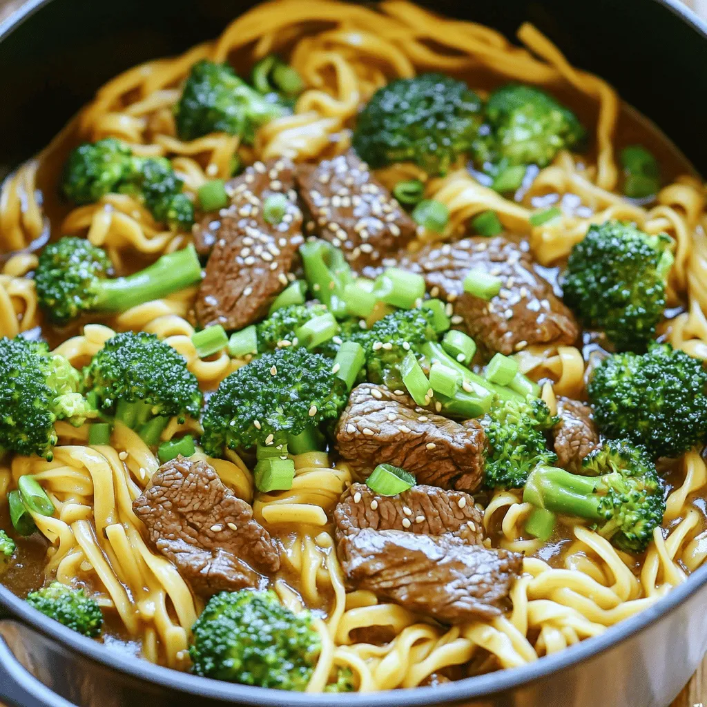 - 8 ounces egg noodles - 1 pound beef sirloin, thinly sliced against the grain - 2 cups fresh broccoli florets - 3 cloves garlic, finely minced - 1-inch piece ginger, finely grated - ¼ cup soy sauce - 2 tablespoons oyster sauce - 1 tablespoon sesame oil - 1 teaspoon cornstarch - ½ cup low-sodium beef broth - 2 tablespoons vegetable oil - 1 green onion, thinly sliced, for garnish - Sesame seeds, for garnish Each ingredient plays a big role in this dish. The egg noodles give a nice texture. Beef sirloin adds rich flavor and protein. Broccoli brings color and crunch. Garlic and ginger make the dish fragrant and tasty. The soy sauce and oyster sauce provide a savory base. Sesame oil adds a nutty touch. Cornstarch helps thicken the sauce. Low-sodium beef broth keeps it flavorful without being too salty. Finally, the green onion and sesame seeds are perfect for garnish. They add freshness and a little crunch to the dish. Use fresh ingredients for the best taste. - Caloric content per serving: About 400 calories - Breakdown of macronutrients: - Carbohydrates: 50 grams - Proteins: 30 grams - Fats: 15 grams This dish is balanced and filling. It offers good protein and carbs, making it a hearty meal. - Large pot or Dutch oven - Stirring spoon - Measuring cups and spoons These tools make cooking easy. A large pot helps you stir everything well. A spoon is great for mixing and serving. Measuring cups help you get the right amounts. Having these tools ready makes cooking smoother. - Start by slicing 1 pound of beef sirloin against the grain. This helps make the meat tender. - Measure out 8 ounces of egg noodles and 2 cups of fresh broccoli florets. - Mince 3 cloves of garlic and grate a 1-inch piece of ginger. - Gather ¼ cup soy sauce, 2 tablespoons oyster sauce, 1 tablespoon sesame oil, 1 teaspoon cornstarch, and ½ cup low-sodium beef broth. - Make sure you have everything ready before cooking. - In a large pot or Dutch oven, pour 2 tablespoons of vegetable oil and heat it over medium-high heat. - Once the oil is shimmering, add the sliced beef. Stir-fry it for about 3 to 4 minutes. - Look for a nice brown color on the beef. This browning adds great flavor. - When the beef is cooked, remove it from the pot and set it on a plate. - In the same pot, add the minced garlic and grated ginger. Sauté them for about 30 seconds. - Keep stirring to avoid burning. You want them fragrant, not burnt. - Next, toss in the broccoli florets and stir-fry for 2 to 3 minutes. - Watch for bright green color and tender-crisp texture. This keeps the broccoli fresh and tasty. - Return the cooked beef to the pot. Add the egg noodles, soy sauce, oyster sauce, sesame oil, cornstarch, and beef broth. - Stir everything together until well combined. This is where the magic happens. - Cover the pot and reduce the heat to medium. Let it simmer for 5 to 7 minutes. - Stir occasionally to prevent sticking. This lets the noodles soak up all the flavors. - Once the noodles are tender, remove the pot from the heat. Let it rest for a few minutes. - Just before serving, garnish with thinly sliced green onions and a sprinkle of sesame seeds. - Serve in large bowls, ensuring each bowl has a good mix of beef, broccoli, and noodles. Enjoy! To boost the taste of your beef and broccoli noodles, try adding fresh herbs. Chopped cilantro or basil can add brightness. You can also mix in a splash of rice vinegar. This offers a tangy kick. If you like spice, consider adding chili flakes or sriracha. These elevate the dish and make it exciting. You can swap egg noodles for rice noodles or whole wheat noodles. If using rice noodles, soak them in warm water first. They cook faster than egg noodles. Whole wheat noodles add fiber but may need a minute longer to soften. Always check the package for specific cooking times. This way, you get the right texture without overcooking. To make your beef tender, slice it thinly against the grain. This helps break down the muscle fibers. You can also marinate the beef in soy sauce for 15-30 minutes. Adding a bit of cornstarch to the marinade helps create a nice crust when cooking. If you're short on time, a quick sear in hot oil helps keep the beef juicy. {{image_4}} You can easily change this dish by adding more veggies. Bell peppers, carrots, or snap peas are great choices. Just slice them thinly. Toss them in with the broccoli while stir-frying. This keeps the flavors bright and adds crunch. You can even use frozen vegetables if you're short on time. They work well and save prep time. Want to switch up the protein? Try chicken, tofu, or shrimp instead of beef. For chicken, use thin slices of breast or thigh. Tofu is a fantastic plant-based option. Press it to remove moisture, then cube it. For shrimp, use large, peeled shrimp. Add them in the last few minutes of cooking. This way, the protein stays juicy and tender. Making this dish gluten-free is simple. Use gluten-free soy sauce or tamari. For noodles, swap egg noodles with rice noodles or zucchini noodles. Zucchini noodles, or "zoodles," are low-carb and add a fresh taste. If using rice noodles, soak them beforehand according to package instructions. This ensures they cook perfectly in the one pot. To keep your One-Pot Beef & Broccoli Noodles fresh, you should store leftovers in airtight containers. Glass containers are great because they do not absorb odors. They also last longer without stains. Plastic containers can work too, but avoid using them for hot foods. Let your dish cool before sealing it. This helps keep moisture out. Label the container with the date to remember when you made it. When you reheat your noodles, do so gently. The microwave works well, but use a lower power setting. Stir the noodles halfway through to heat them evenly. You can also reheat them on the stove. Add a splash of water or broth to keep them moist. This helps the noodles stay tender and not sticky. Yes, you can freeze this dish! To freeze, let it cool completely first. Then, place it in a freezer-safe container. Make sure to leave some space for expansion. This helps avoid spills. When you want to eat it, take it out and thaw in the fridge overnight. You can also use the microwave for a quicker thaw. After thawing, reheat it gently as mentioned above. Enjoy your meal later with great flavor! Yes, you can prep ahead. Cook the beef and set it aside. Chop the broccoli and mince the garlic and ginger. Store these in the fridge until you're ready to cook. You can also cook the dish entirely, let it cool, and store it in an airtight container. Just reheat when you're ready to eat. This dish lasts about 3 to 4 days in the fridge. Make sure to keep it in an airtight container to maintain its freshness. If you notice any off smell or change in color, it's best to toss it. Absolutely! To add spice, sprinkle in some chili flakes or drizzle sriracha. You can also add sliced jalapeños or a dash of hot sauce to the beef while it cooks. Adjust the amount based on your heat preference. This recipe pairs well with simple sides. You can serve it with a light salad or steamed dumplings. For an Asian twist, try spring rolls or sesame green beans. Each of these complements the rich flavors of the noodles perfectly. You have everything you need to make a tasty One-Pot Beef & Broccoli Noodles dish. We covered the key ingredients, like egg noodles and beef, along with steps for prep and cooking. Remember to enhance flavors and try new veggies or proteins for variation. Storing leftovers and reheating properly helps you enjoy this meal later. Cooking can be fun and simple, and this recipe proves it. Enjoy your cooking adventure and make this dish your own!