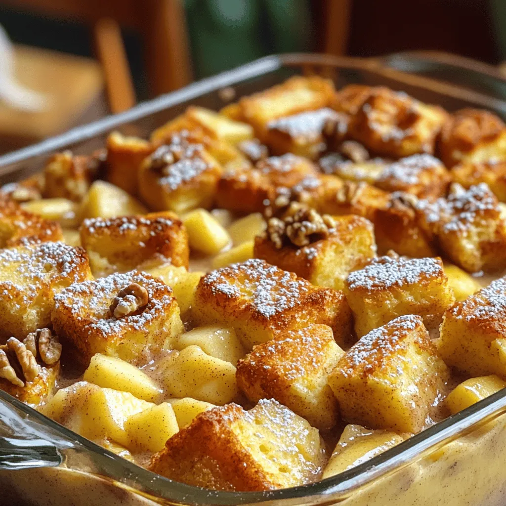- 1 loaf of day-old bread (preferably challah or brioche), cut into bite-sized cubes - 3 medium apples, peeled, cored, and diced into small pieces - 4 large eggs - 2 cups whole milk - 1 cup heavy cream - ½ cup packed brown sugar - ½ cup chopped walnuts (optional for added crunch) - Powdered sugar for a gentle dusting (optional, for serving) - 1 tablespoon ground cinnamon - ¼ teaspoon ground nutmeg - 2 teaspoons pure vanilla extract - ¼ teaspoon salt To make the Apple Cinnamon French Toast Casserole, you need a few key ingredients. First, use day-old bread, which absorbs the egg mixture well. I like challah or brioche for their rich taste. Fresh bread can get too soggy. Next, grab some apples. I prefer three medium apples, peeled and diced. They add sweetness and texture. Four large eggs give the custard its structure. Whole milk and heavy cream make it rich and creamy. Don’t forget the brown sugar for that sweet depth. For added crunch, consider using walnuts. They add a nice bite. If you want a sweet finish, powdered sugar can be dusted on top before serving. Spices bring the flavors to life. Cinnamon is a must; it pairs perfectly with apples. Nutmeg adds warmth. Vanilla extract gives a lovely aroma, while a pinch of salt balances the sweetness. These ingredients come together to create a comforting and delicious dish. - Preheat your oven to 350°F (175°C). - Grease a 9x13-inch casserole dish with butter or non-stick spray. - In a large bowl, whisk together: - 4 large eggs - 2 cups whole milk - 1 cup heavy cream - ½ cup packed brown sugar - 2 teaspoons pure vanilla extract - 1 tablespoon ground cinnamon - ¼ teaspoon ground nutmeg - ¼ teaspoon salt - Carefully fold in the bread cubes. Use 1 loaf of day-old bread, cut into bite-sized cubes. - Add 3 medium apples, peeled, cored, and diced. - If you like, mix in ½ cup chopped walnuts for crunch. - Spread this mixture evenly in the greased dish. - Cover the dish tightly with aluminum foil. Let it rest for 15 minutes at room temperature. - Place the casserole in the oven. Bake for 25 minutes covered. - Remove the foil and bake for another 15-20 minutes. Look for a golden-brown top. - Let it cool for about 5 minutes before serving. Dust with powdered sugar if you wish. Enjoy warm! For this casserole, I love using challah or brioche. Both breads are soft and sweet. They soak up the custard well. Day-old bread works best because it absorbs the mixture without falling apart. Fresh bread may become too soggy, so it's best to avoid it. To get the best texture, ensure every bread cube is soaked in custard. Gently fold the cubes into the egg mixture. Let it sit for 15 minutes before baking. This helps the bread absorb the custard. If you skip this step, the center may stay dry. To prevent sogginess, don’t over-soak the bread. You want it moist, not mushy. Use just enough custard to make it creamy. When serving, cut the casserole into squares. This makes it easy for everyone to grab a piece. You can garnish with extra diced apples or a dollop of whipped cream on top. A dusting of powdered sugar adds a sweet touch. It looks beautiful and tastes amazing! {{image_4}} You can make this dish even better by adding different fruits. Try using pears or berries. These fruits bring new tastes and colors. You can also mix in nuts or seeds. Chopped pecans or slivered almonds add a great crunch. If you need gluten-free options, use gluten-free bread. Look for bread made from rice or almond flour. For dairy-free alternatives, swap whole milk and cream for almond or oat milk. These changes keep your casserole tasty for everyone. Think about how you want to serve this dish. It works well for breakfast or dessert. You can serve it warm right out of the oven. If you prefer, you can also enjoy it cold. Cold slices are great for a quick snack. To keep your Apple Cinnamon French Toast Casserole fresh, store leftovers in an airtight container. This helps prevent drying out. The casserole will stay good in the fridge for about 3 to 4 days. You can freeze the casserole before or after baking. If you freeze it before, cover it tightly with foil. Bake it straight from the freezer, adding extra time to the bake. If frozen after baking, let it cool first. To reheat, thaw it in the fridge overnight. Then, bake at 350°F (175°C) until heated through. To keep the casserole fresh, cover it well with foil or plastic wrap. Avoid leaving it out for long periods. This will keep the flavors and texture just right. Always check for any signs of spoilage before serving leftovers. Yes, you can use fresh bread, but it may result in a soggy casserole. Day-old bread soaks up the liquid better and holds its shape. If you have fresh bread, dry it out slightly in the oven. Cut it into cubes and toast it at 300°F for about 10 minutes. The casserole is ready when the top is golden brown and the center is set. You can check for doneness by inserting a knife in the center. If it comes out clean, your casserole is done. It usually takes around 40 to 45 minutes total baking time. Yes, you can prepare it the night before. Just follow the recipe until you put it in the oven. Cover it and store it in the fridge. In the morning, let it sit at room temperature for about 15 minutes before baking. This makes breakfast easy and quick! This casserole is great on its own, but you can add sides for a full meal. Fresh fruit, yogurt, or whipped cream pair nicely. You might also serve it with maple syrup for extra sweetness. Absolutely! You can cut the recipe in half or double it. For smaller portions, use a smaller dish, like an 8x8-inch pan. For larger portions, just increase the baking time slightly. Adjust your cooking time based on the size of your dish. This blog covered how to make a delicious Apple Cinnamon French Toast Casserole. We explored key ingredients like day-old bread, apples, eggs, and spices. I shared simple steps for preparation, baking, and tips for perfect texture. You saw different ways to customize the dish and learned about storage. In the end, this casserole is easy to love, whether for breakfast or dessert. Enjoy making this tasty dish that your friends and family will adore.