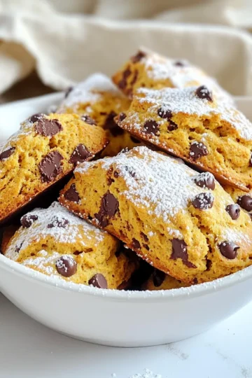 Here are the ingredients you need for pumpkin chocolate chip scones: - 2 cups all-purpose flour - ⅓ cup granulated sugar - 1 tablespoon baking powder - ½ teaspoon baking soda - ½ teaspoon salt - 1 teaspoon ground cinnamon - ½ teaspoon ground nutmeg - ¼ cup cold unsalted butter, cubed - ½ cup pumpkin puree - ¼ cup heavy cream - 1 large egg - 1 teaspoon vanilla extract - ½ cup semi-sweet chocolate chips - Extra sugar for sprinkling Each ingredient plays a key role in making these scones tasty. The flour gives structure, while the sugar adds sweetness. Baking powder and baking soda help the scones rise. The spices like cinnamon and nutmeg bring warmth and comfort, perfect for fall. Using cold butter is vital. It creates flaky layers in your scones. The pumpkin puree provides moisture and flavor, while the heavy cream adds richness. The egg binds everything together, and vanilla enhances the overall taste. Lastly, the chocolate chips offer delightful bursts of sweetness. Gather these items before starting. Having everything ready makes the process smooth and fun. Enjoy the delightful aroma as you bake these scones, filling your kitchen with the essence of fall! - Preheat the oven to 400°F (200°C) and line a baking sheet with parchment paper. - In a large mixing bowl, whisk together: - 2 cups all-purpose flour - ⅓ cup granulated sugar - 1 tablespoon baking powder - ½ teaspoon baking soda - ½ teaspoon salt - 1 teaspoon ground cinnamon - ½ teaspoon ground nutmeg - Add ¼ cup of cold unsalted butter, cubed, to the dry mix. Blend until it looks like coarse crumbs. - In a separate bowl, whisk together: - ½ cup pumpkin puree - ¼ cup heavy cream - 1 large egg - 1 teaspoon vanilla extract - Pour the pumpkin mixture into the dry mix. Stir gently until just moistened. Avoid overmixing to keep the scones tender. - Fold in ½ cup of semi-sweet chocolate chips until evenly mixed. - Turn the dough out onto a floured surface. Pat it down into a round disc, about 1-inch thick. - Use a sharp knife to slice the dough into 8 wedges. Place them on the prepared baking sheet. - Sprinkle some extra sugar on top of each scone for added sweetness. - Bake for 15-18 minutes, until golden brown. A toothpick should come out clean from the center. - Let the scones cool for a few minutes before transferring them to a wire rack. To get the best texture in your scones, follow these tips: - Use cold butter: Cold butter helps create flaky layers. Cut it into small cubes and mix it well. - Do not overmix: When you combine wet and dry ingredients, mix until just combined. Overmixing makes scones tough. When folding in chocolate chips, be gentle. Here’s how: - Add chips last: After you mix the wet and dry ingredients, fold in the chocolate chips. - Use a spatula: Gently fold until chips are evenly spread. This way, they won’t break apart. For a beautiful presentation, serve your scones warm. Here are some ideas: - Use a platter: Arrange scones on a rustic wooden platter. This adds charm to your table. - Garnish: Add a few cinnamon sticks or decorative leaves around the scones. Pair your pumpkin chocolate chip scones with these drinks: - Coffee or tea: A warm cup of coffee or spiced chai works great. - Hot cocoa: For a sweet treat, serve with a rich hot cocoa. These tips will help you enjoy your scones to the fullest! {{image_4}} You can boost the flavor of your pumpkin chocolate chip scones with fun additions. Try adding spices like ginger or allspice. These spices give a warm, cozy taste. You can also use extracts like almond or maple. A splash of these will surprise your taste buds. If you want to change the chocolate chips, go for different mix-ins. Dried cranberries or walnuts can add a nice crunch and tang. For a twist, use white chocolate chips or butterscotch chips. These small changes can make your scones unique. If you need gluten-free scones, swap all-purpose flour with a gluten-free blend. Many brands work great in baking. Just check that it has a good binding agent, like xanthan gum. This will help keep your scones fluffy and light. For vegan options, you can replace butter with coconut oil or vegan butter. Use a flax egg instead of a regular egg. To make a flax egg, mix one tablespoon of ground flaxseed with three tablespoons of water. Let it sit until it thickens. These simple swaps make it easy to enjoy tasty scones while keeping your diet in mind. To keep your pumpkin chocolate chip scones fresh, store them in an airtight container. Place a piece of wax paper between layers to prevent sticking. They will stay fresh for about three days at room temperature. If you want to enjoy them warm, reheat them in the oven. Set your oven to 350°F (175°C) and heat for about 5-7 minutes. This will make them taste fresh and warm again. If you want to save scones for later, freezing is a great option. Wrap each scone in plastic wrap, then place them in a freezer bag. They will last up to three months in the freezer. When you are ready to eat, take them out and let them thaw at room temperature. For a warm treat, reheat them in the oven as mentioned before. Enjoy these delightful scones whenever you crave a taste of fall! Can I use fresh pumpkin instead of canned? Yes, you can use fresh pumpkin. Just make sure to roast it and puree it well. Fresh pumpkin may have a different moisture level. This can affect the texture of your scones. Adjust other wet ingredients as needed for balance. How can I prevent scones from being dry? To keep scones moist, don’t overmix the dough. Mix until just combined. Cold butter is key; it helps create steam during baking. Also, consider adding more pumpkin puree or cream for extra moisture. What can I substitute for heavy cream? You can use milk or a non-dairy milk. If you want a richer flavor, blend milk with a little butter. This gives you a cream-like texture. How do I know when my scones are done baking? Your scones are done when they turn golden brown. A toothpick inserted should come out clean. If it's wet, bake a few more minutes. Keep an eye on them! Can I make the dough ahead of time? Absolutely! You can chill the dough for up to 24 hours. Wrap it tightly and store it in the fridge. When ready to bake, just slice and bake as usual. You learned how to make delicious scones with simple steps. We covered the key ingredients, mixing methods, and baking times. I shared tips for perfecting texture and serving ideas. You can even explore fun variations for dietary needs. Remember to store leftover scones properly to keep them fresh. Enjoy your baking and impress your friends with these tasty treats! Happy baking!