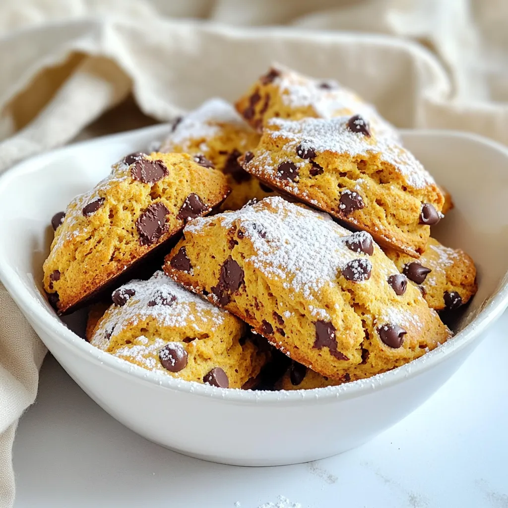 Here are the ingredients you need for pumpkin chocolate chip scones: - 2 cups all-purpose flour - ⅓ cup granulated sugar - 1 tablespoon baking powder - ½ teaspoon baking soda - ½ teaspoon salt - 1 teaspoon ground cinnamon - ½ teaspoon ground nutmeg - ¼ cup cold unsalted butter, cubed - ½ cup pumpkin puree - ¼ cup heavy cream - 1 large egg - 1 teaspoon vanilla extract - ½ cup semi-sweet chocolate chips - Extra sugar for sprinkling Each ingredient plays a key role in making these scones tasty. The flour gives structure, while the sugar adds sweetness. Baking powder and baking soda help the scones rise. The spices like cinnamon and nutmeg bring warmth and comfort, perfect for fall. Using cold butter is vital. It creates flaky layers in your scones. The pumpkin puree provides moisture and flavor, while the heavy cream adds richness. The egg binds everything together, and vanilla enhances the overall taste. Lastly, the chocolate chips offer delightful bursts of sweetness. Gather these items before starting. Having everything ready makes the process smooth and fun. Enjoy the delightful aroma as you bake these scones, filling your kitchen with the essence of fall! - Preheat the oven to 400°F (200°C) and line a baking sheet with parchment paper. - In a large mixing bowl, whisk together: - 2 cups all-purpose flour - ⅓ cup granulated sugar - 1 tablespoon baking powder - ½ teaspoon baking soda - ½ teaspoon salt - 1 teaspoon ground cinnamon - ½ teaspoon ground nutmeg - Add ¼ cup of cold unsalted butter, cubed, to the dry mix. Blend until it looks like coarse crumbs. - In a separate bowl, whisk together: - ½ cup pumpkin puree - ¼ cup heavy cream - 1 large egg - 1 teaspoon vanilla extract - Pour the pumpkin mixture into the dry mix. Stir gently until just moistened. Avoid overmixing to keep the scones tender. - Fold in ½ cup of semi-sweet chocolate chips until evenly mixed. - Turn the dough out onto a floured surface. Pat it down into a round disc, about 1-inch thick. - Use a sharp knife to slice the dough into 8 wedges. Place them on the prepared baking sheet. - Sprinkle some extra sugar on top of each scone for added sweetness. - Bake for 15-18 minutes, until golden brown. A toothpick should come out clean from the center. - Let the scones cool for a few minutes before transferring them to a wire rack. To get the best texture in your scones, follow these tips: - Use cold butter: Cold butter helps create flaky layers. Cut it into small cubes and mix it well. - Do not overmix: When you combine wet and dry ingredients, mix until just combined. Overmixing makes scones tough. When folding in chocolate chips, be gentle. Here’s how: - Add chips last: After you mix the wet and dry ingredients, fold in the chocolate chips. - Use a spatula: Gently fold until chips are evenly spread. This way, they won’t break apart. For a beautiful presentation, serve your scones warm. Here are some ideas: - Use a platter: Arrange scones on a rustic wooden platter. This adds charm to your table. - Garnish: Add a few cinnamon sticks or decorative leaves around the scones. Pair your pumpkin chocolate chip scones with these drinks: - Coffee or tea: A warm cup of coffee or spiced chai works great. - Hot cocoa: For a sweet treat, serve with a rich hot cocoa. These tips will help you enjoy your scones to the fullest! {{image_4}} You can boost the flavor of your pumpkin chocolate chip scones with fun additions. Try adding spices like ginger or allspice. These spices give a warm, cozy taste. You can also use extracts like almond or maple. A splash of these will surprise your taste buds. If you want to change the chocolate chips, go for different mix-ins. Dried cranberries or walnuts can add a nice crunch and tang. For a twist, use white chocolate chips or butterscotch chips. These small changes can make your scones unique. If you need gluten-free scones, swap all-purpose flour with a gluten-free blend. Many brands work great in baking. Just check that it has a good binding agent, like xanthan gum. This will help keep your scones fluffy and light. For vegan options, you can replace butter with coconut oil or vegan butter. Use a flax egg instead of a regular egg. To make a flax egg, mix one tablespoon of ground flaxseed with three tablespoons of water. Let it sit until it thickens. These simple swaps make it easy to enjoy tasty scones while keeping your diet in mind. To keep your pumpkin chocolate chip scones fresh, store them in an airtight container. Place a piece of wax paper between layers to prevent sticking. They will stay fresh for about three days at room temperature. If you want to enjoy them warm, reheat them in the oven. Set your oven to 350°F (175°C) and heat for about 5-7 minutes. This will make them taste fresh and warm again. If you want to save scones for later, freezing is a great option. Wrap each scone in plastic wrap, then place them in a freezer bag. They will last up to three months in the freezer. When you are ready to eat, take them out and let them thaw at room temperature. For a warm treat, reheat them in the oven as mentioned before. Enjoy these delightful scones whenever you crave a taste of fall! Can I use fresh pumpkin instead of canned? Yes, you can use fresh pumpkin. Just make sure to roast it and puree it well. Fresh pumpkin may have a different moisture level. This can affect the texture of your scones. Adjust other wet ingredients as needed for balance. How can I prevent scones from being dry? To keep scones moist, don’t overmix the dough. Mix until just combined. Cold butter is key; it helps create steam during baking. Also, consider adding more pumpkin puree or cream for extra moisture. What can I substitute for heavy cream? You can use milk or a non-dairy milk. If you want a richer flavor, blend milk with a little butter. This gives you a cream-like texture. How do I know when my scones are done baking? Your scones are done when they turn golden brown. A toothpick inserted should come out clean. If it's wet, bake a few more minutes. Keep an eye on them! Can I make the dough ahead of time? Absolutely! You can chill the dough for up to 24 hours. Wrap it tightly and store it in the fridge. When ready to bake, just slice and bake as usual. You learned how to make delicious scones with simple steps. We covered the key ingredients, mixing methods, and baking times. I shared tips for perfecting texture and serving ideas. You can even explore fun variations for dietary needs. Remember to store leftover scones properly to keep them fresh. Enjoy your baking and impress your friends with these tasty treats! Happy baking!